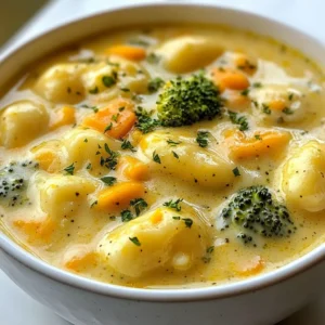 To make a rich Cheddar Gnocchi Soup, you need a few key veggies. Here’s what I use: - 1 small onion, diced - 2 cloves garlic, minced - 1 cup broccoli florets - 1 cup carrots, diced These veggies add flavor and color to the soup. They cook well together, creating a nice base. For cheese, I love using sharp cheddar. You will need 2 cups of shredded sharp cheddar cheese. This cheese brings a bold taste that makes the soup creamy and satisfying. You can find most of these items in your kitchen. Here’s a quick list for the soup: - 1 tablespoon olive oil - 3 cups vegetable broth - 2 cups milk The olive oil helps to sauté the onion and garlic. The vegetable broth adds depth to the flavor, while the milk helps to make the soup creamy. For the final touch, I use fresh parsley. You will need 1 tablespoon of chopped fresh parsley for garnish. It adds a pop of green and a fresh taste. Don’t forget to season the soup with salt, pepper, and 1 teaspoon of thyme. These spices brighten the flavors and make the soup even better. {{ingredient_image_1}} Start by chopping your vegetables. You will need to dice one small onion and mince two cloves of garlic. Next, get one cup of broccoli florets ready. Cut up one cup of diced carrots too. Finally, gather your other ingredients: potato gnocchi, vegetable broth, milk, and sharp cheddar cheese. Measure everything out so you have it handy when you start cooking. In a large pot, heat one tablespoon of olive oil over medium heat. Add the diced onion and sauté for about three to four minutes until it turns translucent. Then, stir in the minced garlic and cook it for one more minute. This will make your kitchen smell amazing! Next, add three cups of vegetable broth to the pot and bring it to a simmer. Once it's bubbling, toss in the diced carrots and broccoli florets. Let these cook for about five to seven minutes until they are tender. After that, add one pound of potato gnocchi. Cook the gnocchi according to the package instructions, which should take about two to three minutes. Now, lower the heat to low. Slowly pour in two cups of milk while stirring. This will give the soup its creamy texture. Gradually add two cups of shredded sharp cheddar cheese, stirring continuously until it is melted and smooth. This step is key to making your soup rich and cheesy! To finish, season the soup with one teaspoon of thyme, salt, and pepper to taste. Allow it to warm through for another two to three minutes. This final step ensures all the flavors blend well. When ready, remove the pot from heat. Serve the soup hot and garnish each bowl with a sprinkle of fresh parsley for a pop of color and flavor. Enjoy a warm, comforting bowl of cheddar gnocchi soup! To make your soup smooth, stir gently as you cook. Use low heat when adding the milk and cheese. This keeps the soup creamy and helps the cheese melt well. If you boil it, the cheese may clump. Stir until the cheese is fully mixed. This will give you that perfect creamy texture! Sharp cheddar is the star of this soup, but you can mix it up! Try Gruyère for a nutty flavor. Parmesan adds a salty note. Cream cheese can make it richer and creamier. Experiment with different cheeses to find your favorite blend. Just remember to shred your cheese for easy melting. You can swap out veggies to change the flavor profile. Spinach or kale can add a fresh twist. Zucchini or bell peppers work well too. Even peas can bring a sweet note to your soup. Adjust the veggies based on what you like or what you have on hand. This makes the soup flexible and fun! Pro Tips Use Fresh Ingredients: Fresh vegetables enhance the flavor and texture of your soup, making it more vibrant and delicious. Customize the Cheese: Experiment with different types of cheese, such as Gruyère or Monterey Jack, for a unique twist on the classic cheddar flavor. Thickening the Soup: For a creamier texture, blend a portion of the soup and stir it back in, or add a cornstarch slurry before adding the cheese. Seasoning is Key: Taste and adjust the seasoning throughout the cooking process to ensure a well-balanced flavor in your soup. {{image_2}} You can make this soup heartier by adding protein. Chicken or sausage works well. If you choose chicken, use cooked, shredded chicken. Stir it in after adding the gnocchi. For sausage, slice it and brown it in the pot. Then, add it before the garlic. Both options add flavor and make the soup more filling. If you want a plant-based version, there are simple swaps. Use vegetable broth and a non-dairy milk for the base. Almond or oat milk works great. For cheese, try using vegan cheddar shreds. They melt nicely and give a similar taste. This way, you can enjoy the creamy texture without dairy. To boost flavor, add fresh herbs and spices. Try rosemary or basil for a twist. A pinch of red pepper flakes adds warmth. You can also squeeze in some lemon juice for brightness. Experiment and find what you love. These additions will elevate your soup and keep it exciting. Store leftover cheddar gnocchi soup in an airtight container. Let it cool before sealing. Place it in the fridge. It will stay fresh for up to three days. To reheat, pour the soup into a pot. Heat it on medium-low, stirring often. You can also use a microwave. Heat it in short intervals, stirring in between. Add a splash of milk if it seems too thick. Freezing soup is easy. First, let it cool completely. Then, use freezer-safe containers or bags. Leave some space at the top for expansion. Label the containers with the date. The soup can freeze well for up to three months. When ready to eat, thaw it in the fridge overnight. Reheat it on the stove or microwave. In the fridge, your cheddar gnocchi soup is good for three days. If you freeze it, you can enjoy it for three months. After that, it may lose flavor and texture. Always check for off smells or changes before using. Yes, you can make Cheddar Gnocchi Soup ahead of time. To do this, follow these tips: - Cook the soup as directed but stop before adding the cheese. - Let the soup cool, then store it in an airtight container in the fridge. - When ready to serve, reheat the soup on the stove. - Add the cheese and stir until melted and smooth. This way, the soup stays fresh and creamy. To make Cheddar Gnocchi Soup gluten-free, you have a few options: - Use gluten-free gnocchi made from rice, potato, or other gluten-free flours. - Check your vegetable broth to ensure it is gluten-free. - Use cornstarch or a gluten-free flour blend if you want to thicken the soup. These simple swaps keep the flavor and texture while making it safe for gluten-sensitive diets. Cheddar Gnocchi Soup pairs well with various side dishes. Here are some suggestions: - A fresh garden salad with a light vinaigrette. - Crusty bread or garlic bread for dipping. - Roasted vegetables like asparagus or Brussels sprouts. These sides complement the creamy soup and enhance your meal experience. This blog post covered how to make a delicious Cheddar Gnocchi Soup. We explored main ingredients like veggies, sharp cheddar, and pantry staples. I shared preparation steps, cooking methods, and final touches for the perfect bowl. You also learned tips for better texture and flavor, along with variations to suit your taste. Finally, proper storage methods helped ensure your soup stays fresh. Now, try this recipe, make it your own, and enjoy every warm spoonful.
