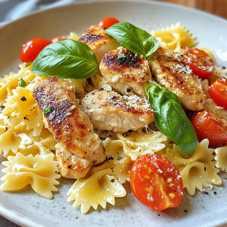 - 2 boneless, skinless chicken breasts - 8 ounces of farfalle pasta (or preferred pasta) - 1 cup heavy cream - 1 cup grated Parmesan cheese - 2 cloves garlic, minced - 1 tablespoon olive oil - 1 cup cherry tomatoes, halved - 1 teaspoon Italian seasoning - Salt and pepper to taste - Fresh basil leaves for garnish To start, boil water in a large pot. Add salt to the water. Next, add the farfalle pasta. Cook it until it is al dente, which means it should still have a little bite. This usually takes about 8-10 minutes. Once done, drain the pasta, but save about ½ cup of the pasta water for later. While your pasta cooks, it's time to work on the chicken. Season the chicken breasts with salt, pepper, and Italian seasoning. Heat olive oil in a large pan over medium heat. Place the chicken in the pan. Cook for 6-7 minutes on each side until it turns golden brown and reaches 165°F (75°C). This ensures it is safe to eat. After cooking, let the chicken rest for a few minutes before slicing it into strips. In the same pan, add the minced garlic. Sauté it for about 30 seconds until it smells good. Then, pour in the heavy cream and let it gently simmer. Add the grated Parmesan cheese to the cream. Stir until it melts and becomes creamy. If the sauce is too thick, mix in some reserved pasta water to get it just right. Now it’s time to bring everything together. Add the cooked pasta and sliced chicken into the sauce. Toss everything gently to coat each piece well. Next, fold in the halved cherry tomatoes. This will warm them slightly and add a nice touch to the dish. When plating, make sure to create a nice mound of the pasta and chicken mix. Finally, garnish with fresh basil leaves for a pop of color and flavor. This dish not only tastes great but looks beautiful too! {{ingredient_image_1}} - Ensuring proper cooking temperatures: Cook the chicken until it reaches 165°F. This keeps it safe and juicy. Use a meat thermometer for accuracy. - Alternative cooking methods: You can grill or bake the chicken. Grilling adds a smoky flavor, while baking keeps it moist. - Adjusting thickness with pasta water: If your sauce is too thick, add some reserved pasta water. This keeps it creamy and helps it cling to pasta. - Substituting for lighter sauces: Try using half-and-half instead of heavy cream. This gives lighter flavor while still being rich. - Suggestions for additional spices: Add a pinch of red pepper flakes for heat. Fresh herbs like parsley or thyme can brighten the dish. - Using different cheeses: Experiment with asiago or pecorino cheese. They add unique tastes and richness to your meal. You can add seasonal vegetables to make this dish even better. Try adding spinach, zucchini, or bell peppers. These veggies add color and nutrition. You can also replace chicken with shrimp or tofu for a different taste. Both options work well with the creamy sauce. While Parmesan cheese shines in this dish, you can explore other cheeses too. Try using mozzarella for a melty texture or goat cheese for a tangy taste. Mixing cheeses can create a gourmet flavor. A blend of cheddar and Parmesan can also add a nice twist. If you need a gluten-free meal, you can choose gluten-free pasta. Many types are available, like rice or chickpea pasta. Make sure to read labels to ensure they fit your needs. Also, check sauces and seasoning for gluten. Simple swaps let everyone enjoy this meal. Pro Tips Use Fresh Ingredients: Fresh basil and ripe cherry tomatoes enhance the flavor of your dish significantly, so opt for fresh over dried whenever possible. Perfectly Cooked Chicken: To ensure your chicken is juicy, let it rest after cooking. This allows the juices to redistribute, making each bite tender. Customize the Pasta: Feel free to substitute the farfalle pasta with your favorite type; just adjust the cooking time according to the package instructions. Don’t Skip the Pasta Water: Adding reserved pasta water to your sauce can help achieve the perfect creamy consistency, so don’t throw it out! {{image_2}} To keep your Parmesan chicken pasta fresh, place it in an airtight container. Make sure to let it cool first before sealing it. This helps avoid steam build-up, which can make it soggy. You can store it in the fridge for up to 3 days. After that, the flavors may fade, and it won't taste as good. When it's time to enjoy the leftovers, you can reheat the pasta on the stove or in the microwave. If you use the stove, add a splash of water or extra cream to keep the sauce moist. Stir gently over low heat until it's warm. If you use the microwave, cover the dish with a lid or wrap to trap steam. This will help keep it from drying out. To freeze the dish, first let it cool completely. Then, place it in a freezer-safe container. You can also use freezer bags, but make sure to squeeze out the air. Label the container with the date. You can freeze it for up to 3 months. When you're ready to eat it, thaw it in the fridge overnight. Reheat it using the stove or microwave, adding a bit of cream or water to keep the sauce creamy. Parmesan Chicken Pasta is a creamy dish that combines chicken and pasta. The recipe uses farfalle pasta, which looks like little bows. You cook the pasta until it's just right, then mix it with tender chicken. The sauce is made with heavy cream and lots of grated Parmesan cheese. Garlic and Italian seasoning add great flavor. This dish is rich, tasty, and perfect for a family meal. Yes, you can make this dish ahead of time. Cook the pasta and chicken as the recipe states. Let them cool before storing them in the fridge. Keep the sauce in a separate container. When you're ready to eat, just reheat everything. You can add a splash of pasta water to the sauce to make it creamy again. This way, you save time on busy days. Several sides go well with this pasta. Here are some ideas: - A simple green salad adds freshness. - Garlic bread is great for soaking up the sauce. - Roasted vegetables add color and taste. - Steamed broccoli gives a nice crunch. These sides balance the richness of the pasta and make a complete meal. Absolutely! You can use any pasta shape you like. Some popular options include: - Penne or rigatoni for a fun twist. - Spaghetti for a classic feel. - Gluten-free pasta if needed. Each type will change the dish's texture, but the flavors will still shine. To make Parmesan Chicken Pasta healthier, try these tips: - Use whole wheat or veggie pasta for more fiber. - Swap heavy cream with Greek yogurt or a lighter cream. - Add extra vegetables like spinach or bell peppers. These changes can lower calories and boost nutrients while keeping the dish delicious. This blog post shared a tasty recipe for Parmesan chicken pasta. You learned about key ingredients, cooking steps, and storage tips. Remember, you can easily customize this dish by adding veggies or changing the cheese. Feel free to experiment with flavors and types of pasta. Whether you make it ahead or enjoy fresh, this meal fits into any weeknight dinner. Enjoy cooking and sharing this dish with friends and family. Your kitchen adventures start here!