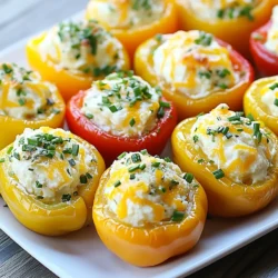 - 12 mini bell peppers, assorted colors - 8 oz cream cheese, softened - 1/2 cup shredded cheddar cheese - 2 tablespoons fresh chives, finely chopped - 1 tablespoon fresh parsley, finely chopped - 1 teaspoon garlic powder - 1/2 teaspoon onion powder - Salt and pepper to taste - 1/4 teaspoon cayenne pepper (optional for heat) Mini bell peppers come in many colors. You can find red, yellow, and orange ones. Each color has a sweet flavor. I love using a mix to make the dish look bright and fun. You can choose any color you like. The cream cheese is the star here. It gives a rich and creamy taste. Use full-fat cream cheese for the best flavor. Chives add a mild onion taste. They are fresh and green, which makes the dish pretty. Parsley brings a nice pop of color and freshness. If you want more heat, add the cayenne pepper. It gives a nice kick without being too spicy. You will need a few tools to make this dish. Here’s what you need: - Mixing bowl - Baking sheet - Parchment paper - Small spoon or piping bag A mixing bowl helps you blend the cream cheese mixture well. The baking sheet holds the stuffed peppers while they cook. Parchment paper makes for easy cleanup and keeps the peppers from sticking. A small spoon or piping bag helps you fill the peppers easily. Using these tools makes the process smooth and fun! {{ingredient_image_1}} Start by preheating your oven to 375°F (190°C). This step is key for cooking the peppers evenly. Next, take your mini bell peppers and cut off the tops. Be gentle when removing the seeds. This helps keep the peppers intact and ready for stuffing. Set them aside on a plate. In a mixing bowl, combine 8 oz of softened cream cheese with 1/2 cup of shredded cheddar cheese. Add 2 tablespoons of finely chopped chives and 1 tablespoon of finely chopped parsley. Sprinkle in 1 teaspoon of garlic powder, 1/2 teaspoon of onion powder, and salt and pepper to taste. If you like heat, add 1/4 teaspoon of cayenne pepper. Mix everything until it’s well blended and creamy. Now it's time to fill those peppers! Use a small spoon or piping bag to stuff each mini bell pepper with the cream cheese mixture. Don’t hold back; stuff them generously. This makes each bite flavorful and satisfying. Place the stuffed mini peppers on a baking sheet lined with parchment paper. This keeps the peppers from sticking and makes cleanup easy. Bake them in the preheated oven for 15-20 minutes. You want the peppers to become tender and the cheese to turn slightly golden. Once done, take them out and let them cool for a few minutes. This step helps prevent burns when you take that first bite. Arrange your stuffed mini peppers on a nice platter. A sprinkle of fresh herbs on top adds a pop of color. Serve them warm, and watch them vanish at your gathering. These peppers make a perfect appetizer or snack. You can pair them with a dipping sauce if you like. They are sure to impress your guests! When picking mini peppers, look for bright colors. Choose peppers that feel firm and smooth. Avoid any with soft spots or wrinkles. The colors range from red to yellow to orange. Each color has a slightly different taste. Red peppers are sweet, while green ones can be more bitter. Mix colors for a beautiful dish. To make a great filling, start with softened cream cheese. This helps it blend smoothly. Add shredded cheddar cheese for a richer flavor. Fresh herbs like chives and parsley add freshness. Use garlic powder and onion powder for extra taste. Adjust salt and pepper to your liking. If you want a kick, add a bit of cayenne pepper. Mix everything until it’s creamy and well combined. Presentation matters when serving your stuffed peppers. Arrange them on a colorful platter. A sprinkle of fresh herbs on top adds a nice touch. Serve them warm to keep the flavors bold. You can also use small bowls for dipping sauces. This makes it fun for guests to enjoy. Bright colors and a simple layout catch the eye. Pro Tips Choose Colorful Peppers: Using a mix of red, yellow, and orange mini bell peppers not only enhances visual appeal but also adds subtle flavor variations to your dish. Experiment with Cheese: Feel free to mix different cheeses like feta or goat cheese into the filling for a unique twist on flavor and texture. Make Ahead: Prepare the stuffed peppers a day in advance and store them in the refrigerator. Just bake them before serving for a quick and easy appetizer. Adjust Spice Levels: If you're catering to a crowd, keep the cayenne pepper optional. You can serve some with and some without to accommodate different spice preferences. {{image_2}} You can get creative with your stuffing. Try mixing different cheeses for a fun twist. Here are a few ideas: - Goat cheese adds a tangy flavor. - Feta cheese brings a salty bite. - Blue cheese gives a bold taste. - Ricotta cheese makes it creamy and light. Mix these cheeses with the cream cheese base. You can also add herbs like dill or basil for extra flavor. Experiment with spices like smoked paprika or cumin for a unique touch. If you like heat, try adding jalapeños to the cream cheese mix. Here’s how: - Finely chop 1-2 jalapeños and mix them in. - Add a dash more cayenne pepper for extra spice. You can also top the filled peppers with sliced jalapeños before baking. This will give a nice kick and a colorful look. Want a vegan version? Replace cream cheese with a plant-based cheese. Here’s a simple mix: - Use vegan cream cheese or blended silken tofu. - Add nutritional yeast for a cheesy flavor. You can still use the same herbs and spices. This way, you keep the flavor while making it dairy-free. Enjoy these tasty variations at your next gathering! Store any leftover cream cheese stuffed mini peppers in an airtight container. Keep them in the fridge for up to three days. If you want to keep them fresh, avoid stacking them. This will help them stay intact and tasty. To reheat, preheat your oven to 350°F (175°C). Place the mini peppers on a baking sheet. Heat them for about 10 minutes or until warm. You can also microwave them for about 30 seconds. Check them often to make sure they don’t get too hot. You can freeze the stuffed mini peppers for later use. First, let them cool completely. Then, place them in a single layer on a baking sheet. Freeze them for a few hours until firm. After that, transfer them to a freezer-safe bag. They will last for up to three months. When you’re ready to eat, thaw them in the fridge and reheat. Yes, you can prep these stuffed mini peppers ahead. Just fill the peppers and place them in the fridge. Cover them tightly to keep them fresh. You can make them a day before your event. When you're ready, bake them before serving. They will still taste great! To make a low-calorie version, you can use reduced-fat cream cheese. You can also swap the cheddar cheese for a lighter cheese. Adding more herbs, like chives and parsley, boosts flavor without many calories. Also, skip the cayenne pepper if you want to keep it mild. Some tasty dipping sauces for these stuffed peppers include ranch dressing, sour cream, or a spicy salsa. You can also try a yogurt-based dip for a healthy option. Each dip adds a new flavor to the peppers and makes them even more fun to eat! To wrap up, we covered the key aspects of making Cream Cheese Stuffed Mini Peppers. We explored the ingredients, cooking steps, and tips for a great dish. You learned about variations for taste and how to store any extras. These peppers are simple and fun for any meal. Remember, feel free to get creative with your fillings! Enjoy creating your own tasty versions of this dish.
