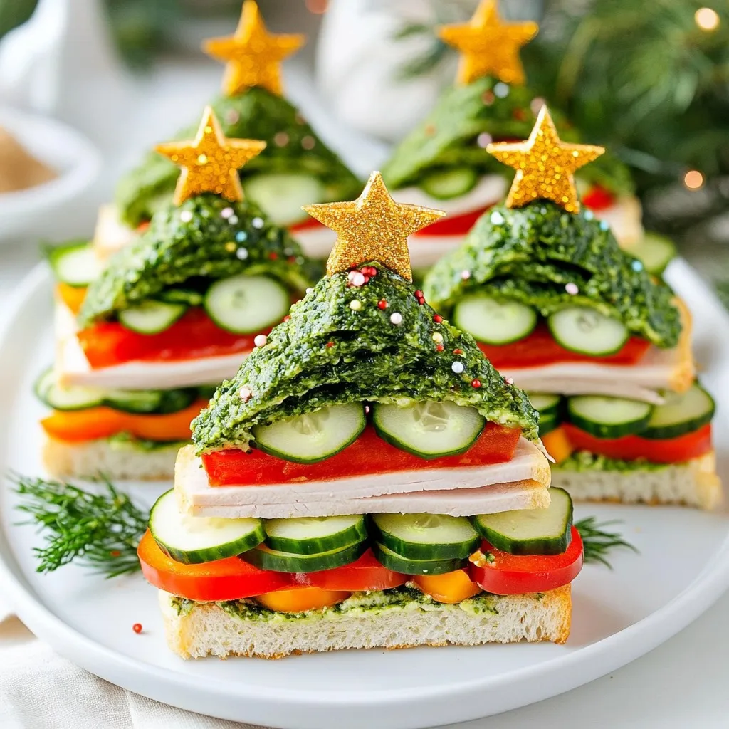 To make Christmas Tree Sandwiches, gather these main items: - 8 slices of whole grain bread - 4 ounces cream cheese, softened - 1 tablespoon fresh dill, chopped - 1/2 cup cucumber, thinly sliced - 1/2 cup roasted red pepper, sliced into strips - 1/2 cup cooked turkey or chicken slices - 1 cup spinach leaves - 1 tablespoon pesto - Edible glitter or star-shaped sprinkles for decoration These ingredients give you a tasty base for your fun treats. The whole grain bread adds health, while cream cheese gives creaminess. Fresh dill adds a nice herb flavor. Cucumber and red peppers add crunch and color. Turkey or chicken bring protein to the mix. Spinach adds nutrition and a nice green look. Pesto gives a unique touch, and glitter makes everything festive! You can easily change flavors and textures with these optional ingredients: - Sliced avocado for creaminess - Hummus for a different spread - Sliced olives for a briny kick - Shredded cheese for extra flavor Feel free to swap any of these into your sandwiches. Avocado adds a smooth taste. Hummus can replace cream cheese for a plant-based option. Olives are great for a salty bite, and cheese makes everything better! Want to switch things up? Try these fun variations: - Use different breads like rye or sourdough - Add roasted veggies for a hearty touch - Experiment with different meats like ham or roast beef - Try flavored cream cheese, like garlic or herb These changes let you create your own unique sandwich. Different breads can add a fun twist. Roasted veggies are great for extra flavor and health. Change up the meats for new tastes. Flavored cream cheese adds great depth and interest. Just have fun with it! {{ingredient_image_1}} First, grab 8 slices of whole grain bread. Using a Christmas tree-shaped cookie cutter, cut each slice into tree shapes. You will get two trees from each slice. That gives you 16 festive tree shapes. Set these aside for now. Next, take 4 ounces of softened cream cheese and put it in a mixing bowl. Add 1 tablespoon of fresh, chopped dill to the bowl. Mix these together until you have a smooth spread. This mixture will add a nice flavor to our sandwiches. Now it’s time to build our sandwiches. Take half of the tree shapes, which is 8 trees. Spread the dill cream cheese mixture on one side of these tree shapes. On top of the cream cheese, layer a few spinach leaves. Then, add slices of cucumber, roasted red pepper strips, and turkey or chicken slices. Finally, take the other half of the tree shapes and spread a thin layer of pesto on one side. Place these on top of the filled bases, cream cheese side down. This makes a fun sandwich tree! Arrange the finished sandwiches on a platter. Now for the fun part! Sprinkle edible glitter or star-shaped sprinkles on top of each sandwich tree. This adds a festive touch. If you want a neat look, trim the edges of the sandwiches. For a great presentation, stand the sandwiches upright. You can also add small decorative stars around them for extra cheer! When making Christmas tree sandwiches, use a sharp cookie cutter. Cut each slice of bread firmly to shape the trees. Aim for even cuts to keep the trees looking nice. You can get two trees from each slice. This makes it easy to have enough for everyone. If the bread tears, press gently to fix it. Keep the shapes close together for a neat look. Select fillings that add color and flavor. Cream cheese is a great base. Mix it with fresh dill for a tasty spread. You can add layers of spinach, cucumber, and roasted red peppers. These add crunch and freshness. For protein, choose turkey or chicken. You can swap these for other meats or even stay meatless. Keep in mind that mixing flavors makes each bite exciting. For a fun display, arrange the sandwiches upright on a platter. This creates a little forest of trees! Add small stars or edible ornaments around the base for a cheerful touch. You can also sprinkle edible glitter on top for a festive look. This makes the sandwiches not just tasty but also fun to see. Remember, we eat with our eyes first! Pro Tips Use Fresh Ingredients: Opt for fresh herbs and vegetables to enhance the flavor and presentation of your sandwiches. Layer Wisely: For the best texture and taste, layer your fillings strategically starting with leafy greens to absorb moisture. Make Ahead: Prepare the cream cheese spread and cut the bread shapes in advance to save time on the day of serving. Garnish Creatively: Enhance the festive look by adding edible glitter or colorful sprinkles sparingly for a delightful finishing touch. {{image_2}} You can easily make these sandwiches vegetarian. Swap turkey or chicken for more veggies. Try adding roasted mushrooms or sliced bell peppers for extra flavor. Avocado also works great. Make sure to use a cream cheese spread with herbs to enhance taste. For a gluten-free version, choose gluten-free bread. Many brands offer tasty options. You can still use all the same fillings. Just check that your spreads, like pesto and cream cheese, are gluten-free. This way, everyone can enjoy them. You can mix up the spreads and fillings for fun. Instead of cream cheese, try hummus or a veggie dip. For fillings, consider shredded carrots or zucchini. You can also use cheese slices or roasted vegetables. Get creative with different flavors to make each sandwich unique! To keep your Christmas tree sandwiches fresh, store them in an airtight container. Layer parchment paper between the sandwiches to avoid sticking. This keeps the fun shapes intact. Refrigerate the container right after making them. If you use any warm ingredients, let them cool first. These sandwiches last about two days in the fridge. After that, the bread can get soggy. Keep an eye on any fresh ingredients like cucumber and spinach. They may spoil faster than the other items. If you want to enjoy them warm, reheat in the oven. Preheat it to 350°F (175°C). Place the sandwiches on a baking sheet for about 5-10 minutes. This warms them up while keeping them crispy. Avoid using a microwave, as it can make the bread chewy. Yes, you can make Christmas Tree Sandwiches ahead of time. Prepare the sandwiches and store them in the fridge. Wrap them tightly in plastic wrap or place them in an airtight container. They stay fresh for up to two days. Just add the edible glitter or sprinkles right before serving for a festive touch. You can use many other themes for sandwich shapes. Try stars, snowflakes, or even gingerbread men. Cookie cutters come in many fun shapes. You can match your sandwich shapes to your party theme or season. Kids love fun shapes, so this is a great way to make lunch exciting. To enhance the flavors of the cream cheese spread, mix in herbs, spices, or other flavors. Add garlic powder for a savory kick. You can also mix in chopped olives or sun-dried tomatoes for a twist. A squeeze of lemon juice adds freshness. Experiment with different flavors to find what you like best. Yes, there are kid-friendly versions of this recipe. Use plain cream cheese for picky eaters. You can swap out turkey for ham or use just cheese. Add fun colors to the sandwiches with different veggies. Kids can help with the decorating, making it a fun activity. Creating Christmas Tree Sandwiches is fun and easy. We covered main and optional ingredients, step-by-step prep, and tips for design. You can customize with variations like vegetarian or gluten-free. Remember to store any leftovers properly and know how long they stay fresh. In the end, these sandwiches can bring joy to your holiday meals. Try them out at your next gathering!