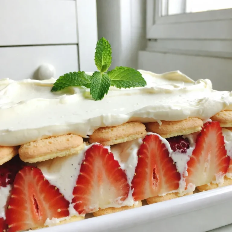 - Fresh strawberries: Use 2 cups, hulled and sliced. This gives the cake its sweet and fruity flavor. Choose ripe berries for the best taste. - Heavy whipping cream: You need 1 cup. For the best results, chill your mixing bowl and beaters before whipping. This helps the cream whip up nicely. - Mascarpone cheese: Use 1 cup. Look for a smooth and creamy texture. This cheese adds richness and depth to the cake. - Vanilla extract: You need 1 teaspoon. Always use pure vanilla extract. It enhances the flavor and makes your cake taste more special. - Ladyfinger cookies: You’ll need 16-18 cookies. Store-bought varieties work well. These cookies soak in the flavors and soften, creating nice layers. - Garnish: Fresh mint leaves are great for presentation. They add a pop of color and a hint of freshness to your cake. {{ingredient_image_1}} To make the strawberries pop, you need to macerate them. Start by slicing 2 cups of fresh strawberries. Place them in a bowl and sprinkle with 1 tablespoon of granulated sugar. Mix gently to coat the strawberries. Let them sit for about 15 minutes. This time allows the sugar to draw out the juices. The result is a sweet syrup that adds flavor to your cake. For the best taste, use strawberries that are ripe. This step boosts the overall flavor of your dessert. Next, let’s whip the cream. Pour 1 cup of heavy whipping cream into a bowl. Use a hand mixer or a whisk. Whip until soft peaks form. This means the cream holds its shape but is still soft and fluffy. Now, add 1 cup of mascarpone cheese and 1 teaspoon of vanilla extract to the whipped cream. Gently fold the mixture. Make sure it is smooth and fully combined. This step creates a rich and creamy filling. Now, it's time to layer the cake. Start by laying 16-18 ladyfinger cookies in the bottom of a 9x9 inch baking dish. These cookies will soak up the strawberry juices, adding flavor and texture. Spoon half of the mascarpone mixture over the ladyfingers. Spread it evenly for a nice base. Next, layer half of the macerated strawberries over the mascarpone. Repeat the layers with the remaining ladyfingers, mascarpone mixture, and strawberries. This creates a beautiful and tasty dessert. After layering, cover the dish with plastic wrap. Refrigerate it for at least 4 hours or overnight. This resting time helps the flavors meld and the cookies soften. Chilling your cake is key. It helps the flavors blend and the layers set. I suggest refrigerating it for at least four hours. Overnight is even better. This gives the ladyfingers time to soak up the juices. Serve it cold for the best taste and texture. Sometimes, layers may not set well. If this happens, you can try adding more whipped cream. This extra cream helps firm the layers. If your cake is too sweet, mix in a pinch of salt. This balances the flavors and tones down the sweetness. You can get creative with toppings. Try using whipped cream or coconut flakes for fun textures. Fresh berries on top add color and flavor. For a touch of elegance, consider adding edible flowers. They make your cake look stunning and special. Pro Tips Use Ripe Strawberries: Choose strawberries that are fully ripe for the best flavor. They should be bright red and fragrant. Chill Your Ingredients: For a fluffier whipped cream, make sure your heavy cream and mixing bowl are well chilled before whipping. Let It Rest: Allow the cake to chill overnight for the best texture and flavor as it gives the ladyfingers time to absorb the moisture. Experiment with Flavors: Feel free to add a splash of liqueur, like amaretto or orange liqueur, to the mascarpone mixture for an adult twist. {{image_2}} You can switch up the fruit to make this cake your own. Try using berries like blueberries or raspberries. Peaches also work well and add a nice twist. Seasonal fruits like mangoes can bring a fresh taste in summer. If you prefer a dairy-free option, replace mascarpone with coconut cream or a nut-based cheese. These swaps keep the cake creamy while catering to dietary needs. Add some crunch by incorporating nuts like almonds or walnuts. Layering chocolate pieces can also add a rich flavor. If you want a different base, consider using sponge cake instead of ladyfingers. Sponge cake offers a softer bite and soaks up the flavors beautifully. Think about making themed versions for special occasions. For holidays, you can add festive colors with seasonal fruits, like cranberries for Christmas. In fall, use pumpkin spice for a twist on the classic recipe. You can also make mini versions for parties, using small cups for individual servings. Each theme can make your icebox cake feel fresh and exciting! To keep your icebox cake fresh, cover it tightly. Use plastic wrap or a lid. This helps prevent drying and keeps flavors strong. Store it in your fridge for up to three days. If you see any condensation, open the lid slightly to let moisture out. For the best container, I recommend a glass or plastic dish with a tight seal. These materials keep the cake cool and fresh. Avoid metal containers as they can affect the taste of the dessert. You can freeze the strawberry shortcake icebox cake for longer storage. First, cover the cake well with plastic wrap. Then, place it in an airtight container. This prevents freezer burn and keeps it tasty. It’s best to freeze the cake before adding any garnish. When you’re ready to enjoy it, take it out of the freezer. Let it thaw in the fridge for several hours. This keeps the texture nice and smooth. If you need it quicker, set it on the counter for about an hour. Just remember not to rush it, as slow thawing gives the best results. The Strawberry Shortcake Icebox Cake stays fresh for about 3 to 4 days in the fridge. Store it in an airtight container to keep it safe from other smells and moisture. The strawberries may soften over time, but the flavors deepen, making it even tastier! Yes! You can make this cake a day in advance. This gives the flavors more time to blend. Just remember to cover it well with plastic wrap. It will taste great when you serve it the next day! The main difference is how they are made. Icebox Cake uses layers of ladyfinger cookies, cream, and fruit. Traditional Strawberry Shortcake uses a biscuit or sponge cake. The texture of Icebox Cake is creamy and soft, while traditional shortcake is more crumbly and dense. You can use frozen strawberries, but they will change the texture slightly. Thaw them first and drain excess juice. They may not taste as bright as fresh ones, but they will still work well in the cake. You’ve learned how to make a delicious Strawberry Shortcake Icebox Cake. We covered key ingredients, step-by-step instructions, and creative variations. Remember to choose the right strawberries and use pure vanilla extract for the best flavor. Pay attention to chilling time and layering for perfect texture. This dessert offers room for creativity, so feel free to make it your own. Whether for a special occasion or just a treat, this cake is sure to impress. Enjoy your baking journey and savor each bite!