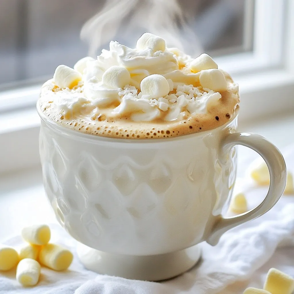 To make a rich and comforting creamy white hot chocolate, you need simple ingredients. Each one adds to the dreamy taste. Here’s what you will need: - 2 cups whole milk - 1 cup heavy cream - 1 cup white chocolate chips - 1 teaspoon vanilla extract - 1/4 teaspoon almond extract (optional) - Whipped cream, for topping - Shaved white chocolate and mini marshmallows, for garnish These ingredients blend together to create a warm hug in a mug. Whole milk and heavy cream provide the creamy base. White chocolate chips bring the sweetness. Vanilla and almond extracts add depth to the flavor. The whipped cream and toppings make it extra special. I love using high-quality white chocolate chips. They melt easily and give the drink a smooth texture. The optional almond extract adds a nice twist, but it’s not a must. Feel free to get creative with toppings. Shaved white chocolate and mini marshmallows are my favorites. They not only taste good but look great too! Gather these ingredients, and you are ready to make a cozy treat. {{ingredient_image_1}} Heating Milk and Cream Start with a medium saucepan. Pour in 2 cups of whole milk and 1 cup of heavy cream. Heat this mixture over medium heat. Watch closely as it heats up. You want it to steam but not boil. This step is key to keeping your drink creamy. Adding White Chocolate Chips Once the milk and cream have steamed, lower the heat to low. Now, it’s time to add the star of the show: 1 cup of white chocolate chips. Stir this mixture continuously. This helps the chocolate melt evenly. Keep stirring until it becomes smooth and creamy. You’ll know it’s ready when you no longer see any lumps. Adding Flavors and Final Touches After the chocolate melts, stir in 1 teaspoon of vanilla extract. If you want a hint of nutty flavor, add 1/4 teaspoon of almond extract. Mix well to blend all the flavors. Once fully combined, remove your saucepan from the heat. Pour your hot chocolate into mugs. Top each with whipped cream. For a fun finish, garnish with shaved white chocolate and a sprinkle of mini marshmallows. Enjoy your cozy winter drink! Importance of Heating Without Boiling Heating your milk and cream just right is key. You want it to steam but not boil. Boiling can change the taste and texture. Steamed milk blends better with chocolate. Aim for a gentle heat to keep it smooth. Stirring Techniques for Smoothness Stirring is vital for a creamy drink. Use a whisk or a wooden spoon. This helps break up lumps of chocolate. Keep stirring as you add the chocolate chips. Stir until everything melts and blends well. A smooth mix makes a big difference. Choosing the Right White Chocolate Not all white chocolates are the same. Look for high-quality chocolate chips. They should have cocoa butter as the first ingredient. This gives your hot chocolate a creamy taste. Avoid cheap brands; they may not melt well. The right chocolate makes your drink rich and tasty. Pro Tips Use quality white chocolate: For the best flavor, choose high-quality white chocolate chips or bars. This will enhance the creamy texture and rich taste of your hot chocolate. Don't let it boil: Heating the milk and cream too much can cause it to scorch. Keep the heat medium and watch for steam instead of letting it reach a rolling boil. Add a pinch of salt: A small pinch of salt can elevate the sweetness and balance the flavors, enhancing the overall taste of your white hot chocolate. Customize your toppings: Feel free to experiment with different toppings such as crushed peppermint, cinnamon, or flavored whipped cream for a unique twist on this classic drink. {{image_2}} You can make your creamy white hot chocolate even more fun. Here are some easy ideas: - Adding Peppermint Extract for a Minty Twist Just add a few drops of peppermint extract. This gives your drink a fresh, minty taste. It’s perfect for winter nights. You can also crush some candy canes on top for extra flavor. - Incorporating Spices like Cinnamon or Nutmeg A pinch of cinnamon or nutmeg adds warmth to your drink. Stir it in after melting the white chocolate. The spices blend well with the creamy white chocolate. Plus, it makes your drink smell amazing! - Trying Different Toppings Get creative with your toppings! Try crushed graham crackers for a s'mores vibe. You can also use caramel drizzle for a sweet touch. Or, mix in some crushed cookies for a fun crunch. Each of these variations adds a new twist. You can easily change the flavor to match your mood. Enjoy experimenting! After enjoying your creamy white hot chocolate, you may have some left. To store it, let it cool to room temperature. Then, pour it into an airtight container. Place the container in the fridge. The hot chocolate stays fresh for up to three days. If you want to keep it longer, consider freezing it. When you refrigerate your hot chocolate, avoid placing it in a warm area. Always cover it well to prevent odors from other foods. Before serving, check the smell and look. If it seems off, it’s best to discard it. To reheat your creamy white hot chocolate, pour it into a saucepan. Heat it over low heat. Stir often to keep it smooth. Avoid boiling, as it can change the texture. You can also microwave it. Use a microwave-safe container and heat in short bursts. Stir between each burst until warm. Enjoy your cozy drink again! Can I use alternative milk options? Yes, you can use alternative milk! Almond milk, oat milk, or soy milk work well. Choose unsweetened options for the best taste. The key is to pick a milk that froths well. This keeps your drink creamy and enjoyable. What can I substitute for white chocolate chips? You can swap white chocolate chips for sweetened condensed milk. This gives a great sweetness and creaminess. You could also use carob chips for a unique flavor. Both options will still keep your drink delicious. How can I make it dairy-free? To make dairy-free white hot chocolate, use coconut cream and almond milk. These options keep the drink rich and flavorful. Be sure to use dairy-free white chocolate chips or the substitutes mentioned. This way, you enjoy the same creamy taste without dairy. This blog post shared a simple recipe for a creamy treat. We covered key ingredients, steps, and helpful tips to get the best texture. You learned how to enhance flavors and how to store leftovers properly. In conclusion, making this white chocolate drink is easy and fun. With its great taste and simple methods, it’s perfect for any occasion. Try different flavors to make it your own! Enjoy the creamy goodness.