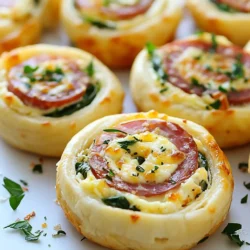 - 8 ounces cream cheese, softened - 1 tablespoon Dijon mustard - 1 teaspoon garlic powder - 1 teaspoon Italian seasoning - 8 large flour tortillas - 8 ounces sliced salami - 1 cup shredded mozzarella cheese - 1 cup fresh spinach leaves - Fresh parsley, for garnish To make these salami pinwheels, you need simple ingredients. You start with cream cheese, which adds a nice, creamy texture. Dijon mustard gives a bit of tang, while garlic powder and Italian seasoning boost the flavor. Flour tortillas act as the base for our pinwheels. The star of the show is sliced salami. It adds a rich, savory taste. Shredded mozzarella cheese gives a melty texture, and fresh spinach adds some crunch and color. Finally, fresh parsley is perfect for garnish, making your dish look great. This mix of flavors and textures makes these pinwheels a hit at any gathering. They are easy to make, and you can even get the kids involved. Just gather your ingredients, and let’s get started! {{ingredient_image_1}} 1. Start by gathering your ingredients. You will need cream cheese, Dijon mustard, garlic powder, and Italian seasoning. 2. In a bowl, add 8 ounces of softened cream cheese. 3. Mix in 1 tablespoon of Dijon mustard, 1 teaspoon of garlic powder, and 1 teaspoon of Italian seasoning. 4. Use a fork or whisk to blend everything until it is smooth. Make sure there are no lumps. A creamy mix will spread better on tortillas. 1. Grab a large flour tortilla. Lay it flat on a clean surface. 2. Take a generous scoop of your cream cheese mix and spread it evenly across the tortilla. Leave a small border at the edges. 3. Now, layer on 8 ounces of sliced salami. Cover the cream cheese well. 4. Next, sprinkle 1 cup of shredded mozzarella cheese over the salami. 5. Finally, add a handful of 1 cup of fresh spinach leaves on top. The spinach adds a nice crunch and color. 1. To roll, start at one end of the tortilla. Tightly roll it up towards the other end. Keep the filling inside as you roll. 2. Make sure to roll it firmly but not too tight. This helps the pinwheels hold their shape. 3. After rolling, use a sharp knife to slice the log into 1-inch thick pinwheels. 4. Each piece should show the colorful layers inside. Arrange them on a plate and enjoy your creation! To make your salami pinwheels shine, focus on even filling. Spread the cream cheese mixture evenly. Leave a little space at the edges. This helps when rolling. If you overload the filling, it can ooze out. Avoid soggy tortillas by choosing the right ones. Flour tortillas work best. They are soft and easy to roll. If you use corn tortillas, warm them first. This will make them more pliable and less likely to break. Pair your pinwheels with dips for extra flavor. A classic option is ranch dressing. It adds a cool touch. You could also try a spicy mustard or hummus. These dips enhance the taste of the salami. For presentation, arrange the pinwheels on a colorful platter. Use fresh parsley as a garnish. This adds a nice pop of color. You can also serve them with toothpicks. It makes eating them easy and fun. Salami pinwheels are perfect for many events. Serve them at parties, picnics, or game days. They are quick to make and fun to eat. You can also bring them to potlucks or family gatherings. Everyone loves a tasty snack that’s easy to share! Pro Tips Chill for Better Slicing: Refrigerating the rolled tortillas for at least 30 minutes makes them firmer and easier to slice into neat pinwheels. Customize Your Fillings: Feel free to substitute the salami with other deli meats or add extra veggies like bell peppers or cucumbers for a fresh twist. Use a Sharp Knife: To achieve clean slices, use a sharp knife and cut through the pinwheels with a gentle sawing motion. Presentation Matters: Arrange pinwheels on a colorful platter and garnish with herbs for an appealing presentation at your gatherings. {{image_2}} Salami pinwheels are fun to customize. You can try different meats like turkey or ham. This change gives new taste profiles. You can also add vegetables or herbs. For example, sliced bell peppers or fresh basil can add freshness. If you have dietary needs, you can still enjoy these pinwheels. For gluten-free options, use gluten-free tortillas. There are many brands available. If you want vegan options, swap salami for plant-based deli slices. Use a vegan cream cheese, too. These changes keep the flavor while matching your diet. Want some heat? You can add jalapeños or hot sauce for a kick. This bold flavor makes your snack exciting. You can also use spicy spreads like sriracha or harissa. These additions will make your pinwheels stand out. To keep your pinwheels fresh, wrap them well. Use plastic wrap or an airtight container. This helps maintain their taste and texture. Store the pinwheels in the fridge. They stay good for about 3 days. For best results, eat them within this time. If they sit too long, they may become soggy. You can freeze pinwheels for later use. First, wrap each one tightly in plastic wrap. Then, place them in a freezer-safe bag. They can last up to 2 months in the freezer. When you want to eat them, take them out and place them in the fridge overnight. This helps them thaw slowly. Avoid using a microwave for thawing, as it can change their texture. When you are ready to serve, check the pinwheels. If they feel cold, you can reheat them. Place them in an oven at 350°F for about 10 minutes. This warms them nicely without making them soggy. They should maintain their flavor and texture. Enjoy them fresh, just like when you made them! Yes, you can make salami pinwheels ahead of time. This snack is great for meal prep. To ensure freshness, wrap the pinwheels in plastic wrap after you cut them. Store them in the fridge. They can stay fresh for up to two days. This makes them perfect for parties or quick snacks. Salami pinwheels have both good and not-so-good points. The salami adds protein and flavor, but it also has fat and sodium. Cream cheese gives a creamy texture but is high in calories. Adding spinach boosts vitamins and minerals. If you want a healthier option, use low-fat cream cheese or whole grain tortillas. You can serve salami pinwheels with many tasty sides. Fresh veggies like carrot sticks or cucumber slices work well. You can also add a dip, like ranch or hummus. Another great choice is a fruit platter with grapes and berries. These sides add color and balance to your plate. This blog post covers how to make tasty salami pinwheels. We explored the right ingredients, from cream cheese to salami and fresh spinach. You learned step-by-step instructions for mixing, assembling, rolling, and slicing. I also shared tips to keep your pinwheels fresh and ideas for serving. Don’t forget the fun variations to suit any taste! Try these pinwheels at your next gathering for a simple, delicious snack. Now, you have the tools to impress your guests with these easy treats. Enjoy making and sharing them!