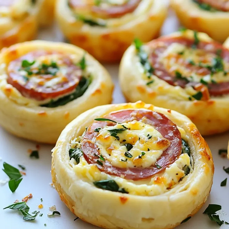 - 8 ounces cream cheese, softened - 1 tablespoon Dijon mustard - 1 teaspoon garlic powder - 1 teaspoon Italian seasoning - 8 large flour tortillas - 8 ounces sliced salami - 1 cup shredded mozzarella cheese - 1 cup fresh spinach leaves - Fresh parsley, for garnish To make these salami pinwheels, you need simple ingredients. You start with cream cheese, which adds a nice, creamy texture. Dijon mustard gives a bit of tang, while garlic powder and Italian seasoning boost the flavor. Flour tortillas act as the base for our pinwheels. The star of the show is sliced salami. It adds a rich, savory taste. Shredded mozzarella cheese gives a melty texture, and fresh spinach adds some crunch and color. Finally, fresh parsley is perfect for garnish, making your dish look great. This mix of flavors and textures makes these pinwheels a hit at any gathering. They are easy to make, and you can even get the kids involved. Just gather your ingredients, and let’s get started! {{ingredient_image_1}} 1. Start by gathering your ingredients. You will need cream cheese, Dijon mustard, garlic powder, and Italian seasoning. 2. In a bowl, add 8 ounces of softened cream cheese. 3. Mix in 1 tablespoon of Dijon mustard, 1 teaspoon of garlic powder, and 1 teaspoon of Italian seasoning. 4. Use a fork or whisk to blend everything until it is smooth. Make sure there are no lumps. A creamy mix will spread better on tortillas. 1. Grab a large flour tortilla. Lay it flat on a clean surface. 2. Take a generous scoop of your cream cheese mix and spread it evenly across the tortilla. Leave a small border at the edges. 3. Now, layer on 8 ounces of sliced salami. Cover the cream cheese well. 4. Next, sprinkle 1 cup of shredded mozzarella cheese over the salami. 5. Finally, add a handful of 1 cup of fresh spinach leaves on top. The spinach adds a nice crunch and color. 1. To roll, start at one end of the tortilla. Tightly roll it up towards the other end. Keep the filling inside as you roll. 2. Make sure to roll it firmly but not too tight. This helps the pinwheels hold their shape. 3. After rolling, use a sharp knife to slice the log into 1-inch thick pinwheels. 4. Each piece should show the colorful layers inside. Arrange them on a plate and enjoy your creation! To make your salami pinwheels shine, focus on even filling. Spread the cream cheese mixture evenly. Leave a little space at the edges. This helps when rolling. If you overload the filling, it can ooze out. Avoid soggy tortillas by choosing the right ones. Flour tortillas work best. They are soft and easy to roll. If you use corn tortillas, warm them first. This will make them more pliable and less likely to break. Pair your pinwheels with dips for extra flavor. A classic option is ranch dressing. It adds a cool touch. You could also try a spicy mustard or hummus. These dips enhance the taste of the salami. For presentation, arrange the pinwheels on a colorful platter. Use fresh parsley as a garnish. This adds a nice pop of color. You can also serve them with toothpicks. It makes eating them easy and fun. Salami pinwheels are perfect for many events. Serve them at parties, picnics, or game days. They are quick to make and fun to eat. You can also bring them to potlucks or family gatherings. Everyone loves a tasty snack that’s easy to share! Pro Tips Chill for Better Slicing: Refrigerating the rolled tortillas for at least 30 minutes makes them firmer and easier to slice into neat pinwheels. Customize Your Fillings: Feel free to substitute the salami with other deli meats or add extra veggies like bell peppers or cucumbers for a fresh twist. Use a Sharp Knife: To achieve clean slices, use a sharp knife and cut through the pinwheels with a gentle sawing motion. Presentation Matters: Arrange pinwheels on a colorful platter and garnish with herbs for an appealing presentation at your gatherings. {{image_2}} Salami pinwheels are fun to customize. You can try different meats like turkey or ham. This change gives new taste profiles. You can also add vegetables or herbs. For example, sliced bell peppers or fresh basil can add freshness. If you have dietary needs, you can still enjoy these pinwheels. For gluten-free options, use gluten-free tortillas. There are many brands available. If you want vegan options, swap salami for plant-based deli slices. Use a vegan cream cheese, too. These changes keep the flavor while matching your diet. Want some heat? You can add jalapeños or hot sauce for a kick. This bold flavor makes your snack exciting. You can also use spicy spreads like sriracha or harissa. These additions will make your pinwheels stand out. To keep your pinwheels fresh, wrap them well. Use plastic wrap or an airtight container. This helps maintain their taste and texture. Store the pinwheels in the fridge. They stay good for about 3 days. For best results, eat them within this time. If they sit too long, they may become soggy. You can freeze pinwheels for later use. First, wrap each one tightly in plastic wrap. Then, place them in a freezer-safe bag. They can last up to 2 months in the freezer. When you want to eat them, take them out and place them in the fridge overnight. This helps them thaw slowly. Avoid using a microwave for thawing, as it can change their texture. When you are ready to serve, check the pinwheels. If they feel cold, you can reheat them. Place them in an oven at 350°F for about 10 minutes. This warms them nicely without making them soggy. They should maintain their flavor and texture. Enjoy them fresh, just like when you made them! Yes, you can make salami pinwheels ahead of time. This snack is great for meal prep. To ensure freshness, wrap the pinwheels in plastic wrap after you cut them. Store them in the fridge. They can stay fresh for up to two days. This makes them perfect for parties or quick snacks. Salami pinwheels have both good and not-so-good points. The salami adds protein and flavor, but it also has fat and sodium. Cream cheese gives a creamy texture but is high in calories. Adding spinach boosts vitamins and minerals. If you want a healthier option, use low-fat cream cheese or whole grain tortillas. You can serve salami pinwheels with many tasty sides. Fresh veggies like carrot sticks or cucumber slices work well. You can also add a dip, like ranch or hummus. Another great choice is a fruit platter with grapes and berries. These sides add color and balance to your plate. This blog post covers how to make tasty salami pinwheels. We explored the right ingredients, from cream cheese to salami and fresh spinach. You learned step-by-step instructions for mixing, assembling, rolling, and slicing. I also shared tips to keep your pinwheels fresh and ideas for serving. Don’t forget the fun variations to suit any taste! Try these pinwheels at your next gathering for a simple, delicious snack. Now, you have the tools to impress your guests with these easy treats. Enjoy making and sharing them!