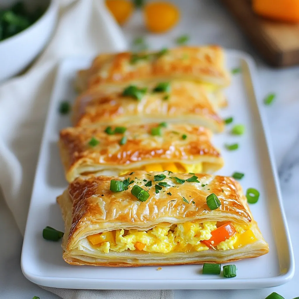 - 1 sheet of puff pastry (thawed) - 2 large eggs - ¼ cup milk - 1 cup shredded cheddar cheese - ¼ cup diced bell pepper (any color) - ¼ cup chopped green onions - 1 teaspoon garlic powder - 1 teaspoon onion powder - Salt and pepper to taste - 1 egg (for egg wash) Using fresh ingredients makes a big difference in taste. Fresh eggs and vegetables add more flavor and nutrition. Store-bought puff pastry can save time. If you want to make it from scratch, you can, but it takes longer. For those with dietary restrictions, there are great options. You can use egg substitutes if needed. Dairy-free cheese works well instead of cheddar. For gluten-free options, look for gluten-free puff pastry. Always check labels for allergens. Choosing quality ingredients ensures your Savory Egg & Cheese Breakfast Pop-Tarts will taste amazing. {{ingredient_image_1}} 1. Preheat your oven to 400°F (200°C). This step is key for a crisp crust. 2. Line a baking sheet with parchment paper. This helps prevent sticking. 3. Roll out the puff pastry on a lightly floured surface. Aim for a rectangle, about 1/8 inch thick. 4. Cut the pastry into four equal rectangles. This will form the base of your Pop-Tarts. 1. In a medium bowl, beat together the eggs, milk, garlic powder, onion powder, salt, and pepper. Mix until well combined. 2. Heat a skillet over medium heat. Add the egg mixture and cook, stirring gently. 3. Cook until the eggs are just set, but still creamy. Remove from heat to avoid overcooking. 4. Stir in the cheese, diced bell pepper, and green onions into the cooked eggs. Mix until the cheese melts and everything combines well. 5. Divide the egg mixture evenly among two of the puff pastry rectangles. Leave some space at the edges for sealing. 6. Place the other pastry rectangles on top of the filled ones. Press the edges with a fork to seal them tightly. 1. Beat the extra egg in a small bowl. Brush this egg wash over the tops of the Pop-Tarts. 2. Poke a few small holes in the tops of the Pop-Tarts. This allows steam to escape during baking. 3. Bake in the preheated oven for 15-20 minutes. Look for golden brown tops. 4. Allow the Pop-Tarts to cool slightly before serving. This makes them easier to handle. Using store-bought puff pastry is quick and easy. It saves time for busy mornings. You can find it in the freezer aisle at any grocery store. The main con is that it may lack the fresh taste of homemade dough. Making your own dough takes longer but gives you full control over flavor. You can add herbs or spices to enhance your pastry. To achieve the perfect egg consistency, cook them slowly over medium heat. This keeps the eggs creamy and soft. Stir gently until they are just set. Avoid overcooking, as this can lead to dry eggs. When sealing the pastry, use a fork to press the edges firmly. This helps keep the filling inside while baking. Ensure you leave a small border around the filling. This helps the pop-tarts puff up nicely. For plating, arrange the Pop-Tarts on a colorful serving platter. Garnish with extra green onions for a fresh look. You can serve them with salsa or hot sauce on the side. These add a nice kick and enhance the overall flavor. Consider pairing with fresh fruit for a balanced breakfast. Pro Tips Chill the Puff Pastry: For easier handling and better puffing, keep the puff pastry chilled until you are ready to use it. This helps achieve a flakier texture when baked. Customize Your Fillings: Feel free to get creative with the fillings! Add cooked sausage, spinach, or different types of cheese to suit your taste preferences. Perfect Egg Scramble: Cook the eggs on medium-low heat and stir gently to keep them creamy and soft. Overcooking can lead to rubbery eggs. Store for Later: If you have leftovers, store them in an airtight container in the fridge. Reheat in the oven for a few minutes to retain crispness. {{image_2}} To make your Savory Egg & Cheese Breakfast Pop-Tarts even more fun, try different cheese options. You can use mozzarella for a stretchy, gooey filling. Pepper jack adds a spicy kick. Feta cheese gives a nice tangy touch. You can also mix up the fillings. Add cooked bacon or sausage for meat lovers. For a fresh twist, include spinach or mushrooms. Roasted vegetables like zucchini and asparagus work well too. Just remember to chop them small to fit inside the pastry. If you want a vegetarian version, skip the meat and load up on veggies. Use a vegan cheese if you prefer to keep it dairy-free. For a gluten-free option, look for gluten-free puff pastry. Many brands offer tasty alternatives. For low-calorie modifications, you can reduce the cheese or use egg whites instead of whole eggs. You might also try using less oil when cooking your eggs. These changes keep the flavor without adding too many calories. These Pop-Tarts taste great warm or cold. If you want to serve them warm, let them cool for a few minutes after baking. This helps the filling set. Pair them with dips and sauces for extra fun. Try salsa for a zesty kick or hot sauce for spice. A dollop of sour cream gives a creamy balance. You can even serve them with avocado slices for a fresh taste. To keep your Savory Egg & Cheese Breakfast Pop-Tarts fresh, store them in an airtight container. This helps prevent them from drying out. If you place them in the fridge, they can last for up to three days. For longer storage, freeze them. Wrap each Pop-Tart in plastic wrap and place them in a freezer bag. They can stay good for up to three months in the freezer. When you reheat your Pop-Tarts, you want to keep them tasty and crispy. The oven is the best method for this. Preheat your oven to 350°F (175°C). Place the Pop-Tarts on a baking sheet and heat for about 10-15 minutes. This method helps maintain their flaky texture. If you're short on time, you can use the microwave. Heat each Pop-Tart for about 30 seconds. However, this may make the crust softer. Enjoy your savory treat warm! Can I make these Pop-Tarts in advance? Yes, you can make these Pop-Tarts ahead of time. Prepare them fully and freeze before baking. When you are ready to eat, bake them straight from the freezer. This helps keep them fresh and tasty. How do I make them spicy? To add spice, mix in diced jalapeños or a dash of hot sauce. You can also use pepper jack cheese instead of cheddar. This brings a nice kick to your Pop-Tarts. Caloric breakdown per serving Each serving has about 240 calories. This includes the egg, cheese, and puff pastry. The calories may vary based on the specific ingredients you use. Allergy information These Pop-Tarts contain eggs, cheese, and wheat. If you have allergies, consider alternatives. Use gluten-free pastry and dairy-free cheese for safe options. How long do they take to cook from frozen? From frozen, these Pop-Tarts take about 20-25 minutes to bake. Keep an eye on them. They should be golden brown when done. What is the prep time for busy mornings? Prep time is about 15 minutes. If you make them ahead, you can bake them in just 20 minutes on a busy morning. Quick and easy! You learned how to make savory egg and cheese Pop-Tarts from scratch. We discussed key ingredients, quality tips, and step-by-step cooking instructions. I shared helpful tricks, flavor variations, and smart storage methods. These tasty bites bring joy to any breakfast table. Experiment with different flavors or dishes, and enjoy your creations! Remember, cooking is all about having fun and trying new things. Enjoy your delicious Pop-Tarts!