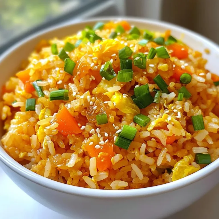 To make spicy kimchi fried rice, gather these simple ingredients: - 2 cups cooked jasmine rice (preferably day-old) - 1 cup kimchi, chopped - 1 tablespoon vegetable oil - 1 small onion, diced - 2 cloves garlic, minced - 1 carrot, diced - 1/2 cup frozen peas - 2 green onions, sliced (plus extra for garnish) - 2 tablespoons soy sauce - 1 tablespoon gochujang (Korean chili paste) - 1 teaspoon sesame oil - 2 eggs (optional) - Salt and pepper to taste Here are some brands I trust for the best results: - Kimchi: Look for brands like Mother in Law’s or Wildbrine. - Soy Sauce: Kikkoman is a great choice for a balanced flavor. - Gochujang: Try the brand Sunchang for authentic taste. - Sesame Oil: I recommend Kadoya for its rich flavor. You can swap some ingredients if needed: - Rice: Any cooked rice works, but jasmine has the best texture. - Kimchi: If you can’t find kimchi, use sauerkraut for a similar tang. - Vegetables: Add bell peppers or zucchini for more color and taste. - Soy Sauce: Tamari is a great gluten-free option. - Gochujang: Use sriracha for a different kick, but adjust the amount. - Eggs: Leave out eggs for a vegan version or use tofu instead. {{ingredient_image_1}} 1. Heat 1 tablespoon of vegetable oil in a large skillet over medium heat. 2. Add 1 small diced onion. Sauté it for 2-3 minutes until it softens. 3. Stir in 2 cloves of minced garlic and 1 diced carrot. Cook for 2 more minutes. 4. Toss in 1 cup of chopped kimchi. Cook for another 2-3 minutes to blend the flavors. 5. Push the kimchi mixture to one side. Add 2 cups of cooked jasmine rice into the clear space. 6. Drizzle 2 tablespoons of soy sauce and 1 tablespoon of gochujang over the rice. Mix everything well. 7. Add 1/2 cup of frozen peas and 2 sliced green onions. Cook for 2 minutes until heated. 8. If you want eggs, push the fried rice to one side. Crack 2 eggs into the space. Scramble until cooked and mix in. 9. Drizzle 1 teaspoon of sesame oil and season with salt and pepper to taste. 10. Serve hot. Garnish with extra green onions. I often find that videos help a lot. Look for step-by-step cooking videos online. They give you a great view of how it should look. You can see the colors and textures change during cooking. This can help you feel more confident. - Skipping Day-Old Rice: Fresh rice may be too sticky. Day-old rice is drier and fries better. - Not Timing Your Ingredients: Make sure to add each ingredient at the right time. This ensures even cooking. - Overcrowding the Pan: If the pan is too full, the rice won't fry well. Cook in batches if needed. - Not Tasting: Always taste the rice before serving. This lets you adjust flavors if needed. To boost the taste of your spicy kimchi fried rice, focus on fresh ingredients. Choose ripe, flavorful kimchi for a burst of tanginess. You can also add more gochujang if you like heat. A splash of rice vinegar can add brightness. For a deeper flavor, try adding a bit of toasted sesame seeds. They bring a nutty taste that enhances your dish. The key to great fried rice is using day-old jasmine rice. Fresh rice can get mushy. The grains need to be firm and dry. When cooking, use high heat to get that nice, crispy texture. Stir your ingredients well but do not overmix. This helps keep the rice fluffy. If you add eggs, scramble them separately first. Then mix them in for even cooking. Serve your spicy kimchi fried rice with extra green onions on top. This adds a fresh crunch. You can also pair it with a fried egg on top. The runny yolk adds creaminess. For more flavor, add a side of pickled vegetables. They balance the spice and add a nice tang. Enjoy your meal with a splash of soy sauce on the side. Pro Tips Use Day-Old Rice: Day-old jasmine rice is ideal for fried rice dishes as it is drier and less sticky, allowing for better texture and separation of grains. Adjust Spice Level: Customize the spiciness of your dish by varying the amount of gochujang or adding fresh chili peppers to suit your taste. Mix in Protein: For a heartier meal, consider adding cooked chicken, shrimp, or tofu to the fried rice for extra flavor and nutrition. Garnish for Freshness: Always finish your fried rice with fresh green onions or sesame seeds to add a pop of color and enhance the overall flavor. {{image_2}} You can add protein to your spicy kimchi fried rice for more flavor. Chicken works great. Just cook it before adding the rice. Tofu is another fantastic choice. Use firm tofu, cut into cubes, and pan-fry until golden. Shrimp also adds a nice touch. Cook shrimp until they turn pink, then mix with the rice. These proteins make the dish filling and tasty. Making a vegetarian or vegan version of this dish is simple. You can skip the eggs to keep it vegan. Use plant-based sauces or a little extra sesame oil for richness. Tofu can be your main protein, and it pairs well with kimchi. Always check your kimchi to ensure it’s vegan-friendly. You can find many brands that meet this need. You can control the spice level in your fried rice. If you want it milder, use less gochujang. You can also add more soy sauce to balance the heat. For extra spice, consider adding sliced fresh chili peppers or a pinch of cayenne. Taste as you cook. Adjust the spice until it suits your palate. Store any leftover spicy kimchi fried rice in an airtight container. Make sure it cools down first. You can keep it in the fridge for up to three days. If you want to enjoy it later, freezing is a great option. To reheat, you can use a skillet or microwave. For a skillet, heat a bit of oil over medium heat. Add the fried rice and stir until warm. If using a microwave, place the rice in a bowl. Cover it with a damp paper towel and heat for about one to two minutes. Stir halfway through to heat evenly. If you want to freeze the fried rice, portion it into freezer bags. Make sure to remove as much air as possible. Label the bags with the date. Frozen, it lasts for up to three months. When ready to eat, thaw it in the fridge overnight before reheating. Kimchi is a spicy, fermented dish from Korea. It mainly uses napa cabbage and radishes. To make kimchi, you mix the vegetables with salt, chili paste, garlic, and ginger. You let this mix sit for a few days to ferment. The result is a tangy, spicy side dish that adds flavor to many meals. You can use fresh rice, but day-old rice works best. Day-old rice is drier and less sticky. This helps the rice fry better and not clump together. If you use fresh rice, spread it out on a plate to cool. Let it sit for about 30 minutes to make it less sticky. To make your dish less spicy, use less gochujang. You can add more vegetables like carrots or peas to balance the heat. Mixing in a bit of sugar can also help tone down the spice. Lastly, serve it with a side of plain yogurt to cool your taste buds. This blog post covered the key parts of making Kimchi Fried Rice. We reviewed the best ingredients and brands, plus easy swaps if needed. I shared a clear cooking process with tips to avoid common mistakes. We also discussed ways to boost flavors, cooking techniques, and serving ideas. Variations allow for protein options and different spice levels. Lastly, I included storage tips for leftovers and answered FAQs about the dish. With these points, you can create delicious Kimchi Fried Rice that suits your taste. Enjoy your cooking journey!