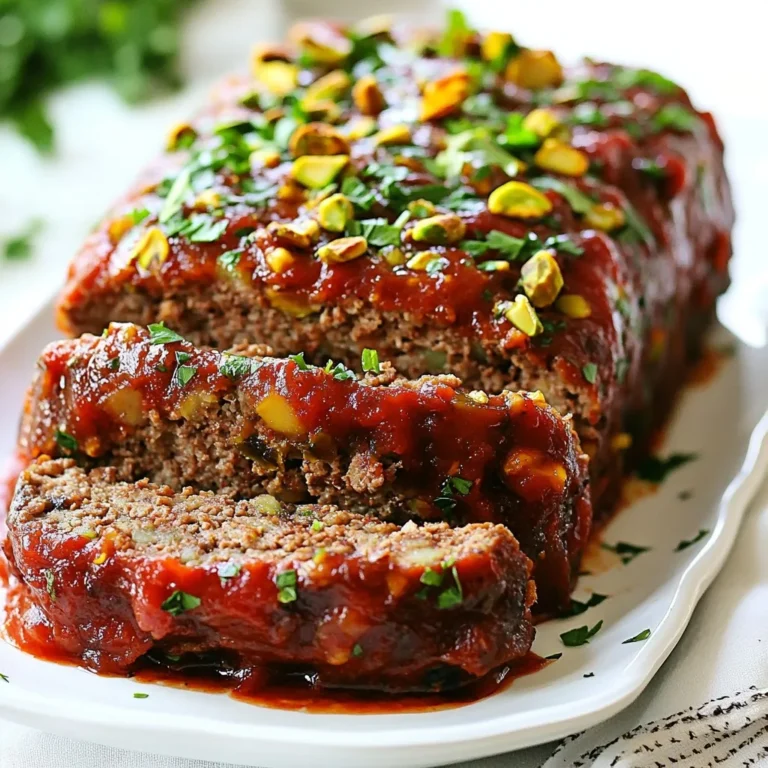 - Ground Beef and Ground Pork I use one pound each of ground beef and ground pork. This mix gives a rich taste and great texture. The beef adds depth, while the pork keeps it moist. - Pecorino Romano Cheese A half-cup of grated Pecorino Romano cheese gives a salty kick. This cheese brings a sharp flavor that enhances the meatloaf. - Key Flavor Additions: Garlic, Onion, Parsley Two minced garlic cloves, one small finely chopped onion, and a quarter cup of fresh parsley are key. Garlic adds warmth, onion gives sweetness, and parsley offers freshness. - Unique Ingredients: Pistachios and Raisins A half-cup of roasted, chopped pistachios adds crunch. The same amount of raisins adds a sweet contrast. These ingredients make this meatloaf unique and flavorful. This combination of ingredients creates a dish that is both traditional and exciting. Each bite offers layers of flavor, making it a standout meal. {{ingredient_image_1}} First, preheat your oven to 350°F (175°C). This ensures even cooking for your meatloaf. While the oven warms up, chop and measure your ingredients. You'll need to finely chop a small onion and mince two garlic cloves. This step releases their flavors well. Don’t forget to chop your fresh parsley and pistachios too. Measure out your breadcrumbs and Pecorino Romano cheese. Gather everything in one place to make mixing easier. In a large bowl, combine one pound of ground beef and one pound of ground pork. This blend offers great flavor and texture. Next, add in your breadcrumbs, grated Pecorino Romano cheese, chopped pistachios, raisins, minced garlic, chopped onion, and parsley. Crack in two large eggs for binding. Sprinkle oregano, cinnamon, salt, and pepper. Mix everything using your hands. Be careful not to overmix; this keeps the meatloaf tender. Now that your mixture is ready, transfer it to a baking dish. Shape it into a loaf form. This step helps it cook evenly. Next, spread half a cup of marinara sauce over the top. This adds moisture and flavor. Place it in the preheated oven and bake for about 60 minutes. Check the internal temperature; it should reach 160°F (70°C) for safety. Once done, let the meatloaf rest for ten minutes. This helps the juices settle before you slice it. Enjoy your flavorful Sicilian meatloaf! Using fresh ingredients is key for great taste. Fresh herbs like parsley and oregano add more flavor. Choose ripe tomatoes if making your own marinara sauce. Fresh garlic and onion also bring out the best in your dish. Adjusting the spices can change your meatloaf's flavor. Oregano gives it an earthy taste. Cinnamon adds warmth and depth. Start with the amounts in the recipe, then tweak them to suit your taste. A touch more cinnamon can surprise your palate in a good way. Serving suggestions can make your meatloaf shine. Slice it thick and place it on a rustic wooden board. This adds a homey feel. Offer a small bowl of warm marinara sauce for dipping. This extra sauce makes each bite even better. For garnish, sprinkle fresh parsley on top. It adds color and freshness. You can also add thin slices of lemon. They bring brightness and a hint of zest. This simple touch elevates the dish, making it more inviting. Pro Tips Use Fresh Ingredients: Always opt for fresh herbs and quality meats to enhance the flavor of your meatloaf. Don’t Overmix: Mix the meat mixture until just combined to keep your meatloaf tender and avoid a dense texture. Rest Before Slicing: Allow the meatloaf to rest for at least 10 minutes after baking to retain its juices and make slicing easier. Experiment with Flavors: Feel free to customize the recipe by adding different nuts or dried fruits to suit your taste preferences. {{image_2}} Gluten-Free Options: Breadcrumb Alternatives If you want a gluten-free meatloaf, you have good choices. Use gluten-free breadcrumbs or crushed gluten-free crackers. They work just as well in holding the meat together. You can also use oats or ground nuts for a unique texture. Both options add flavor and keep it moist. Vegan Version Ideas To make a vegan meatloaf, swap the meat with lentils or a mix of beans. Use mashed chickpeas or tofu for extra protein. Replace eggs with flaxseed meal or chia seeds mixed with water. This gives it the right binding. For cheese, use a dairy-free alternative to keep it creamy. Adding Spices or Ingredients for a Personal Touch You can easily change the flavor of your meatloaf. Try adding spices like cumin or smoked paprika for a kick. Fresh herbs like basil or thyme can add depth. You can also use different kinds of cheese like mozzarella for a milder taste or feta for a tangy twist. Using Different Nuts or Dried Fruits Switching nuts or fruits can also change the taste. Instead of pistachios, try walnuts or almonds. Each will add a new crunch. For dried fruits, swap raisins for dried figs or apricots. These changes will give your meatloaf a unique and delightful flavor. After making Sicilian meatloaf, let it cool down. Store leftovers in an airtight container. This keeps the meatloaf moist and fresh. You can keep it in the fridge for up to four days. For long-term storage, consider freezing. Wrap the meatloaf tightly in plastic wrap. Then, place it in a freezer-safe bag. This way, you can enjoy it later. Frozen meatloaf lasts for about three months. To reheat, the oven is best. Preheat it to 350°F (175°C). Place the meatloaf in a baking dish. Cover it with foil to keep it moist. Heat for about 20-30 minutes. You want it warm all the way through. If you're in a hurry, use the microwave. Heat slices for one to two minutes. For serving, I recommend adding extra marinara sauce. A sprinkle of fresh parsley on top also enhances flavor. This simple touch makes your meal look more inviting. Enjoy your delicious Sicilian meatloaf! What Makes Sicilian Meatloaf Different from Traditional Meatloaf? Sicilian meatloaf stands out with its unique mix of flavors. It uses both ground beef and pork, which adds richness. The addition of pecorino Romano cheese, pistachios, and raisins gives it a sweet and savory taste. The spices, like cinnamon and oregano, also create a warm, aromatic profile that you won't find in classic meatloaf. Can I Use Other Types of Meat? Yes, you can mix things up! Ground turkey or chicken works well too. You might want to adjust the spices a bit to match the lighter flavors of poultry. Always aim for a good mix of lean and fatty meat to keep the meatloaf moist. How Can I Tell When the Meatloaf is Fully Cooked? The best way to check is with a meat thermometer. Insert it into the center of the meatloaf. It should read 160°F (70°C) for safe eating. If you don't have a thermometer, you can cut into the meatloaf. The juices should run clear, not pink. What Sides Pair Well with Sicilian Meatloaf? Sicilian meatloaf shines with simple sides. Try serving it with a fresh salad or roasted vegetables. Garlic bread or mashed potatoes also make great companions. You can even add a bowl of marinara sauce for dipping. This blog post shared how to make Sicilian meatloaf with unique flavors. We explored key ingredients like ground beef, pork, and Pecorino Romano cheese. I offered steps for prepping, mixing, and baking, with tips for authentic taste. You learned about dietary substitutions and variations for personal styles. Lastly, I discussed storage and reheating methods. Now you have the tools to create a delicious dish. Dive in and enjoy your cooking journey!