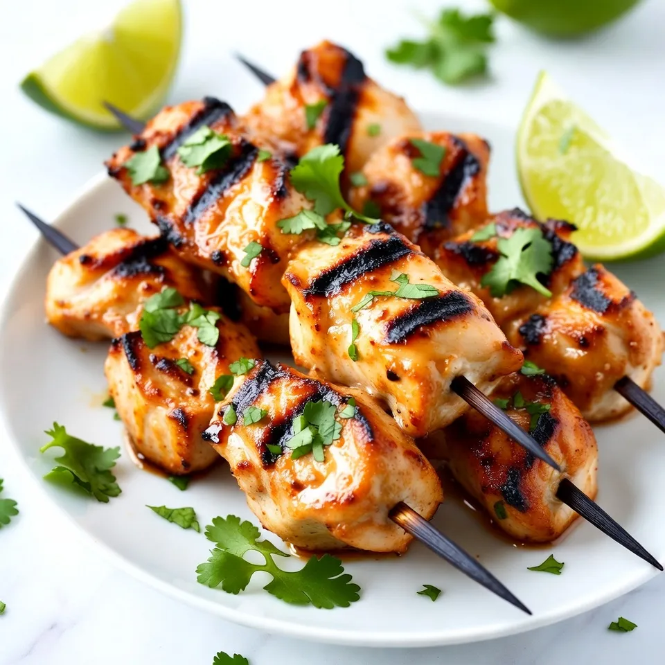 - 1 lb (450g) boneless, skinless chicken breasts, cut into 1-inch cubes - 1 cup coconut milk - Zest and juice of 2 limes - 2 tablespoons honey - 2 garlic cloves, minced - 1 teaspoon fresh ginger, grated - 1 teaspoon ground cumin - Salt and pepper to taste - Wooden skewers (soaked in water for 30 minutes) - Fresh cilantro and lime wedges for garnish For this recipe, precise measurements matter. Here’s a quick guide: - Chicken: Use 1 pound for four servings. - Coconut Milk: One cup gives a rich flavor. - Lime: Two limes yield enough zest and juice. - Honey: Two tablespoons add sweetness. - Garlic: Two cloves create a strong taste. - Ginger: One teaspoon offers a fresh kick. - Cumin: One teaspoon enhances the flavor. - Salt and Pepper: Use to your taste. Using fresh ingredients makes a big difference. Here are my tips: - Chicken: Choose fresh, high-quality chicken. It should be pink and firm. - Coconut Milk: Use full-fat coconut milk for a creamy texture. - Limes: Pick limes that feel heavy for their size. They should be bright and smooth. - Garlic and Ginger: Fresh is best. Look for firm, plump cloves. - Spices: Check the expiration date. Fresh spices yield better flavor. These simple tips help create delicious coconut lime chicken skewers. Enjoy the bright, tangy flavors! {{ingredient_image_1}} To start, grab a large bowl. In this bowl, mix 1 cup of coconut milk with the zest and juice of 2 limes. Add in 2 tablespoons of honey, 2 minced garlic cloves, 1 teaspoon of grated ginger, and 1 teaspoon of ground cumin. Sprinkle in some salt and pepper for taste. Stir everything well until it looks smooth. Next, take your 1 pound of chicken breasts and cut them into 1-inch cubes. Add the chicken to the marinade. Make sure every piece is well coated. Cover the bowl with plastic wrap and put it in the fridge. Let it marinate for at least 1 hour. If you have time, let it sit for up to 4 hours for even better flavor. Before you grill, prepare your skewers. If you are using wooden skewers, soak them in water for 30 minutes. This helps prevent burning on the grill. After soaking, preheat your grill to medium heat. Once the grill is ready, take the marinated chicken out of the fridge. Thread the chicken cubes onto the soaked skewers. Leave a little space between each piece. This space helps the chicken cook evenly and get those nice grill marks. Now, it’s time to grill. Place the skewers on the grill. Cook them for about 10 to 12 minutes. Turn the skewers occasionally to ensure even cooking. You will know they are done when the chicken is cooked through and has beautiful grill marks. Once they finish, take the skewers off the grill and let them rest for a couple of minutes. This helps keep the chicken juicy. Finally, garnish with fresh cilantro and lime wedges before serving. Enjoy warm! To get the best taste, marinate the chicken for at least one hour. This lets the chicken soak up the coconut milk and lime mix. For even more flavor, marinate it for up to four hours. This longer time helps the spices blend well with the chicken. To get those nice grill marks, make sure your grill is hot. Preheat it to medium heat. Place the skewers on the grill and don’t move them for the first few minutes. This helps create those beautiful lines. After about 5-6 minutes, turn the skewers for even cooking. Serve the coconut lime chicken skewers warm. Garnish with fresh cilantro and lime wedges for a pop of color. You can pair them with rice or a fresh salad. This adds more flavor and makes a great meal. Enjoy the bright taste of summer with every bite! Pro Tips Marinate Longer for Flavor: The longer you marinate the chicken, the more flavorful it will be. Aim for at least 4 hours, or even overnight, if possible. Soak Wooden Skewers: Soaking the skewers in water prevents them from burning on the grill, ensuring your delicious chicken stays intact and juicy. Check for Doneness: To ensure the chicken is fully cooked, use a meat thermometer. The internal temperature should reach 165°F (75°C). Serve with Dipping Sauce: For an extra layer of flavor, serve these skewers with a tangy dipping sauce made from lime juice and additional coconut milk. {{image_2}} You can switch out chicken for other meats. Try shrimp or fish for a lighter meal. Both options soak up the coconut lime flavor well. Use firm fish like salmon or swordfish. If you prefer beef, choose tender cuts like sirloin. Cut them into 1-inch pieces and marinate as usual. For a tasty vegetarian or vegan twist, use tofu or seitan. Firm tofu absorbs flavors nicely. Cut it into cubes and marinate just like chicken. You can also use vegetables like bell peppers, zucchini, and mushrooms. Skewer them and grill for a vibrant dish full of colors and tastes. Do you like heat? Add chili flakes or hot sauce to the marinade. This gives the skewers a spicy kick. You can also use fresh jalapeños or serrano peppers on the skewers. For a tropical twist, try adding mango or pineapple chunks. They pair well with the lime and coconut flavors. To store leftover coconut lime chicken skewers, let them cool first. Place the skewers in an airtight container. This keeps the chicken fresh and tasty. You can store them in the fridge for up to three days. If you want to enjoy them later, keep them sealed well to avoid drying out. Freezing is a great option for longer storage. Wrap the cooled chicken skewers in plastic wrap. Then, place them in a freezer bag. Make sure to squeeze out all the air. You can freeze them for up to three months. When you’re ready to eat, just thaw them in the fridge overnight. Reheating your skewers is easy. You can use an oven or a grill. If you use an oven, set it to 350°F (175°C). Place the skewers on a baking sheet. Heat them for about 10–15 minutes, or until warm. If you prefer the grill, heat it to medium and grill for 5 minutes, turning often. This keeps the chicken juicy and adds a nice char. Enjoy your leftovers just like the first time! Yes, you can use chicken thighs instead of breasts. Thighs have more fat, which adds flavor. They also stay moist when grilled. Just cut them into 1-inch cubes like the breasts. The cooking time may be similar, but check for doneness. You can marinate the chicken for at least 1 hour. For best flavor, marinate it up to 4 hours. If you let it sit longer, the chicken absorbs more flavor. Just be careful not to marinate too long, as the acid from the lime can change the texture. Coconut lime chicken skewers pair well with many sides. Here are some great options: - Jasmine rice or coconut rice - Grilled vegetables like zucchini or bell peppers - A fresh green salad with lime vinaigrette - Tropical fruit salad with mango and pineapple These sides enhance the bright flavors of the skewers. Enjoy your meal! This article covered how to prepare coconut lime chicken skewers. We explored the best ingredients and measurements to use. I provided steps for marinating, grilling, and serving. You also learned tips for variations and storage. In the end, simple techniques bring great taste to your meals. Enjoy making skewers that impress friends and family. Happy cooking!