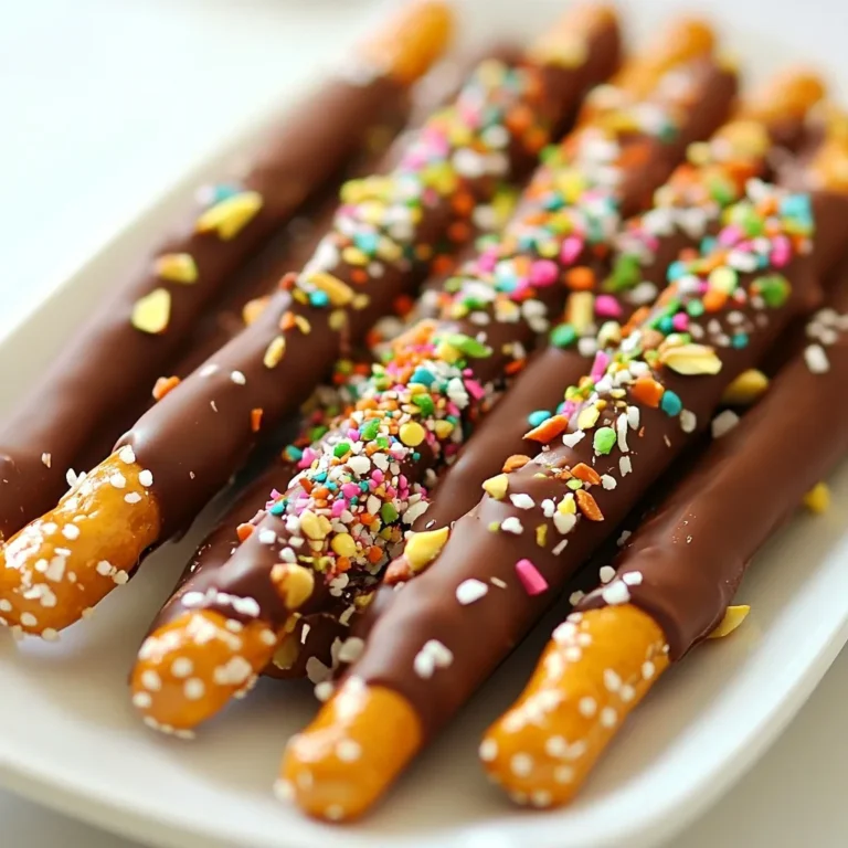 - 12 pretzel rods - 1 cup semi-sweet chocolate chips - 1 tablespoon coconut oil - 1/2 cup crushed nuts (e.g., almonds, pecans, or pistachios) - 1/2 cup colorful sprinkles - 1/4 teaspoon sea salt (optional) These ingredients make a tasty treat. You need pretzel rods as your base. They give a nice crunch. The semi-sweet chocolate chips are perfect for dipping. They melt easily and taste great. Coconut oil helps the chocolate melt smooth. This makes it easy to dip. Crushed nuts add extra flavor and texture. You can use almonds, pecans, or pistachios. Colorful sprinkles bring fun to the pretzels. They make your treat look lively. A pinch of sea salt can make the sweet taste pop. It adds a nice balance. Gather these ingredients before you start. You'll enjoy making this simple and fun treat! {{ingredient_image_1}} First, get ready. Line a baking sheet with parchment paper. This will keep your pretzels from sticking. Make sure you have all your tools nearby. You will need a microwave-safe bowl and a spoon. A clean workspace helps keep things neat. Now, let's melt the chocolate. In the microwave-safe bowl, mix the chocolate chips and coconut oil. Heat it in the microwave for 30 seconds. Take it out and stir. Repeat this until it is smooth. This should take about 1-2 minutes. Be careful not to burn the chocolate. Grab a pretzel rod. Hold it at both ends. Dip it into the melted chocolate, covering about two-thirds. Let the extra chocolate drip back into the bowl. This gives you a nice coat without too much mess. Now comes the fun part! Roll your chocolate-dipped pretzel in crushed nuts or colorful sprinkles. Press gently to make sure they stick. If you like, add a sprinkle of sea salt on top. This adds a tasty touch. Place your dipped pretzel on the parchment paper. Make sure they have some space. Repeat this for all the pretzel rods. Each one should be nicely coated and ready for the next step. Time to cool them down! Put the baking sheet in the fridge. Chill the pretzels for about 30 minutes. This helps the chocolate harden. You want them to be firm and ready to eat. Enjoy your pretzels right away! If you want to save them, put them in an airtight container. They will stay fresh for up to a week. Perfect for snacks or sharing with friends! To melt chocolate well, you need a few things. First, use a microwave-safe bowl. Combine the chocolate chips and coconut oil, then heat it. Heat in 30-second bursts. Stir after each burst until smooth. This should take about 1-2 minutes. The coconut oil helps the chocolate melt evenly and adds shine. If your chocolate is too thick, add a bit more oil. When you dip the pretzel, hold it at both ends. Dip it into the melted chocolate, covering about 2/3 of the rod. Let excess chocolate drip back into the bowl. This keeps it neat and avoids too much mess. Don’t rush this step; a steady hand gives a clean look. You can even twirl the pretzel to get a nice coat. Choose toppings that you love! You can use crushed nuts like almonds, pecans, or pistachios. Colorful sprinkles also add fun and joy. If you want a sweet and salty mix, sprinkle a bit of sea salt on top before the chocolate sets. Think about seasonal toppings too; crushed candy canes are great for winter! Pro Tips Use Quality Chocolate: Opt for high-quality chocolate chips for the best flavor and a smooth melting experience. Experiment with Flavors: Try adding a splash of vanilla extract or a pinch of cinnamon to the melted chocolate for an extra flavor boost. Keep it Cool: If your kitchen is warm, consider placing the chocolate in the fridge for a few minutes to help it set faster. Mix and Match Toppings: Get creative with your toppings! Use crushed cookies, dried fruits, or even coconut flakes for variety. {{image_2}} You can play with flavors for your chocolate. Try white chocolate for a sweet twist. You can also use dark chocolate for a richer taste. Add a few drops of vanilla or almond extract while melting. This small change adds a nice flavor boost. Toppings make your pretzels unique. You can use crushed cookies like Oreos or graham crackers. Shredded coconut also adds a nice touch. Try mini chocolate chips for extra sweetness. You can mix and match to find your favorite combo. Seasonal themes can make your treats festive. For Halloween, use orange and black sprinkles. During Christmas, add red and green sprinkles. In spring, use pastel colors for a bright look. You can even drizzle some melted chocolate over the top for extra flair. To keep your chocolate dipped pretzel rods fresh, store them in an airtight container. This will help prevent them from becoming stale. Place layers of parchment paper between the pretzels. This prevents them from sticking together. Keep the container in a cool, dry place. Avoid direct sunlight to maintain their taste and texture. Chocolate dipped pretzel rods last up to one week when stored properly. After this time, they may become soft or lose their crunch. If you notice any signs of spoilage, such as off smells or discoloration, it’s best to toss them. You want to enjoy these treats at their best. You can freeze chocolate dipped pretzel rods for longer storage. Wrap each pretzel in plastic wrap, then place them in a freezer bag. Make sure to remove as much air as possible before sealing. They can stay good in the freezer for up to three months. When ready to eat, thaw them in the fridge for a few hours. This keeps the chocolate nice and firm. Enjoy your treats fresh! Yes, you can use many types of chocolate. Dark chocolate, milk chocolate, or white chocolate all work well. Each type gives a different taste and look. You can mix chocolates too for a fun twist! Just remember to melt them carefully, so they stay smooth. Chocolate-dipped pretzels stay fresh for about a week. Store them in an airtight container to keep them crunchy. If you see any signs of moisture, eat them right away! They taste best when fresh. You can find chocolate-dipped pretzel rods at many stores. Look in the snack aisle or the bakery section. Some candy shops also sell them. If you want a special flavor, try local bakeries. They may have unique options that you’ll love! Yes, you can make these gluten-free! Just use gluten-free pretzel rods. Many brands offer tasty gluten-free options. Make sure to check the label to ensure they are truly gluten-free. Enjoy this treat without worry! You’ve learned how to make chocolate-dipped pretzel rods with simple steps. We covered ingredients, melting chocolate, dipping, and adding toppings. I shared tips for perfect results and fun variations to try. Remember, these treats are easy to store for later. Enjoy your tasty creations and impress friends with your skills. Making snacks can be fun and rewarding!