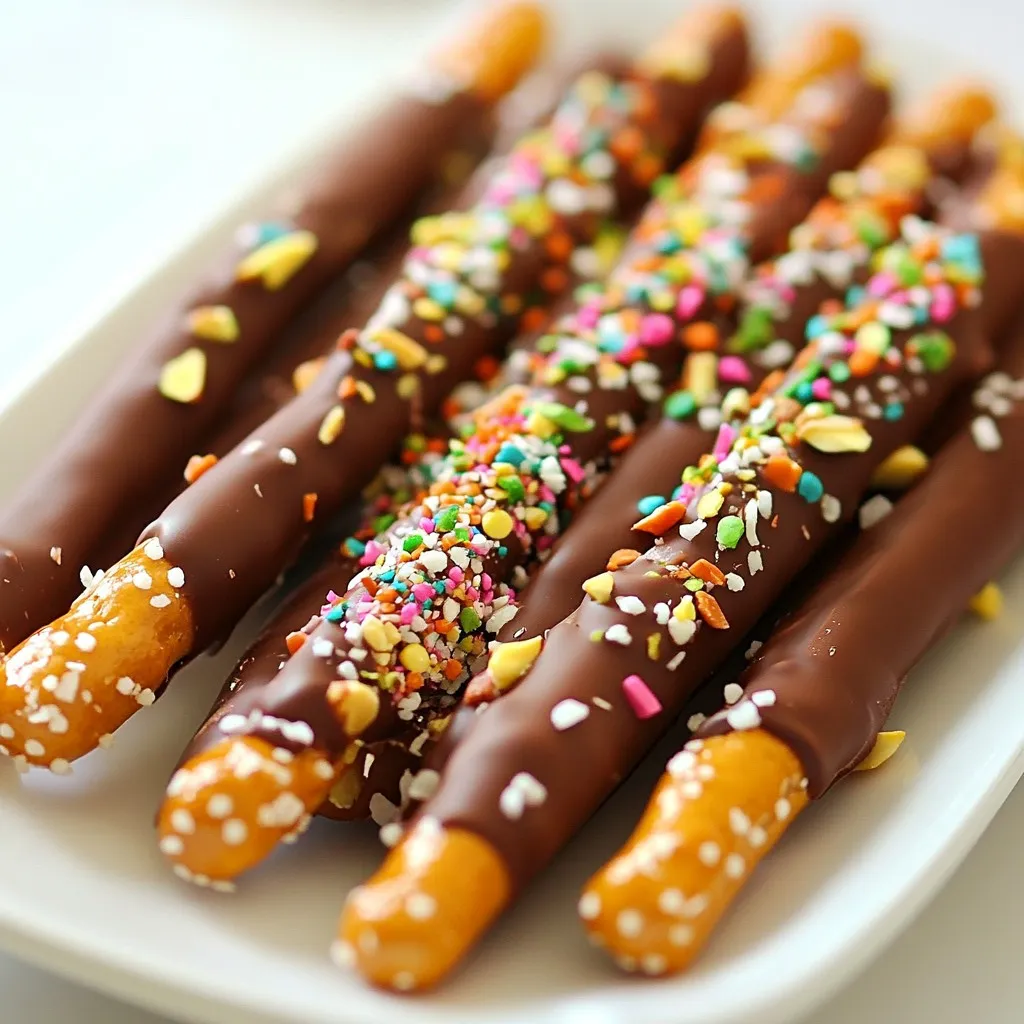 - 12 pretzel rods - 1 cup semi-sweet chocolate chips - 1 tablespoon coconut oil - 1/2 cup crushed nuts (e.g., almonds, pecans, or pistachios) - 1/2 cup colorful sprinkles - 1/4 teaspoon sea salt (optional) These ingredients make a tasty treat. You need pretzel rods as your base. They give a nice crunch. The semi-sweet chocolate chips are perfect for dipping. They melt easily and taste great. Coconut oil helps the chocolate melt smooth. This makes it easy to dip. Crushed nuts add extra flavor and texture. You can use almonds, pecans, or pistachios. Colorful sprinkles bring fun to the pretzels. They make your treat look lively. A pinch of sea salt can make the sweet taste pop. It adds a nice balance. Gather these ingredients before you start. You'll enjoy making this simple and fun treat! {{ingredient_image_1}} First, get ready. Line a baking sheet with parchment paper. This will keep your pretzels from sticking. Make sure you have all your tools nearby. You will need a microwave-safe bowl and a spoon. A clean workspace helps keep things neat. Now, let's melt the chocolate. In the microwave-safe bowl, mix the chocolate chips and coconut oil. Heat it in the microwave for 30 seconds. Take it out and stir. Repeat this until it is smooth. This should take about 1-2 minutes. Be careful not to burn the chocolate. Grab a pretzel rod. Hold it at both ends. Dip it into the melted chocolate, covering about two-thirds. Let the extra chocolate drip back into the bowl. This gives you a nice coat without too much mess. Now comes the fun part! Roll your chocolate-dipped pretzel in crushed nuts or colorful sprinkles. Press gently to make sure they stick. If you like, add a sprinkle of sea salt on top. This adds a tasty touch. Place your dipped pretzel on the parchment paper. Make sure they have some space. Repeat this for all the pretzel rods. Each one should be nicely coated and ready for the next step. Time to cool them down! Put the baking sheet in the fridge. Chill the pretzels for about 30 minutes. This helps the chocolate harden. You want them to be firm and ready to eat. Enjoy your pretzels right away! If you want to save them, put them in an airtight container. They will stay fresh for up to a week. Perfect for snacks or sharing with friends! To melt chocolate well, you need a few things. First, use a microwave-safe bowl. Combine the chocolate chips and coconut oil, then heat it. Heat in 30-second bursts. Stir after each burst until smooth. This should take about 1-2 minutes. The coconut oil helps the chocolate melt evenly and adds shine. If your chocolate is too thick, add a bit more oil. When you dip the pretzel, hold it at both ends. Dip it into the melted chocolate, covering about 2/3 of the rod. Let excess chocolate drip back into the bowl. This keeps it neat and avoids too much mess. Don’t rush this step; a steady hand gives a clean look. You can even twirl the pretzel to get a nice coat. Choose toppings that you love! You can use crushed nuts like almonds, pecans, or pistachios. Colorful sprinkles also add fun and joy. If you want a sweet and salty mix, sprinkle a bit of sea salt on top before the chocolate sets. Think about seasonal toppings too; crushed candy canes are great for winter! Pro Tips Use Quality Chocolate: Opt for high-quality chocolate chips for the best flavor and a smooth melting experience. Experiment with Flavors: Try adding a splash of vanilla extract or a pinch of cinnamon to the melted chocolate for an extra flavor boost. Keep it Cool: If your kitchen is warm, consider placing the chocolate in the fridge for a few minutes to help it set faster. Mix and Match Toppings: Get creative with your toppings! Use crushed cookies, dried fruits, or even coconut flakes for variety. {{image_2}} You can play with flavors for your chocolate. Try white chocolate for a sweet twist. You can also use dark chocolate for a richer taste. Add a few drops of vanilla or almond extract while melting. This small change adds a nice flavor boost. Toppings make your pretzels unique. You can use crushed cookies like Oreos or graham crackers. Shredded coconut also adds a nice touch. Try mini chocolate chips for extra sweetness. You can mix and match to find your favorite combo. Seasonal themes can make your treats festive. For Halloween, use orange and black sprinkles. During Christmas, add red and green sprinkles. In spring, use pastel colors for a bright look. You can even drizzle some melted chocolate over the top for extra flair. To keep your chocolate dipped pretzel rods fresh, store them in an airtight container. This will help prevent them from becoming stale. Place layers of parchment paper between the pretzels. This prevents them from sticking together. Keep the container in a cool, dry place. Avoid direct sunlight to maintain their taste and texture. Chocolate dipped pretzel rods last up to one week when stored properly. After this time, they may become soft or lose their crunch. If you notice any signs of spoilage, such as off smells or discoloration, it’s best to toss them. You want to enjoy these treats at their best. You can freeze chocolate dipped pretzel rods for longer storage. Wrap each pretzel in plastic wrap, then place them in a freezer bag. Make sure to remove as much air as possible before sealing. They can stay good in the freezer for up to three months. When ready to eat, thaw them in the fridge for a few hours. This keeps the chocolate nice and firm. Enjoy your treats fresh! Yes, you can use many types of chocolate. Dark chocolate, milk chocolate, or white chocolate all work well. Each type gives a different taste and look. You can mix chocolates too for a fun twist! Just remember to melt them carefully, so they stay smooth. Chocolate-dipped pretzels stay fresh for about a week. Store them in an airtight container to keep them crunchy. If you see any signs of moisture, eat them right away! They taste best when fresh. You can find chocolate-dipped pretzel rods at many stores. Look in the snack aisle or the bakery section. Some candy shops also sell them. If you want a special flavor, try local bakeries. They may have unique options that you’ll love! Yes, you can make these gluten-free! Just use gluten-free pretzel rods. Many brands offer tasty gluten-free options. Make sure to check the label to ensure they are truly gluten-free. Enjoy this treat without worry! You’ve learned how to make chocolate-dipped pretzel rods with simple steps. We covered ingredients, melting chocolate, dipping, and adding toppings. I shared tips for perfect results and fun variations to try. Remember, these treats are easy to store for later. Enjoy your tasty creations and impress friends with your skills. Making snacks can be fun and rewarding!