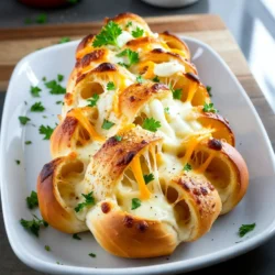 To make the Cheesy Pull-Apart Christmas Tree Bread, you need these tasty ingredients: - 2 cups all-purpose flour - 1 cup shredded mozzarella cheese - 1 cup shredded cheddar cheese - 1 packet (2¼ teaspoons) instant yeast - ½ teaspoon salt - 1 tablespoon sugar - ¾ cup warm milk (around 110°F) - 2 tablespoons olive oil - 1 tablespoon garlic powder - 1 tablespoon Italian seasoning - 1 egg (for egg wash) - Fresh parsley (for garnishing) Each ingredient plays an important role. The all-purpose flour gives the bread structure. The mozzarella and cheddar add that melty, cheesy goodness. Instant yeast helps the dough rise quickly. Sugar feeds the yeast, and warm milk activates it. Olive oil adds moisture and flavor. Garlic powder and Italian seasoning enhance the taste. An egg wash gives your bread a lovely golden color. Fresh parsley adds a bright touch for serving. Gather these items to create a delicious treat everyone will love! {{ingredient_image_1}} To start, combine warm milk and sugar in a large mixing bowl. Make sure the milk is about 110°F. This warmth helps activate the yeast. Sprinkle the instant yeast over the milk. Let it sit for about 5 minutes. You will see bubbles form, which means it is ready. Next, add olive oil, flour, and salt to the yeast mixture. Mix everything well until it forms a dough. Knead the dough on a floured surface for about 5-7 minutes. You want it to be smooth and elastic. After kneading, place the dough in a greased bowl. Cover it with a damp cloth and let it rise in a warm spot for 1 hour. The dough should double in size. Once the dough has risen, punch it down to release air. Roll it out on a floured surface into a square, about 12x12 inches. Sprinkle garlic powder and Italian seasoning evenly across the dough. Now, layer the shredded mozzarella and cheddar cheese on top. To cut the dough, slice it diagonally to make triangles. You want a large base and smaller triangles towards the top. Carefully stack the triangles on top of each other. Arrange them in a star-like shape on a parchment-lined baking sheet to form your Christmas tree. Preheat your oven to 375°F (190°C). While the oven heats, beat an egg in a small bowl. Brush the egg wash over the top of your dough tree. This will give it a nice golden finish. Bake the bread in the oven for 20-25 minutes. Look for a golden-brown color and melted cheese. Once baked, take it out and add chopped fresh parsley for a festive touch. Enjoy pulling apart this cheesy delight with family and friends! - Ensuring perfect dough texture To get the best dough, start with warm milk. This helps the yeast grow. Use the right amount of flour. Too much flour makes the dough dry. - How to let the dough rise properly After mixing, place your dough in a greased bowl. Cover it with a damp cloth. Let it rise in a warm spot for about one hour. It should double in size. If your kitchen is cold, try placing it near the oven. - Knowing when the bread is done Watch for a golden-brown color. The cheese should be melted and bubbly. A toothpick inserted in the center should come out clean. - Achieving a golden-brown finish Brush the dough with an egg wash before baking. This gives it that lovely shine. Bake at 375°F for 20 to 25 minutes. Keep an eye on it so it doesn't burn. - Best ways to present the bread Serve the bread warm on the baking sheet. Add some fresh parsley around the base. This adds color and makes it look festive. - Pairing suggestions for dips This bread is great with marinara sauce or garlic butter. For a twist, try a spicy ranch dip. It adds a nice kick to every cheesy bite! Pro Tips Use Fresh Yeast: For the best rise and flavor, consider using fresh yeast instead of instant yeast, if available. Experiment with Cheeses: While mozzarella and cheddar are classic choices, try adding other cheeses like gouda or parmesan for a unique flavor twist. Let Dough Rest: Allow the dough to rest for an additional 10 minutes after kneading for a softer texture. Perfect Egg Wash: For a shiny finish, mix a splash of milk into the beaten egg before brushing it on the dough. {{image_2}} You can use many types of cheese for this bread. Mozzarella and cheddar are great, but you can also try gouda or parmesan. Each type brings its own taste. Mixing cheeses can create fun flavors. Adding herbs can make the cheese even better. Try using fresh basil or rosemary. These will give your bread a nice twist. If you need a gluten-free option, use gluten-free flour. Many brands work well in baking. You can also try whole wheat flour. This adds more fiber and a nutty taste. Both options keep the bread tasty and fun. Just be sure to adjust the yeast to the type of flour you choose. You can change the shape of this bread for other holidays too. For Halloween, make a pumpkin shape. For Easter, try a bunny. These shapes can make your gatherings more festive. Think about adding toppings that match the holiday. You can use colored sprinkles or festive herbs to match the theme. To keep your Cheesy Pull-Apart Christmas Tree Bread fresh, follow these steps: - Wrap it well: Use plastic wrap or aluminum foil to cover the bread tightly. - Store in a cool place: Place it in the fridge to maintain its taste and texture. If stored properly, the bread stays fresh for about 3-4 days in the fridge. When it's time to enjoy the leftovers, here’s how to reheat without losing moisture: - Use the oven: Preheat to 350°F (175°C). Place the bread on a baking sheet and cover with foil. Heat for about 10-15 minutes. - Try the microwave: If you're in a hurry, microwave a slice for 15-20 seconds. Add a damp paper towel to keep it soft. For long-term storage, you can freeze the bread as well: - Wrap and seal: Place the wrapped bread in a freezer bag. - Freeze for up to 3 months: When ready to eat, thaw in the fridge overnight and reheat. Yes, you can make the dough ahead. After kneading, place it in a greased bowl. Cover it tightly with plastic wrap. Store it in the fridge for up to 24 hours. This slows down the rising process. When ready, let it sit at room temperature for about 30 minutes before shaping. This helps the dough relax and rise again. This bread pairs well with many dishes. Here are some ideas: - Marinara sauce for dipping - Warm garlic butter - Spinach and artichoke dip - A light salad with vinaigrette - Roasted vegetables for a hearty meal These options add flavor and variety to your feast. Absolutely! You can shape the bread in many fun ways. Here are some tips: - Use a star shape for a festive touch. - Make smaller rolls for easy sharing. - Create a wreath shape for a unique look. - Use cookie cutters for fun designs. Feel free to get creative. The best shape is the one that brings joy to your table. This blog post covered how to make Cheesy Pull-Apart Christmas Tree Bread step-by-step. You learned about the key ingredients, mixing techniques, baking tips, and creative variations. Remember, great bread starts with good dough and practice. Enjoy yourself while making it. The joy of sharing this tasty treat grows with each batch. Embrace your creativity in the kitchen, and make it your own. Now grab your ingredients and start baking!