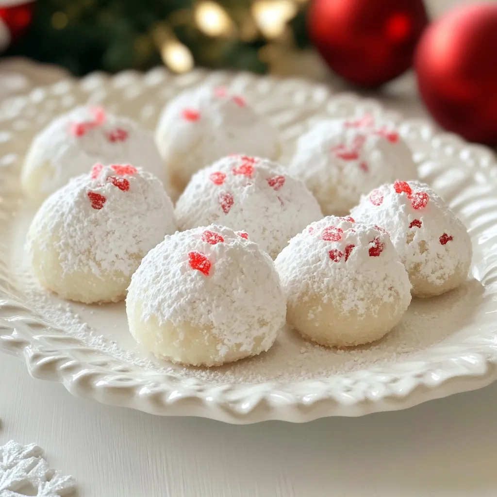 - 1 cup unsalted butter, softened - 1/2 cup powdered sugar, plus extra for dusting - 1 teaspoon pure vanilla extract - 1 teaspoon peppermint extract - 2 1/4 cups all-purpose flour - 1/2 cup crushed peppermint candies or candy canes - 1/4 teaspoon salt When I make these cookies, I use a standard cup for measuring butter. Make sure your butter is soft to mix well. For powdered sugar, I use a dry measuring cup. The extracts should be measured with a teaspoon. I recommend using a kitchen scale for the flour, if possible, to get it just right. If you don’t have a scale, use the spoon and level method—spoon the flour into the cup and level it off with a knife. You can easily change some of the ingredients. If you want a dairy-free option, use vegan butter. For a different flavor, swap the peppermint extract with almond extract. You can also use crushed chocolate candies instead of peppermint for a fun twist. If you need a gluten-free option, try a gluten-free all-purpose flour blend. Just make sure it has a binder like xanthan gum. {{ingredient_image_1}} Start by preheating your oven to 350°F (175°C). This ensures even baking. While the oven warms, line a baking sheet with parchment paper. The paper keeps the cookies from sticking. It also makes cleanup easy. Next, take a large mixing bowl. Add 1 cup of softened unsalted butter and 1/2 cup of powdered sugar. Beat them together for about 3-4 minutes. You want a light and fluffy mix. This step is key for soft cookies. Once mixed, add 1 teaspoon of pure vanilla extract and 1 teaspoon of peppermint extract. Blend until well combined. In a separate bowl, whisk together 2 1/4 cups of all-purpose flour and 1/4 teaspoon of salt. This helps evenly distribute the salt. Gradually add this dry mix to the butter mix, blending until just combined. Now, it’s time to fold in 1/2 cup of crushed peppermint candies or candy canes. Make sure they are evenly mixed in. This adds a delightful crunch and minty taste. Scoop about a tablespoon of dough and roll it into a ball. Place these balls on the prepared baking sheet, spacing them about 2 inches apart. This space allows them to spread while baking. Bake the cookies for 12-15 minutes. You want the edges to be lightly golden. The centers should stay pale. Once done, let them cool on the baking sheet for about 5 minutes. After that, transfer them to a wire rack to cool completely. While they are still warm, roll the cookies in powdered sugar until fully coated. Dust with more sugar before serving. To get soft and tender cookies, use room temperature butter. It helps cream well with sugar. Cream the butter and sugar for about 3-4 minutes. This makes the cookies light and fluffy. Avoid overmixing the dough once you add the flour. Just mix until combined to keep the cookies soft. Use pure extracts for the best taste. Peppermint extract is key here. Make sure to add a teaspoon of vanilla extract, too. This balance gives your cookies a great flavor. Don't forget the crushed peppermint candies. They add a nice crunch and extra flavor. To make your cookies look festive, use a pretty platter. Dust them with powdered sugar just before serving. This makes them look snowy and delicious. Add whole peppermint candies or colorful sprinkles around them for a fun touch. - Serving Suggestions: Enjoy these cookies with a hot cup of cocoa or tea. They make a delightful treat for holiday gatherings or cozy nights at home. Pro Tips Use Room Temperature Butter: Ensure your butter is softened to room temperature for easier creaming with the sugar, resulting in a lighter cookie texture. Don’t Overmix the Dough: Mix the flour in just until combined to keep the cookies tender and prevent them from becoming tough. Chill the Dough: For a firmer dough that holds its shape better while baking, consider chilling the rolled balls in the fridge for 15-30 minutes before baking. Fresh Peppermint Flavor: Use fresh peppermint candies or high-quality peppermint extract for the best flavor in your cookies. {{image_2}} You can add chocolate to make a new treat. Swap some flour for cocoa powder. Use 1/2 cup of cocoa powder instead of 1/2 cup of flour. This gives a rich, chocolatey flavor. The peppermint still shines through, making a perfect blend. For a gluten-free option, use almond flour or a gluten-free blend. Just make sure to measure carefully. Almond flour gives a nutty taste. A gluten-free blend works well too. Your cookies will still be soft and tasty, perfect for all to enjoy. You can mix things up with fun flavors. Try adding nuts like walnuts or pecans. Chop them finely and fold them in with the peppermint candies. This adds a nice crunch. Adding Nuts or Other Mix-ins Other mix-ins can enhance the taste. You could add chocolate chips or butterscotch chips. These add sweetness and richness. Dried fruit like cranberries can bring a tart twist. Be creative with your mix-ins to find your favorite combo! To keep peppermint snowball cookies fresh, store them in an airtight container. Line the container with parchment paper to prevent sticking. Place a layer of cookies, then add a layer of parchment. This helps them stay soft and tasty. Keep the container at room temperature away from heat or direct sunlight. You can freeze these cookies for later enjoyment. First, let them cool completely. Then, place them in a single layer on a baking sheet. Freeze them for about an hour. Once frozen, transfer the cookies to an airtight freezer bag. Remove as much air as possible to prevent freezer burn. They can last up to three months in the freezer. When stored properly, peppermint snowball cookies can last about one week at room temperature. If you freeze them, they remain good for about three months. Always check for any signs of spoilage before enjoying them, especially if stored for longer periods. Yes, you can use margarine, but the taste changes. Butter gives a rich flavor, while margarine is lighter. If you choose margarine, pick one with a high fat content. This helps keep the cookies tender. Adjust the baking time if needed. Watch for the edges to turn light golden. To make these cookies more festive, you can add sprinkles. Use red and green ones for a holiday touch. You can also mix in chocolate chips or nuts. Another idea is to drizzle melted white chocolate on top. Use a fork to create fun designs. These small changes can brighten up the cookies. Crushing peppermint candies is easy. First, place them in a plastic bag. Seal the bag tightly, so no pieces escape. Use a rolling pin or a heavy pan to crush them. Smash gently for larger pieces or harder for fine dust. Sifting the crushed candies can help separate larger bits, making them perfect for your cookies. This blog post covered every detail to help you bake perfect cookies. We discussed the ingredients, steps, and helpful tips. You learned about cookie variations and storage methods. Now you’re ready to enjoy baking fun and tasty treats. Remember, practice makes perfect. Have fun experimenting with flavors and methods. It’s all about enjoying the process. Now go ahead, create something delicious!