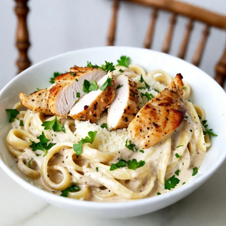 To make Cajun Chicken Alfredo, you need the following ingredients: - 2 boneless, skinless chicken breasts - 2 tablespoons Cajun seasoning - 12 ounces fettuccine pasta - 2 tablespoons olive oil - 4 cloves garlic, minced - 1 cup heavy cream - 1 cup grated Parmesan cheese - 1 teaspoon black pepper - Salt to taste - Fresh parsley, chopped (for garnish) These ingredients blend to create a rich and flavorful meal. Each ingredient in this dish adds unique benefits: - Chicken: A great source of lean protein, it helps build muscles and keeps you full. - Cajun seasoning: It often contains herbs and spices that may boost your metabolism. - Fettuccine: While it’s a carb, whole grain options can provide fiber and energy. - Olive oil: This heart-healthy fat is rich in antioxidants and good for your heart. - Garlic: Known for its immune-boosting properties, garlic adds flavor and health benefits. - Heavy cream: While rich, it provides calcium, which is essential for bone health. - Parmesan cheese: This adds protein and calcium, plus a delicious savory flavor. If you lack an ingredient, here are some easy swaps: - Chicken: Use shrimp or tofu for a different protein. - Cajun seasoning: Mix paprika, cayenne, and garlic powder for a homemade version. - Fettuccine: Any pasta, like penne or spaghetti, works fine if you don’t have fettuccine. - Heavy cream: Substitute with half-and-half or a non-dairy cream for a lighter option. - Parmesan cheese: Nutritional yeast can offer a cheesy flavor for a vegan option. These substitutes keep the dish flavorful while meeting your needs. {{ingredient_image_1}} Start with two boneless, skinless chicken breasts. Rub Cajun seasoning all over the chicken. Make sure every part is coated well. Let the chicken sit for 20 minutes. This helps the spice mix soak in. Next, boil a large pot of salted water. Add 12 ounces of fettuccine pasta. Cook according to the package until it is al dente. This usually takes about 10 to 12 minutes. Save ½ cup of the pasta water before draining it. This water will help the sauce later. In a large skillet, heat two tablespoons of olive oil over medium-high heat. Add the seasoned chicken breasts and cook for 6 to 7 minutes on each side. You want them golden brown and fully cooked. Once done, take the chicken out and let it rest. In the same skillet, lower the heat. Add four minced garlic cloves and sauté for about one minute until fragrant. Pour in one cup of heavy cream and mix well. Gradually stir in one cup of grated Parmesan cheese. If the sauce seems thick, add a bit of the reserved pasta water until smooth. Slice the rested chicken into strips. Add the chicken back to the skillet with the pasta. Toss everything together so the fettuccine gets coated in the creamy sauce. Season with one teaspoon of black pepper and salt to taste. Serve hot, garnished with fresh chopped parsley for a nice touch. To get the best flavor in Cajun Chicken Alfredo, marinate the chicken well. Use Cajun seasoning generously. Let it sit for at least 20 minutes. This step helps the spices soak into the meat. When you cook the chicken, sear it until it’s golden brown. This creates a nice crust. It adds depth to the dish. When cooking chicken breasts, use medium-high heat. This helps to cook the chicken quickly and keeps it juicy. Flip the chicken only once during cooking. This prevents it from drying out. Always check the internal temperature. It should reach 165°F to ensure it’s safe to eat. Let the chicken rest after cooking. This helps the juices settle back in. One common mistake is overcooking the pasta. Always cook it al dente. This keeps the pasta firm and prevents mushiness. Another mistake is not using enough salt in the pasta water. Salt enhances flavor, so don’t skip it. Lastly, avoid thickening the sauce too much. If it gets too thick, add some reserved pasta water to loosen it up. Pro Tips Marinate for Maximum Flavor: Allow the chicken to marinate for at least 20 minutes, or even overnight, to enhance the Cajun seasoning's depth and flavor. Perfect Pasta Cooking: Ensure the pasta is cooked al dente for the best texture. This means it should be firm when bitten, providing a better contrast to the creamy sauce. Save Pasta Water: Always reserve some pasta water before draining. This starchy water can be used to adjust the sauce's consistency if it becomes too thick. Fresh Herbs for Garnish: Use freshly chopped parsley as a garnish not only for a pop of color but also to add a fresh flavor that balances the richness of the Alfredo sauce. {{image_2}} You can boost the flavor and nutrition by adding vegetables. Bell peppers, spinach, or broccoli work great. Slice the bell peppers and add them to the skillet with the garlic. Cook until they are soft. For spinach, add it right before mixing the pasta. It wilts quickly and adds color. Broccoli can be steamed and tossed in at the end. This adds crunch and fiber. If you want a different protein, shrimp or tofu are fantastic choices. For shrimp, simply sauté them in olive oil until they turn pink. This takes about three to four minutes. Tofu is a great option for a plant-based meal. Use firm tofu and cube it. Sauté it until golden brown. Both options pair well with the creamy sauce. Adjusting the spice level is easy. If you want more heat, add cayenne pepper or extra Cajun seasoning. For a richer sauce, use more heavy cream and Parmesan cheese. If you prefer a lighter dish, substitute half of the cream with low-fat milk or chicken broth. This keeps the flavor but reduces calories. Each version gives you a unique taste. Enjoy experimenting! To keep your Cajun Chicken Alfredo fresh, let it cool first. Place the leftovers in an airtight container. Refrigerate them. They will last for up to three days. Avoid leaving them out at room temperature for too long. When you are ready to enjoy your leftovers, reheat them gently. Use the microwave or a skillet over low heat. If the sauce seems thick, add a splash of cream or pasta water. Stir often to heat evenly. You can freeze Cajun Chicken Alfredo for later. Allow it to cool completely before freezing. Use a freezer-safe container and label it with the date. It will stay fresh for up to three months. To reheat, thaw in the fridge overnight, then warm it up on the stove. You can pair Cajun Chicken Alfredo with a simple green salad. A fresh Caesar salad adds crispness. Garlic bread makes a great side too. You might also enjoy steamed veggies. They balance the meal and add color. Yes, you can make Cajun Chicken Alfredo ahead of time. Cook the chicken and pasta, then store them separately. Keep the sauce in a container. When ready to eat, heat everything together. Just be careful not to overcook the pasta. Cajun Chicken Alfredo can be spicy. The level of spice depends on the Cajun seasoning you use. If you prefer it less spicy, use a milder blend. You can also add less seasoning to suit your taste. To adjust the creaminess, add more heavy cream. If it's too thick, add some reserved pasta water. Stir well to mix. For a lighter sauce, try using half-and-half instead of heavy cream. This keeps it creamy but lighter. Cajun Chicken Alfredo is a tasty dish that blends creamy sauce, tender chicken, and pasta. I shared essential ingredients and their health perks, plus great substitutes. You now have step-by-step cooking tips for the best results. Remember to avoid common mistakes for top flavor. For variations, explore adding veggies or using shrimp or tofu. Lastly, I covered storage tips for leftovers and reheating. Enjoy cooking your new favorite meal and make it your own!