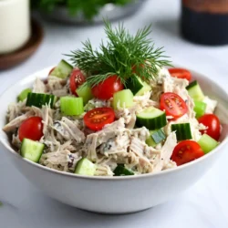 For a tasty Greek yogurt chicken salad, you need: - 2 cups cooked chicken breast, shredded - 1 cup plain Greek yogurt - 1 tablespoon Dijon mustard - 1 tablespoon honey - 1 celery stalk, finely chopped - &frac12; red onion, finely chopped - 1 cup diced cucumber - &frac12; cup cherry tomatoes, halved - 2 tablespoons fresh dill, chopped - Salt and pepper to taste - 1 tablespoon lemon juice These ingredients create a great mix of flavors and textures. The chicken gives protein, while the veggies add crunch. You can add some fun extras to enhance taste. Try: - &frac14; cup chopped nuts, like almonds or walnuts - &frac12; cup diced apples or grapes - 1 tablespoon capers for a salty kick - A dash of hot sauce for heat These additions can give your salad a new twist. Experiment and find what you like best! Greek yogurt packs a punch of nutrients. It is rich in protein, which helps you feel full. It also has probiotics that support gut health. The calcium in Greek yogurt is great for strong bones. Plus, it has less sugar than regular yogurt, making it a smart choice. Using Greek yogurt instead of mayo lowers fat content while keeping creaminess. This dish is not just tasty; it&rsquo;s also good for you! {{ingredient_image_1}} Start with 2 cups of cooked chicken breast. I like to shred it for a nice texture. Use a fork to pull the chicken apart. If you don&rsquo;t have cooked chicken, you can boil or roast it first. Make sure it cools down before shredding. This step is key for a great salad. In a large mixing bowl, combine the shredded chicken with 1 cup of plain Greek yogurt. Add 1 tablespoon of Dijon mustard and 1 tablespoon of honey for a hint of sweetness. Next, chop 1 celery stalk, and &frac12; red onion, and dice 1 cup of cucumber. Toss these into the bowl along with &frac12; cup of halved cherry tomatoes. Finally, add 2 tablespoons of fresh chopped dill. The dill adds a fresh flavor that brightens the salad. Mix all the ingredients well until everything is coated. Then, squeeze in 1 tablespoon of lemon juice. Don&rsquo;t forget to season with salt and pepper to taste. Stir again to make sure the seasoning is even. Cover the bowl and refrigerate for at least 30 minutes. This lets all the flavors blend together. When you&rsquo;re ready to serve, you can place the chicken salad on leafy greens or use it as a filling for sandwiches or wraps. To get the best flavor in your Greek yogurt chicken salad, use fresh ingredients. Fresh dill adds a lovely taste. I recommend using high-quality Greek yogurt. It should be creamy and tangy. A good squeeze of lemon juice brightens the dish. Honey adds a nice sweetness to balance the tanginess. Don't skip the Dijon mustard, as it gives depth. Mixing well is key, so each bite bursts with flavor. One common mistake is using dry chicken. Make sure your chicken is juicy and tender. Over-mixing can also ruin the texture. You want a nice, chunky salad. Another mistake is not letting it chill. Refrigerate for at least 30 minutes. This helps the flavors blend. Lastly, avoid adding too much salt at first. You can always taste and adjust later. You can serve Greek yogurt chicken salad in many ways. A simple way is on a bed of leafy greens. This makes a light and fresh meal. You can also use it as a filling for sandwiches or wraps. It's a great option for lunch. For a fun twist, try serving it in cucumber boats. They add a nice crunch and look beautiful on a plate. Pro Tips Use Leftover Chicken: This recipe is perfect for using up leftover rotisserie chicken or any cooked chicken you have on hand. Customize Your Veggies: Feel free to add or substitute any vegetables you like, such as bell peppers or carrots, for added crunch and nutrition. Make It Ahead: This chicken salad tastes even better the next day, so consider making it a day in advance for meal prep. Serve It Creatively: Try serving the salad in avocado halves or on cucumber boats for a fun and healthy presentation. {{image_2}} You can boost the nutrition of your Greek yogurt chicken salad by adding more veggies. Try adding chopped bell peppers for a sweet crunch. Shredded carrots bring color and extra vitamins. You can also toss in some spinach or arugula for more greens. These additions help make the dish even healthier and more filling. If you want a change from chicken, you have options. You can use canned tuna or chickpeas for a different flavor. For a plant-based meal, try diced tofu or tempeh. These choices keep the salad tasty and packed with protein. This way, everyone can enjoy it, no matter their diet. Adding unique flavors can make your salad stand out. Try mixing in some chopped apples for sweetness. A dash of curry powder gives a warm, spicy kick. You can even add chopped nuts for crunch. These twists can make each bite exciting and new. To keep your Greek yogurt chicken salad fresh, use an airtight container. This helps prevent moisture and air from spoiling it. Make sure to seal the container tightly. If you plan to eat it within a few days, store it in the fridge. This salad stays tasty and safe for up to four days when stored correctly. You can freeze Greek yogurt chicken salad, but it may change in texture. To freeze, place it in a freezer-safe container. Leave some space at the top for expansion. Seal it tightly and label it with the date. You can freeze it for up to three months. When you're ready to eat, thaw it in the fridge overnight. Stir it well before serving. The shelf life of Greek yogurt chicken salad is about four days in the fridge. After this time, it may lose flavor and freshness. If you notice any off smells or changes in color, it&rsquo;s best to toss it out. Always trust your senses to ensure food safety. Yes, you can use other yogurts if you want. However, Greek yogurt gives a thick and creamy texture. Regular yogurt is thinner and may change the salad's consistency. If you use non-dairy yogurt, check the flavor. Some can be sweet or tangy. Greek Yogurt Chicken Salad is a healthy choice! It is low in fat and high in protein. Greek yogurt adds calcium and probiotics for gut health. The veggies add fiber and vitamins. This salad can fit into many diets, including low-carb and keto. You can keep Greek Yogurt Chicken Salad in the fridge for about three to four days. Make sure to store it in an airtight container. If you notice any change in smell or color, it is best to throw it away. Enjoy it fresh for the best taste! Greek yogurt chicken salad is tasty and healthy. We covered the main and optional ingredients, like Greek yogurt, chicken, and veggies. You learned how to prepare, mix, and season your salad for great flavor. Remember the tips to avoid common mistakes. Try different flavors and protein options to mix things up. Proper storage keeps your leftovers fresh. Now, make this salad your own and enjoy all its benefits!