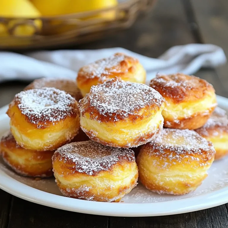 - 1 cup all-purpose flour - 1 teaspoon baking powder - 1/2 teaspoon salt - 1/4 teaspoon nutmeg - 1/4 teaspoon cinnamon - 1/2 cup granulated sugar - 1/4 cup unsalted butter, melted - 1/2 cup milk - 1 large egg - 1 teaspoon vanilla extract - 1/4 cup powdered sugar To make Cinnamon Sugar French Breakfast Puffs, you need simple ingredients. Each one plays an important role. All-purpose flour gives the puffs their structure. Without it, the puffs would be flat. Baking powder helps them rise, making them light and fluffy. Salt balances the sweet flavors. It makes the taste richer. Nutmeg adds a warm, spicy note. Just a little gives a nice depth. Cinnamon brings a sweet aroma and flavor. It pairs well with sugar. Granulated sugar is the sweet base for the batter. It adds the perfect touch of sweetness. Unsalted butter keeps the puffs moist and rich. Melt it for easy mixing. Milk adds creaminess and helps bind the ingredients. Egg provides structure and richness to the puffs. It helps them hold their shape. Vanilla extract adds a warm and sweet flavor. It enhances all the other tastes. Powdered sugar is for dusting. It makes the puffs look pretty and sweet. Each ingredient is easy to find. You likely have many at home. When you mix them, you create magic. Enjoy the process! {{ingredient_image_1}} Preheat your oven to 350°F (175°C). Grease a mini muffin pan or a standard muffin pan. This step is key for easy removal later. In a mixing bowl, whisk together the following dry ingredients: - 1 cup all-purpose flour - 1 teaspoon baking powder - 1/2 teaspoon salt - 1/4 teaspoon nutmeg - 1/4 teaspoon cinnamon Make sure to mix well. This helps to blend the flavors and ensures even baking. In another bowl, whisk these wet ingredients until smooth: - 1/4 cup unsalted butter, melted - 1/2 cup granulated sugar - 1/2 cup milk - 1 large egg - 1 teaspoon vanilla extract Whisk until the mixture is homogenous. This creates a rich and creamy base for your puffs. Gradually add the dry ingredients into the wet ingredients. Stir gently until no flour streaks remain. Be careful not to overmix; some lumps are okay! This keeps your puffs light and fluffy. Using a spoon or a cookie scoop, fill each muffin cup about 2/3 full with the batter. Bake in the preheated oven for 12-15 minutes. Check if they are done by inserting a toothpick. It should come out clean when they are ready. While the puffs bake, mix together in a small bowl: - 1/2 cup granulated sugar - 1 tablespoon of cinnamon Once the puffs cool for about 5 minutes, brush them with melted butter. Then roll them in the cinnamon sugar until evenly coated. This gives them a sweet, crunchy outer layer. To get fluffy puffs, start with fresh ingredients. Use a kitchen scale for precise measurements. Whisk your dry ingredients well. This helps to mix the baking powder evenly. When you mix wet and dry ingredients, stir gently. Overmixing can make your puffs tough. Aim for a few lumps in the batter; this keeps them light and airy. These puffs pair well with coffee or tea. You can also serve them with fresh fruit or yogurt. A drizzle of honey adds a nice touch. If you want something richer, try whipped cream. Feel free to get creative with your toppings! Do not skip the greasing step on your muffin pan. Sticking can ruin your puffs. Make sure your oven is fully preheated before baking. This ensures even cooking. Avoid leaving the puffs in the oven too long; check them around 12 minutes. Lastly, don’t rush the cooling process. Let them cool slightly before coating in cinnamon sugar. Pro Tips Use Fresh Spices: Ensure your cinnamon and nutmeg are fresh for the best flavor. Ground spices lose potency over time, so check the expiration dates. Don’t Overmix: When combining wet and dry ingredients, mix just until combined. Overmixing can lead to tough puffs rather than light and fluffy ones. Temperature Matters: Allow the puffs to cool slightly before rolling in cinnamon sugar. This helps the sugar stick better and enhances the overall flavor. Experiment with Flavors: Feel free to add your favorite extracts or citrus zest to the batter for a unique twist. Almond extract or lemon zest can elevate the taste! {{image_2}} You can easily switch up the flavors in these puffs. Here are some fun ideas: - Cocoa Powder: Add 2 tablespoons of cocoa powder for a chocolate twist. - Lemon Zest: Grate in some lemon zest for a fresh, zesty kick. - Almond Extract: Replace vanilla with almond extract for a nutty flavor. - Fruit: Fold in blueberries, raspberries, or chopped apples into the batter. Each add-in gives a new taste. Feel free to mix and match! Want to make these puffs a bit healthier? Here are some tips: - Lower Sugar: Cut the granulated sugar by half. Use a sugar substitute if desired. - Gluten-Free Flour: Swap the all-purpose flour for gluten-free flour. Check the package for the right amount. - Unsweetened Applesauce: Replace half the butter with unsweetened applesauce. This keeps them moist and cuts fat. These changes still keep the puffs tasty but make them a bit better for you. Presentation can make a big difference. Here are some creative serving ideas: - Mini Skewers: Thread puffs onto skewers for a fun, bite-sized treat. - Dipping Sauces: Serve with chocolate, caramel, or fruit sauces for dipping. - Breakfast Bar: Set up a breakfast bar with toppings like fresh fruit, whipped cream, or yogurt. These styles not only look great but also add fun to your meal! To keep your Cinnamon Sugar French Breakfast Puffs fresh, store them in an airtight container. Make sure to let them cool completely first. This helps avoid moisture which can make them soggy. If you want them to stay soft, line the container with a paper towel. You can freeze these puffs for later enjoyment. First, cool them completely. Then, arrange them in a single layer on a baking sheet. Freeze for about an hour until they are solid. After that, place them in a freezer-safe bag. When you want to eat them, just reheat in the oven at 350°F for about 10-15 minutes. These puffs stay fresh at room temperature for about 2 days. If stored properly in the fridge, they can last up to a week. In the freezer, they can last for about 2 months. Just remember, the sooner you eat them, the better they taste! Yes, you can prepare these puffs ahead of time. Make the batter and store it in the fridge for up to 24 hours. This way, you can bake them fresh in the morning. If you bake them ahead, let them cool completely. Then, store them in an airtight container at room temperature for up to two days. For longer storage, freeze the puffs. Just wrap them well in plastic wrap and place them in a freezer bag. They can last up to three months in the freezer. You can tell the puffs are done when they turn a light golden color. Insert a toothpick into the center of a puff; it should come out clean. If it has wet batter on it, bake them a bit longer. Usually, they take about 12 to 15 minutes. Keep a close eye on them during the last few minutes. This ensures they do not overbake and become dry. If you need to replace eggs, there are several great options. You can use 1/4 cup of unsweetened applesauce for each egg. This helps keep the puffs moist. Another option is to use a flax egg. Mix 1 tablespoon of ground flaxseed with 2.5 tablespoons of water. Let it sit for five minutes until it thickens. You can also use yogurt, buttermilk, or silken tofu as egg substitutes. Each option adds moisture and a bit of flavor to the puffs. This blog post covered the key steps for making delicious puffs. We went over every ingredient and explained how to mix, bake, and coat them. I shared tips to ensure perfect texture and common mistakes to avoid. You can also explore fun variations and storage methods to keep your puffs fresh. Enjoy creating your puffs and impressing others with your skills in the kitchen. Happy baking!
