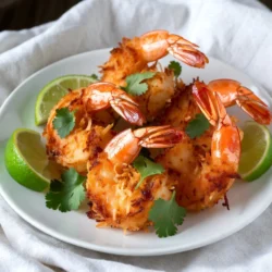 - 1 lb large shrimp, peeled and deveined - 1 cup panko breadcrumbs - 1 cup shredded coconut (sweetened or unsweetened) - 1/2 cup all-purpose flour - 2 large eggs - 1 teaspoon garlic powder - 1 teaspoon paprika - Salt and pepper to taste - Cooking spray or olive oil for spraying To make air fryer coconut shrimp, start with fresh and clean shrimp. You want large shrimp for a big bite! The panko breadcrumbs give a great crunch, while the shredded coconut adds sweetness. You can choose sweetened or unsweetened coconut based on your taste. Next, gather your additional ingredients. Flour helps the coating stick to the shrimp. Eggs provide richness and help the coating adhere well. Garlic powder and paprika add flavor. A little salt and pepper will enhance all the tastes. You can use cooking spray or olive oil to keep the shrimp from sticking in the air fryer. Trust me, a light spray works wonders! This mix of ingredients will create a crispy and tasty treat that you will love to share. {{ingredient_image_1}} 1. Preheat your air fryer to 400°F (200°C). This step is key for crispy shrimp. 2. In a shallow dish, mix the flour, garlic powder, paprika, salt, and pepper. This blend adds great flavor. 1. Dip each shrimp into the flour mixture. Make sure it is fully coated. Shake off any extra flour. 2. Next, dip the floured shrimp into the beaten eggs. Again, cover it completely. 3. Now, transfer the shrimp into the panko-coconut mix. Press gently to stick the coating well. 1. Lightly spray the air fryer basket with cooking spray or brush with olive oil. This helps prevent sticking. 2. Arrange the shrimp in a single layer in the basket. Avoid crowding for even cooking. 3. Cook the shrimp for 6-8 minutes. Flip them halfway through to ensure they brown nicely. 4. Check that the shrimp are golden brown and opaque. Enjoy your crispy coconut shrimp! To get that perfect crunch, set your air fryer to 400°F (200°C). This high heat cooks the shrimp fast, keeping them juicy inside. Cook for 6-8 minutes, but check halfway. Flip each shrimp for even cooking. Use cooking spray or a light brush of olive oil on the basket. This prevents sticking and helps the coating brown nicely. A little oil goes a long way in making your shrimp crispy. Dipping sauces make your coconut shrimp shine. Try sweet chili sauce for a spicy kick. Mango salsa adds a fresh touch. You can even mix soy sauce with lime juice for a zesty dip. For a beautiful presentation, serve the shrimp on a platter lined with lettuce. Add lime wedges and fresh cilantro for color. This makes your dish look as good as it tastes! If you want a gluten-free option, use almond flour or coconut flour instead of all-purpose flour. Both give a nice crunch while being friendly to your diet. To reduce calories, consider using less oil or skipping the oil spray. The shrimp will still be tasty, just not as crispy. You can also use smaller shrimp for fewer calories, but keep the flavor! Pro Tips Freshness Matters: Use fresh, high-quality shrimp for the best flavor and texture. Frozen shrimp can work, but ensure they are fully thawed before cooking. Even Coating: For an even coating, make sure to press the shrimp into the panko-coconut mixture firmly. This helps the breading stick better during cooking. Don't Overcrowd: Avoid overcrowding the air fryer basket. Cook in batches if necessary to achieve maximum crispiness and even cooking. Experiment with Dips: Try different dipping sauces like spicy mayo, garlic aioli, or a zesty lime vinaigrette to elevate the dish. {{image_2}} You can enhance the flavor of your coconut shrimp by adding spices or herbs to the coating. Try mixing in some chili powder for heat or dried oregano for earthiness. You can even add a hint of lime zest for a fresh twist. Experimenting with different types of coconut can also change the taste. Sweetened coconut provides a nice contrast to the savory shrimp. Unsweetened coconut gives a more natural flavor. Shredded coconut or coconut flakes can add different textures too. If you want a break from shrimp, consider using chicken or tofu instead. Chicken breast cut into strips works well. Tofu can be a great vegan choice; just press it to remove excess moisture before coating. For a vegan coating, swap the eggs with a flaxseed mixture. Mix one tablespoon of ground flaxseed with three tablespoons of water. Let it sit for a few minutes to thicken. This will help the coating stick to your protein of choice. Coconut shrimp pairs well with many side dishes. A light salad with citrus dressing complements the shrimp nicely. You can also serve it with rice or quinoa for a complete meal. When it comes to drinks, try a refreshing coconut water or a fruity mocktail. A chilled glass of white wine also works well. These options balance the richness of the shrimp. After you cook the coconut shrimp, let them cool first. Place them in an airtight container. This helps keep them fresh. You can store them in the fridge for up to three days. Make sure they are not stacked too tightly. This keeps the coating nice and crisp. When you need to reheat coconut shrimp, use the air fryer again. Set it to 350°F (175°C). Place the shrimp in the basket for about 5 minutes. This method keeps them crispy. Avoid using the microwave, as it can make them soggy. If you use a skillet, heat it on medium. Cook the shrimp for 2-3 minutes, turning them often. You can freeze both uncooked and cooked coconut shrimp. For uncooked shrimp, place them in a single layer on a tray. Freeze them until solid, then transfer to a bag. This keeps them from sticking together. For cooked shrimp, let them cool, then store in an airtight bag. They can last for up to two months. When you want to enjoy them, thaw in the fridge overnight. This gives the best results. Yes, you can use frozen shrimp in this recipe. Just remember a few tips to make it work well. First, thaw the shrimp before coating them. You can do this by placing them in cold water for about 15-20 minutes. Make sure to pat them dry with a paper towel after thawing. This helps the coating stick better. If you skip this step, the shrimp may be too wet, which can make them soggy. To make coconut shrimp in a conventional oven, preheat your oven to 400°F (200°C). Use the same coating method as for the air fryer. Place the breaded shrimp on a baking sheet lined with parchment paper. Make sure they are not touching. Spray them lightly with cooking spray or brush with oil for crispiness. Bake for 12-15 minutes, flipping halfway through. Keep an eye on them to get that golden brown color. Coconut shrimp pairs well with many sauces. Here are some popular options: - Sweet chili sauce - Mango salsa - Kiwi lime sauce You can also make your own dipping sauce at home. Try mixing mayonnaise with lime juice and a bit of garlic. This gives a creamy, tangy flavor that complements the shrimp. Another idea is to mix honey with soy sauce for a sweet and salty taste. Enjoy experimenting with different flavors! You can create delicious coconut shrimp with simple steps and ingredients. We covered the shrimp and coating, preparation, breading, and cooking process. I shared tips for perfect crispiness and suggested fun serving ideas. You can also explore flavor variations and healthy alternatives. Don’t forget about storage tips for leftovers. Finding the right sauce can elevate your dish. Enjoy your cooking journey and experiment with your coconut shrimp dish! Make it your own and share it with friends.