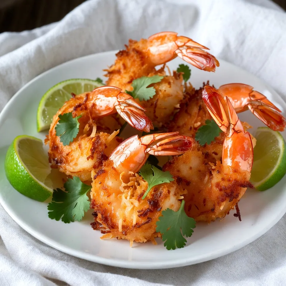 - 1 lb large shrimp, peeled and deveined - 1 cup panko breadcrumbs - 1 cup shredded coconut (sweetened or unsweetened) - 1/2 cup all-purpose flour - 2 large eggs - 1 teaspoon garlic powder - 1 teaspoon paprika - Salt and pepper to taste - Cooking spray or olive oil for spraying To make air fryer coconut shrimp, start with fresh and clean shrimp. You want large shrimp for a big bite! The panko breadcrumbs give a great crunch, while the shredded coconut adds sweetness. You can choose sweetened or unsweetened coconut based on your taste. Next, gather your additional ingredients. Flour helps the coating stick to the shrimp. Eggs provide richness and help the coating adhere well. Garlic powder and paprika add flavor. A little salt and pepper will enhance all the tastes. You can use cooking spray or olive oil to keep the shrimp from sticking in the air fryer. Trust me, a light spray works wonders! This mix of ingredients will create a crispy and tasty treat that you will love to share. {{ingredient_image_1}} 1. Preheat your air fryer to 400°F (200°C). This step is key for crispy shrimp. 2. In a shallow dish, mix the flour, garlic powder, paprika, salt, and pepper. This blend adds great flavor. 1. Dip each shrimp into the flour mixture. Make sure it is fully coated. Shake off any extra flour. 2. Next, dip the floured shrimp into the beaten eggs. Again, cover it completely. 3. Now, transfer the shrimp into the panko-coconut mix. Press gently to stick the coating well. 1. Lightly spray the air fryer basket with cooking spray or brush with olive oil. This helps prevent sticking. 2. Arrange the shrimp in a single layer in the basket. Avoid crowding for even cooking. 3. Cook the shrimp for 6-8 minutes. Flip them halfway through to ensure they brown nicely. 4. Check that the shrimp are golden brown and opaque. Enjoy your crispy coconut shrimp! To get that perfect crunch, set your air fryer to 400°F (200°C). This high heat cooks the shrimp fast, keeping them juicy inside. Cook for 6-8 minutes, but check halfway. Flip each shrimp for even cooking. Use cooking spray or a light brush of olive oil on the basket. This prevents sticking and helps the coating brown nicely. A little oil goes a long way in making your shrimp crispy. Dipping sauces make your coconut shrimp shine. Try sweet chili sauce for a spicy kick. Mango salsa adds a fresh touch. You can even mix soy sauce with lime juice for a zesty dip. For a beautiful presentation, serve the shrimp on a platter lined with lettuce. Add lime wedges and fresh cilantro for color. This makes your dish look as good as it tastes! If you want a gluten-free option, use almond flour or coconut flour instead of all-purpose flour. Both give a nice crunch while being friendly to your diet. To reduce calories, consider using less oil or skipping the oil spray. The shrimp will still be tasty, just not as crispy. You can also use smaller shrimp for fewer calories, but keep the flavor! Pro Tips Freshness Matters: Use fresh, high-quality shrimp for the best flavor and texture. Frozen shrimp can work, but ensure they are fully thawed before cooking. Even Coating: For an even coating, make sure to press the shrimp into the panko-coconut mixture firmly. This helps the breading stick better during cooking. Don't Overcrowd: Avoid overcrowding the air fryer basket. Cook in batches if necessary to achieve maximum crispiness and even cooking. Experiment with Dips: Try different dipping sauces like spicy mayo, garlic aioli, or a zesty lime vinaigrette to elevate the dish. {{image_2}} You can enhance the flavor of your coconut shrimp by adding spices or herbs to the coating. Try mixing in some chili powder for heat or dried oregano for earthiness. You can even add a hint of lime zest for a fresh twist. Experimenting with different types of coconut can also change the taste. Sweetened coconut provides a nice contrast to the savory shrimp. Unsweetened coconut gives a more natural flavor. Shredded coconut or coconut flakes can add different textures too. If you want a break from shrimp, consider using chicken or tofu instead. Chicken breast cut into strips works well. Tofu can be a great vegan choice; just press it to remove excess moisture before coating. For a vegan coating, swap the eggs with a flaxseed mixture. Mix one tablespoon of ground flaxseed with three tablespoons of water. Let it sit for a few minutes to thicken. This will help the coating stick to your protein of choice. Coconut shrimp pairs well with many side dishes. A light salad with citrus dressing complements the shrimp nicely. You can also serve it with rice or quinoa for a complete meal. When it comes to drinks, try a refreshing coconut water or a fruity mocktail. A chilled glass of white wine also works well. These options balance the richness of the shrimp. After you cook the coconut shrimp, let them cool first. Place them in an airtight container. This helps keep them fresh. You can store them in the fridge for up to three days. Make sure they are not stacked too tightly. This keeps the coating nice and crisp. When you need to reheat coconut shrimp, use the air fryer again. Set it to 350°F (175°C). Place the shrimp in the basket for about 5 minutes. This method keeps them crispy. Avoid using the microwave, as it can make them soggy. If you use a skillet, heat it on medium. Cook the shrimp for 2-3 minutes, turning them often. You can freeze both uncooked and cooked coconut shrimp. For uncooked shrimp, place them in a single layer on a tray. Freeze them until solid, then transfer to a bag. This keeps them from sticking together. For cooked shrimp, let them cool, then store in an airtight bag. They can last for up to two months. When you want to enjoy them, thaw in the fridge overnight. This gives the best results. Yes, you can use frozen shrimp in this recipe. Just remember a few tips to make it work well. First, thaw the shrimp before coating them. You can do this by placing them in cold water for about 15-20 minutes. Make sure to pat them dry with a paper towel after thawing. This helps the coating stick better. If you skip this step, the shrimp may be too wet, which can make them soggy. To make coconut shrimp in a conventional oven, preheat your oven to 400°F (200°C). Use the same coating method as for the air fryer. Place the breaded shrimp on a baking sheet lined with parchment paper. Make sure they are not touching. Spray them lightly with cooking spray or brush with oil for crispiness. Bake for 12-15 minutes, flipping halfway through. Keep an eye on them to get that golden brown color. Coconut shrimp pairs well with many sauces. Here are some popular options: - Sweet chili sauce - Mango salsa - Kiwi lime sauce You can also make your own dipping sauce at home. Try mixing mayonnaise with lime juice and a bit of garlic. This gives a creamy, tangy flavor that complements the shrimp. Another idea is to mix honey with soy sauce for a sweet and salty taste. Enjoy experimenting with different flavors! You can create delicious coconut shrimp with simple steps and ingredients. We covered the shrimp and coating, preparation, breading, and cooking process. I shared tips for perfect crispiness and suggested fun serving ideas. You can also explore flavor variations and healthy alternatives. Don’t forget about storage tips for leftovers. Finding the right sauce can elevate your dish. Enjoy your cooking journey and experiment with your coconut shrimp dish! Make it your own and share it with friends.