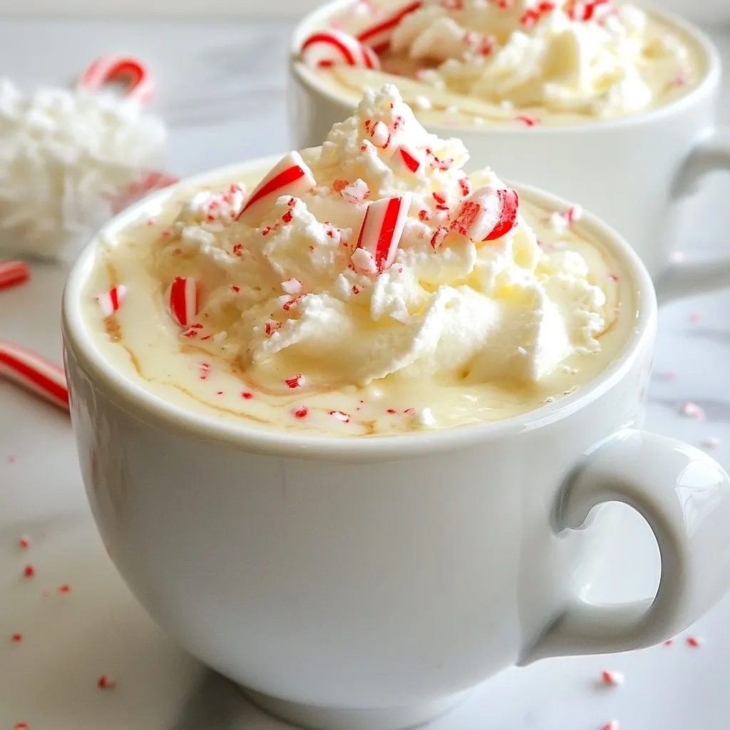 - 4 cups milk - 1 cup heavy cream - 12 oz white chocolate chips - 1 teaspoon vanilla extract - 1/2 teaspoon peppermint extract - 2 crushed candy canes (plus extra for garnish) - Whipped cream for topping When making Slow Cooker Candy Cane White Hot Chocolate, you want the best ingredients. Start with 4 cups of milk. Whole milk gives a rich taste, but any milk works. Add 1 cup of heavy cream to make it creamy. For sweetness, use 12 oz of white chocolate chips. They melt well and mix nicely. The vanilla extract adds warmth and flavor, so measure 1 teaspoon. Peppermint extract gives that classic minty taste; you need just 1/2 teaspoon. Crushed candy canes add crunch and color. Use 2 for the drink and save some for garnish. Finally, top each cup with whipped cream for a sweet finish. - Milk alternatives: You can use almond milk, oat milk, or coconut milk for a lighter taste. - White chocolate substitutions: If you prefer dark chocolate, it works well too. - Whipped cream options: Use coconut whipped cream for a dairy-free option. These swaps let you customize the drink to your taste. - Slow cooker - Measuring cups and spoons - Mixing spoon You need a slow cooker to make this hot chocolate. It lets the flavors blend slowly. Measuring cups and spoons help you get the right amounts. A mixing spoon is essential for stirring the ingredients together. These tools make cooking easy and fun! {{ingredient_image_1}} First, grab your slow cooker. Pour in 4 cups of milk and 1 cup of heavy cream. This mix creates a rich, creamy base. Next, add 12 ounces of white chocolate chips. The chocolate will melt and blend beautifully. Don’t forget to include 1 teaspoon of vanilla extract and 1/2 teaspoon of peppermint extract. These flavors are key to our festive drink. Now, set your slow cooker to low heat. Let it cook for about 2-3 hours. Stir the mixture every once in a while. This helps the chocolate melt evenly. You want a smooth and creamy texture. Keep an eye on it to make sure nothing burns. Once your hot chocolate is ready, it’s time for fun. Add 2 crushed candy canes to the mix. Stir well to spread the minty flavor. Taste it to see if you like the peppermint strength. If you want more mint, add a bit more peppermint extract. Now, ladle the hot chocolate into mugs. Top each one with whipped cream. For a festive look, sprinkle more crushed candy canes on top. This adds color and crunch, making your drink extra special. Enjoy this warm delight! To get that smooth, creamy texture, choose whole milk and heavy cream. Whole milk adds richness, while heavy cream makes it extra silky. If you prefer a lighter version, try using 2% milk with some cream. When cooking, always use low heat. This helps the chocolate melt slowly and blend well. Stir often to keep everything mixed and creamy. You can customize the flavor with extra spices. A pinch of cinnamon or nutmeg adds warmth. You might also add a touch of almond extract for a unique twist. For candy canes, try using different flavors. Chocolate or raspberry candy canes can give new taste sensations. Crush them fine for easy mixing. Serve the hot chocolate in clear mugs to show off its beautiful color. Top each mug with a heaping dollop of whipped cream. For a festive flair, sprinkle more crushed candy canes on top. You can also add chocolate shavings or a drizzle of chocolate syrup. This makes the drink even more special and inviting. Pro Tips Use Good Quality White Chocolate: Opt for high-quality white chocolate chips for a smoother and creamier hot chocolate experience. Adjust Sweetness to Taste: Before serving, taste the mixture and add more crushed candy canes or chocolate if you prefer it sweeter. Keep It Warm: If you're serving this at a party, keep the slow cooker on warm setting to maintain the temperature without overcooking. Garnish Creatively: Consider adding chocolate shavings or a drizzle of chocolate syrup along with the crushed candy canes for a more decadent presentation. {{image_2}} You can switch the white chocolate for dark or milk chocolate. Dark chocolate gives a richer taste. It adds a nice depth to the drink. Milk chocolate makes it sweeter and creamier. Feel free to try each one. You might find a new favorite! To make this recipe vegan-friendly, use plant-based milk. Almond or oat milk works well. Replace the heavy cream with coconut cream for a rich texture. Check the chocolate chips, too. Make sure they are dairy-free. This way, everyone can enjoy it! Adding spices can make your hot chocolate special. Try cinnamon or nutmeg for warmth. A sprinkle of these spices adds a cozy touch. You can also infuse flavors like ginger or clove. They bring out the holiday spirit in every sip! To keep your leftover candy cane white hot chocolate fresh, pour it into a container. Use an airtight container to avoid spills and keep out air. Be sure to let the hot chocolate cool before sealing it. You can also use mason jars or plastic food storage containers. The best way to reheat your hot chocolate is on the stove. Pour it into a small pot and heat it over low heat. Stir gently until warm. You can also use the microwave. Heat it in a microwave-safe mug for about 30 to 60 seconds. Stir well and check the temperature before drinking. In the fridge, your hot chocolate will last about 3 to 4 days. Make sure to check for any changes in smell or texture before drinking. If you see any signs of spoilage, it's best to toss it out. Enjoy your sweet treat while it's fresh! Yes, you can make this hot chocolate ahead of time. Prepare it in your slow cooker. Once it’s done, let it cool. Store it in the fridge for up to three days. When you're ready to serve, simply reheat it in the slow cooker or on the stove. Stir it well to bring back the smooth texture. You can also keep it warm in the slow cooker for your guests. This way, everyone can enjoy it fresh and hot. To make this recipe kid-friendly, use less peppermint extract. Kids often prefer a milder flavor. You might also want to skip the crushed candy canes on top. Instead, let them add their own. This gives them a fun way to customize their drink. You can also serve it with colorful straws or fun mugs. This makes the whole experience more exciting for children. I love pairing this hot chocolate with sweet snacks. Here are some great options: - Marshmallows - Sugar cookies - Gingerbread men - Brownies - Mini pretzels These treats add a nice crunch and sweetness. They also make for a perfect cozy night in. Enjoying this hot chocolate with friends or family is the best way to share the warmth! This hot chocolate recipe combines rich flavors and simple steps. You learned the main ingredients, substitutions, and essential tools. I explained how to prepare and cook your drink for the best taste. You discovered tips for creaminess and presentation. Lastly, we touched on variations and storage to keep your treat fresh. Enjoying this creamy delight is easy and fun. Try your own twists, and share it with friends!