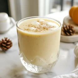 To create a delightful Eggnog Brandy Alexander, you need the following ingredients: - 2 cups whole milk - 1 cup heavy cream - 1/2 cup powdered sugar - 1 teaspoon vanilla extract - 1 teaspoon ground nutmeg (plus extra for garnish) - 4 large eggs - 1/4 cup almond extract - Ice cubes (for serving) These ingredients come together to form a rich and creamy drink. Whole milk and heavy cream provide a smooth texture. The powdered sugar adds sweetness, while vanilla extract gives a warm flavor. Ground nutmeg adds a hint of spice and a festive touch. The eggs create a thick and velvety base. Almond extract adds a unique nutty twist. Don't forget the ice cubes, as they help chill your drink for that perfect sip. With these ingredients ready, you are set to create a cozy holiday treat that warms your heart. {{ingredient_image_1}} Start by getting your ingredients ready. Grab a medium saucepan. Add 2 cups of whole milk and 1 cup of heavy cream. Heat them over medium heat. Keep an eye on it. You want it warm but not boiling. This step makes your eggnog creamy and rich. Next, take a bowl and crack 4 large eggs into it. Add 1/2 cup of powdered sugar. Use a whisk to mix them well. You should see bubbles forming. This makes the eggs light and fluffy. Now, it's time to temper the eggs. Slowly add a few tablespoons of the warm milk mixture to your egg mix. Keep whisking constantly. This step prevents the eggs from cooking too fast and turning into scrambled eggs. After tempering, pour the egg mixture back into the saucepan. Stir it into the warm milk and cream. Cook on low heat, stirring all the time. You want the mix to thicken slightly. This takes about 5 to 7 minutes. Make sure it doesn't boil. Once thickened, remove the saucepan from heat. Stir in 1 teaspoon of vanilla extract, 1 teaspoon of ground nutmeg, and 1/4 cup of almond extract. Mix well to combine the flavors. Let the mixture cool to room temperature. Then, put it in the fridge for at least 2 hours. When you're ready to serve, fill a glass with ice cubes. Pour the chilled eggnog over the ice. Finish with a sprinkle of nutmeg on top. Enjoy your creamy delight! To make the best eggnog, start with fresh ingredients. Use whole milk and heavy cream for richness. Whisk eggs and powdered sugar until smooth and frothy. Slowly add warm milk to the egg mix. This step helps avoid scrambled eggs. Stir until the mix thickens slightly. Chill it well to let flavors blend. A good chill makes it creamy and smooth. If you want to swap ingredients, you have options. For milk, almond milk works well too. You can use coconut cream for a dairy-free version. If you lack powdered sugar, granulated sugar is fine. You can even try different extracts. Use rum or bourbon instead of almond extract for a twist. Just remember to balance the flavors. Garnishes make your eggnog pretty and tasty. A sprinkle of freshly grated nutmeg adds warmth. You can also use cinnamon for a spicy kick. Try whipped cream on top for extra creaminess. A few chocolate shavings can add a sweet touch. Get creative! Use what you love to make the drink yours. Pro Tips Tempering Eggs: Gradually add warm milk to the egg mixture to avoid scrambling the eggs. This process, known as tempering, helps create a smooth and creamy texture. Chill Properly: Allow the mixture to cool at room temperature before refrigerating. This helps it set properly and enhances the flavors as they meld together. Garnish Wisely: Use freshly grated nutmeg for the best flavor. Pre-ground nutmeg can lose its aroma, so grating it fresh will elevate the dish. Serving Suggestions: Serve over ice for a refreshing twist. You can also add a splash of bourbon or rum for an adult version of this creamy treat. {{image_2}} You can enjoy eggnog both ways! For a classic drink, add brandy. This gives it a warm, rich taste. Use about 1 to 1.5 ounces per serving. If you prefer a non-alcoholic drink, just skip the brandy. The creamy mix of milk, cream, and spices is still amazing on its own. You can enhance the flavor of your eggnog with simple tweaks. Try adding a splash of coffee or espresso for a mocha twist. Chocolate syrup can also make it sweeter and richer. For a fruity touch, consider mixing in some orange zest or a few drops of almond extract. These flavors blend well with the nutmeg and vanilla, making your drink special. Spices add warmth to your eggnog. Besides nutmeg, you can use cinnamon for a cozy feel. Cloves and allspice also work well, giving a festive taste. Just a pinch can transform your drink into a holiday favorite. Experiment with spices to find your perfect mix! Store leftover eggnog in an airtight container. Glass jars work well for this. Make sure to keep it in the fridge. This helps keep it fresh and tasty. Use it within a week for the best flavor. Homemade eggnog lasts about 3 to 5 days in the fridge. After that, it may not taste good. If you see any changes in color or smell, throw it away. Safety is key! You can freeze eggnog if you want to save some for later. Pour it into freezer-safe containers, leaving space for expansion. When you're ready to enjoy it, thaw in the fridge overnight. Shake or stir well before serving to mix it up. Enjoy that creamy delight! Eggnog is a creamy drink made with milk, cream, sugar, and eggs. It has a rich, sweet flavor. A Brandy Alexander adds brandy and chocolate to this base. This gives it a smooth and warm taste. So, while eggnog stands alone, a Brandy Alexander elevates it into a festive cocktail. Yes, you can make Eggnog Brandy Alexander ahead of time. Prepare the eggnog mix and chill it in the fridge. It will taste better after a few hours. Just remember to add ice when serving. This keeps it cold and refreshing. Using raw eggs in eggnog can be risky. They might carry salmonella. To reduce this risk, use pasteurized eggs. They are safe and give you the same creamy texture. Always ensure you handle eggs carefully and keep them cold. If you need a substitute for heavy cream, use half-and-half or whipped coconut cream. Both give a nice texture. You can also blend milk with butter for a creamier base. This keeps your Eggnog Brandy Alexander rich and smooth without heavy cream. In this post, we explored how to make delicious eggnog, from ingredients to tips for the best taste. You learned each step, from preparing the milk and cream to chilling your drink. We also shared variations and storage information to help you enjoy your eggnog longer. Remember to have fun with flavors and garnishes. Whether you choose an alcoholic or non-alcoholic version, eggnog can bring joy. Get creative, and enjoy sharing this holiday treat with friends and family!