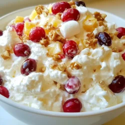 - 2 cups fresh or frozen cranberries - 1 cup granulated sugar - 1 cup mini marshmallows - 1 cup whipped cream or whipped topping - 1/2 cup crushed pineapple, drained - 1/2 cup chopped walnuts or pecans (optional) - 1/2 teaspoon vanilla extract Cranberry fluff salad is simple and fun to make. You need just a few fresh ingredients. Start with two cups of cranberries. I love using fresh cranberries, but frozen ones work too. Just make sure to thaw and drain them first. Next, grab one cup of granulated sugar. This sugar helps to sweeten the tart cranberries. You will also need one cup of mini marshmallows. These add a soft, chewy texture. For creaminess, use one cup of whipped cream or whipped topping. Whipped cream gives a rich flavor. Then, add half a cup of crushed pineapple. Drain it well so your salad stays fresh. If you want a crunchy bite, toss in half a cup of chopped walnuts or pecans. They add a nice flavor, but they are optional. Finally, include half a teaspoon of vanilla extract. This tiny amount makes the flavors pop. With these ingredients ready, you're set to create a delightful dish. It's colorful, tasty, and perfect for any gathering! {{ingredient_image_1}} First, place 2 cups of fresh or thawed cranberries in a medium bowl. Add 1 cup of granulated sugar. Mix them well. Let the bowl sit for about 30 minutes. This allows the cranberries to release their juices. You&rsquo;ll notice the sugar starts to dissolve. This step is key for flavor. After 30 minutes, blend the cranberry mixture. Use an immersion blender or a food processor. Blend just until it&rsquo;s chunky, not pureed. This keeps some texture in the salad. Next, grab a large mixing bowl. Fold in 1 cup of mini marshmallows, 1 cup of whipped cream, and 1/2 cup of drained crushed pineapple. If you like nuts, add 1/2 cup of chopped walnuts or pecans. Don&rsquo;t forget 1/2 teaspoon of vanilla extract. Gently combine all these ingredients. Now, transfer the mixture to your serving dish. Cover it with plastic wrap. Place it in the fridge for at least 2 hours. This step helps the flavors blend and the salad to set. Before serving, give it a light stir to fluff it up again. You can add more nuts or cranberries on top for a nice touch. To boost the flavor of your cranberry fluff salad, try adding a pinch of cinnamon or nutmeg. These spices add warmth and depth. You can also mix in some orange zest for a bright citrus note. For garnishing, sprinkle extra chopped nuts or a few whole cranberries on top before serving. This adds a nice crunch and makes it look pretty. One common mistake is over-blending the cranberry mixture. You want a chunky texture, not a smooth puree. If you blend too much, you lose that delightful crunch. Another mistake is skipping the refrigeration time. Letting it chill for at least two hours helps the flavors meld together. If you skip this step, your salad might taste flat. Cranberry fluff salad pairs well with roasted turkey or ham. It adds a sweet touch to any holiday meal. You can also serve it at potlucks or family gatherings. It is a hit at Thanksgiving or Christmas dinner. Try using small cups for individual servings; this makes it fun and easy to enjoy! Pro Tips Use Fresh Cranberries: Fresh cranberries provide a vibrant flavor and texture; if using frozen, ensure they are properly thawed and drained for the best results. Adjust Sweetness: Depending on your taste preferences and the tartness of the cranberries, you may want to adjust the sugar quantity to achieve your desired sweetness. Chill for Flavor: Allowing the mixture to chill for at least 2 hours helps the flavors meld beautifully, resulting in a more delicious and cohesive dish. Experiment with Nuts: Feel free to try different types of nuts, such as pecans or almonds, for a unique twist on texture and flavor in your Cranberry Cloud Delight. {{image_2}} You can change up the fruits in cranberry fluff salad. For a tropical twist, add diced mango or kiwi. Apples also work well, giving a nice crunch. You can use berries like blueberries or strawberries for a pop of color and flavor. Seasonal fruits can make your salad even better. In fall, try adding diced pears. In summer, fresh peaches or cherries can enhance the taste. Mixing different fruits can make this dish exciting and fun. If you want a healthier version, use Greek yogurt instead of whipped cream. This swap keeps it creamy but adds protein. You can also reduce the sugar by half for a lighter option. For those with allergies, there are easy substitutes. Instead of nuts, try sunflower seeds for crunch. If you are avoiding dairy, use coconut whipped cream. This keeps your salad tasty without common allergens. Serving cranberry fluff in individual bowls is a great idea. It makes each portion special and easy to grab. Use small glass cups or mason jars for a cute look. You can also get creative with your serving dishes. A large, clear bowl shows off the colors. You could even layer the salad with fruits for a fun visual effect. This adds an extra touch to your meal! To store leftover cranberry fluff salad, place it in an airtight container. This helps keep it fresh and prevents it from absorbing other smells in the fridge. Cover the container tightly to seal in the flavors. The salad stays good for about 3 to 5 days in the fridge. It&rsquo;s best to enjoy it within this time for the best taste. You can freeze cranberry fluff salad, but it may change in texture. To freeze, place it in a freezer-safe container. Leave some space at the top for expansion. Seal it tightly and label the container with the date. It can last for about 1 to 2 months in the freezer. When ready to eat, move it to the fridge to thaw overnight. I recommend serving cranberry fluff salad cold. If you want to serve leftovers, just stir it gently after thawing. This helps to re-fluff the texture. You can add a little whipped cream or additional nuts for freshness. Enjoy it chilled for the best flavor! Yes, you can use canned cranberries. They save time and are sweet. However, canned cranberries often have added sugar and preservatives. Drain them well before mixing. If you choose this route, cut back on the sugar in the recipe. Fresh cranberries give a brighter taste and are less sweet. I recommend using fresh if you can. You can get creative with toppings! Here are some ideas: - Additional chopped nuts for crunch. - A sprinkle of shredded coconut for sweetness. - More mini marshmallows for extra fluff. - Fresh mint leaves for a pop of color and flavor. - A drizzle of honey for added sweetness. These toppings can make your salad look and taste even better! Cranberry fluff salad can last in the fridge for about 3 to 5 days. Store it in an airtight container to keep it fresh. The flavors will meld more as it sits. It&rsquo;s best served cold. If you notice any change in smell or look, it&rsquo;s best to throw it out. Enjoy it while it&rsquo;s fresh for the best taste! This blog post covered everything you need to make cranberry fluff salad. We explored the key ingredients, provided step-by-step instructions, and shared helpful tips. Remember to blend carefully and refrigerate the salad for the best taste. You can also customize it with different fruits or serving ideas. Enjoy creating this festive dish that is perfect for any occasion! With these insights, you&rsquo;ll impress everyone with your delicious cranberry fluff salad.