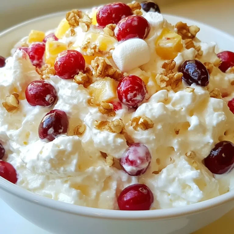- 2 cups fresh or frozen cranberries - 1 cup granulated sugar - 1 cup mini marshmallows - 1 cup whipped cream or whipped topping - 1/2 cup crushed pineapple, drained - 1/2 cup chopped walnuts or pecans (optional) - 1/2 teaspoon vanilla extract Cranberry fluff salad is simple and fun to make. You need just a few fresh ingredients. Start with two cups of cranberries. I love using fresh cranberries, but frozen ones work too. Just make sure to thaw and drain them first. Next, grab one cup of granulated sugar. This sugar helps to sweeten the tart cranberries. You will also need one cup of mini marshmallows. These add a soft, chewy texture. For creaminess, use one cup of whipped cream or whipped topping. Whipped cream gives a rich flavor. Then, add half a cup of crushed pineapple. Drain it well so your salad stays fresh. If you want a crunchy bite, toss in half a cup of chopped walnuts or pecans. They add a nice flavor, but they are optional. Finally, include half a teaspoon of vanilla extract. This tiny amount makes the flavors pop. With these ingredients ready, you're set to create a delightful dish. It's colorful, tasty, and perfect for any gathering! {{ingredient_image_1}} First, place 2 cups of fresh or thawed cranberries in a medium bowl. Add 1 cup of granulated sugar. Mix them well. Let the bowl sit for about 30 minutes. This allows the cranberries to release their juices. You’ll notice the sugar starts to dissolve. This step is key for flavor. After 30 minutes, blend the cranberry mixture. Use an immersion blender or a food processor. Blend just until it’s chunky, not pureed. This keeps some texture in the salad. Next, grab a large mixing bowl. Fold in 1 cup of mini marshmallows, 1 cup of whipped cream, and 1/2 cup of drained crushed pineapple. If you like nuts, add 1/2 cup of chopped walnuts or pecans. Don’t forget 1/2 teaspoon of vanilla extract. Gently combine all these ingredients. Now, transfer the mixture to your serving dish. Cover it with plastic wrap. Place it in the fridge for at least 2 hours. This step helps the flavors blend and the salad to set. Before serving, give it a light stir to fluff it up again. You can add more nuts or cranberries on top for a nice touch. To boost the flavor of your cranberry fluff salad, try adding a pinch of cinnamon or nutmeg. These spices add warmth and depth. You can also mix in some orange zest for a bright citrus note. For garnishing, sprinkle extra chopped nuts or a few whole cranberries on top before serving. This adds a nice crunch and makes it look pretty. One common mistake is over-blending the cranberry mixture. You want a chunky texture, not a smooth puree. If you blend too much, you lose that delightful crunch. Another mistake is skipping the refrigeration time. Letting it chill for at least two hours helps the flavors meld together. If you skip this step, your salad might taste flat. Cranberry fluff salad pairs well with roasted turkey or ham. It adds a sweet touch to any holiday meal. You can also serve it at potlucks or family gatherings. It is a hit at Thanksgiving or Christmas dinner. Try using small cups for individual servings; this makes it fun and easy to enjoy! Pro Tips Use Fresh Cranberries: Fresh cranberries provide a vibrant flavor and texture; if using frozen, ensure they are properly thawed and drained for the best results. Adjust Sweetness: Depending on your taste preferences and the tartness of the cranberries, you may want to adjust the sugar quantity to achieve your desired sweetness. Chill for Flavor: Allowing the mixture to chill for at least 2 hours helps the flavors meld beautifully, resulting in a more delicious and cohesive dish. Experiment with Nuts: Feel free to try different types of nuts, such as pecans or almonds, for a unique twist on texture and flavor in your Cranberry Cloud Delight. {{image_2}} You can change up the fruits in cranberry fluff salad. For a tropical twist, add diced mango or kiwi. Apples also work well, giving a nice crunch. You can use berries like blueberries or strawberries for a pop of color and flavor. Seasonal fruits can make your salad even better. In fall, try adding diced pears. In summer, fresh peaches or cherries can enhance the taste. Mixing different fruits can make this dish exciting and fun. If you want a healthier version, use Greek yogurt instead of whipped cream. This swap keeps it creamy but adds protein. You can also reduce the sugar by half for a lighter option. For those with allergies, there are easy substitutes. Instead of nuts, try sunflower seeds for crunch. If you are avoiding dairy, use coconut whipped cream. This keeps your salad tasty without common allergens. Serving cranberry fluff in individual bowls is a great idea. It makes each portion special and easy to grab. Use small glass cups or mason jars for a cute look. You can also get creative with your serving dishes. A large, clear bowl shows off the colors. You could even layer the salad with fruits for a fun visual effect. This adds an extra touch to your meal! To store leftover cranberry fluff salad, place it in an airtight container. This helps keep it fresh and prevents it from absorbing other smells in the fridge. Cover the container tightly to seal in the flavors. The salad stays good for about 3 to 5 days in the fridge. It’s best to enjoy it within this time for the best taste. You can freeze cranberry fluff salad, but it may change in texture. To freeze, place it in a freezer-safe container. Leave some space at the top for expansion. Seal it tightly and label the container with the date. It can last for about 1 to 2 months in the freezer. When ready to eat, move it to the fridge to thaw overnight. I recommend serving cranberry fluff salad cold. If you want to serve leftovers, just stir it gently after thawing. This helps to re-fluff the texture. You can add a little whipped cream or additional nuts for freshness. Enjoy it chilled for the best flavor! Yes, you can use canned cranberries. They save time and are sweet. However, canned cranberries often have added sugar and preservatives. Drain them well before mixing. If you choose this route, cut back on the sugar in the recipe. Fresh cranberries give a brighter taste and are less sweet. I recommend using fresh if you can. You can get creative with toppings! Here are some ideas: - Additional chopped nuts for crunch. - A sprinkle of shredded coconut for sweetness. - More mini marshmallows for extra fluff. - Fresh mint leaves for a pop of color and flavor. - A drizzle of honey for added sweetness. These toppings can make your salad look and taste even better! Cranberry fluff salad can last in the fridge for about 3 to 5 days. Store it in an airtight container to keep it fresh. The flavors will meld more as it sits. It’s best served cold. If you notice any change in smell or look, it’s best to throw it out. Enjoy it while it’s fresh for the best taste! This blog post covered everything you need to make cranberry fluff salad. We explored the key ingredients, provided step-by-step instructions, and shared helpful tips. Remember to blend carefully and refrigerate the salad for the best taste. You can also customize it with different fruits or serving ideas. Enjoy creating this festive dish that is perfect for any occasion! With these insights, you’ll impress everyone with your delicious cranberry fluff salad.