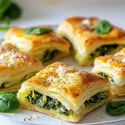 - 1 sheet of puff pastry, thawed - 2 cups fresh spinach, chopped - 1 cup ricotta cheese - 1/2 cup feta cheese, crumbled - 1/4 cup grated Parmesan cheese - 2 cloves garlic, minced - 1 tablespoon olive oil - 1 egg, beaten (for egg wash) - Salt and pepper to taste These main ingredients work together to create a rich, creamy filling. The spinach provides nutrients and flavor, while the cheeses add creaminess and a salty kick. Puff pastry makes everything light and flaky, which you will love. - A pinch of nutmeg - Additional spices and herbs You can add nutmeg for warmth. Other herbs and spices can add layers of flavor. Try adding garlic powder or crushed red pepper for a twist. - Skillet - Mixing bowl - Baking sheet - Parchment paper You need a skillet for cooking spinach and garlic. Use a mixing bowl to combine the filling. Parchment paper helps the pastries bake evenly on the baking sheet. {{ingredient_image_1}} - Preheat the oven: Set your oven to 400°F (200°C). This step ensures that your pastries cook evenly and become golden brown. - Prepare the filling: In a skillet, add 1 tablespoon of olive oil over medium heat. Sauté 2 minced garlic cloves for about 1 minute. When they smell good, toss in 2 cups of chopped fresh spinach. Cook until it wilts, which takes about 2-3 minutes. Season with salt, pepper, and a pinch of nutmeg if you like. In a bowl, mix the spinach with 1 cup of ricotta cheese, 1/2 cup of crumbled feta, and 1/4 cup of grated Parmesan. Stir well to blend everything together. - Rolling out the puff pastry: Take your thawed puff pastry sheet and place it on a lightly floured surface. Roll it out until it's about 1/4 inch thick. Cut the pastry into squares or rectangles that are about 4x4 inches. - Filling and sealing pastries: Put a generous tablespoon of your spinach mixture in the center of each pastry square. Fold the pastry over to make a triangle or rectangle. Press the edges together with your fingers or a fork to seal them. Brush the tops with a beaten egg for a nice golden finish. - Baking time and temperature: Place the stuffed pastries on a parchment-lined baking sheet. Bake them in the preheated oven for 20-25 minutes. They should be golden brown and crispy when done. - Ensuring a crispy finish: To get that perfect crispy texture, be sure not to crowd the pastries on the baking sheet. Leave space between each one to allow air to circulate. When they come out of the oven, let them cool slightly before serving. Enjoy your delicious spinach stuffed puff pastries! - How to prevent soggy pastry To keep your pastry crisp, avoid using wet filling. Make sure to drain excess moisture from the spinach after cooking. You can also sprinkle a bit of flour inside the pastry before adding the filling. This absorbs any moisture and keeps the base crisp. - Best practices for filling consistency Mix the cheeses well with the spinach to avoid clumps. Ensure the mixture is thick enough to hold its shape. If it seems too runny, add more ricotta or a bit of grated cheese to help it bind together. - Ideal accompaniments for spinach stuffed puff pastry Serve these pastries with a fresh salad for a light meal. A simple vinaigrette adds nice acidity. You can also pair them with a warm bowl of tomato soup for a comforting combo. - Garnishing ideas for presentation For a beautiful finish, place the pastries on a wooden board. Garnish with fresh spinach leaves and sprinkle extra Parmesan on top. A drizzle of olive oil adds a nice touch too. - Overfilling the pastries Less is more when it comes to the filling. If you overfill, the pastries can burst open while baking. Stick to a generous tablespoon of filling to ensure they seal properly. - Not sealing edges properly Make sure to seal the edges well with a fork or by pinching them together. If the edges are not sealed, steam can escape, and your pastries won’t puff up as nicely. Pro Tips Keep it Fresh: Use fresh spinach for the best flavor and texture. If you have access to baby spinach, it will wilt faster and provide a milder taste. Cheese Variations: Feel free to experiment with different cheeses! Adding mozzarella or goat cheese can give a unique twist to the filling. Sealing the Pastry: Ensure that the edges of the pastry are sealed well to prevent the filling from leaking out during baking. Use a little water to help seal if needed. Serving Suggestions: These pastries pair beautifully with a side salad or a yogurt dip to balance the richness of the cheeses. {{image_2}} You can easily change the flavor of your spinach stuffed puff pastry. Start by adding different cheeses. Cheddar and mozzarella can add a creamy and rich taste. Mixing these cheeses with ricotta creates a wonderful blend. You can also add fresh herbs like basil or dill. Just chop them finely and mix them into the filling. This adds freshness and flavor. If you need to make dietary changes, there are many options. For a vegan version, you can use plant-based cheese. Look for brands that melt well. You can still enjoy the creamy texture without dairy. For gluten-free options, use gluten-free puff pastry. Many stores carry this now. Just check the labels to ensure it fits your needs. Pair your spinach stuffed puff pastry with tasty sides. A light salad with mixed greens works well. You can add cherry tomatoes and a simple vinaigrette. For drinks, a chilled white wine goes great with this dish. If you prefer non-alcoholic, try sparkling water with lemon. Both enhance the flavors of the pastry and make your meal feel special. For the best taste, store your leftover spinach stuffed puff pastry in an airtight container. Place it in the fridge. Make sure it cools to room temperature before sealing it. This helps keep it fresh. Enjoy it within 3 days for the best flavor. To reheat your pastries, use the oven. Preheat it to 350°F (175°C). Place the pastries on a baking sheet. Bake for about 10-15 minutes. This method keeps the crust crispy. If you use a microwave, the pastry may get soggy, so avoid that if you can. You can freeze both uncooked and cooked pastries. For uncooked pastries, place them on a baking sheet. Freeze them until firm, then transfer to a freezer bag. This way, they won’t stick together. For cooked pastries, let them cool before freezing. They can last up to 2 months in the freezer. When ready to eat, bake them straight from the freezer. This keeps them tasty and fresh. To check if the pastries are done, look for a few signs. First, they should be golden brown on top. This color shows they are crispy and ready to eat. You can also tap the bottom; it should sound hollow. If you see steam escaping, that is a good sign too. Bake them for about 20-25 minutes at 400°F (200°C) to reach this perfect state. Yes, you can make the filling ahead of time! This saves you time on busy days. Cook the spinach and mix it with the cheeses as directed. Then, store it in an airtight container. Place it in the fridge for up to two days. When you are ready to use it, just stir it and fill your pastries. This way, you will still get a fresh taste without all the fuss. If you don’t have puff pastry, there are some good alternatives. You can use phyllo dough, which gives a nice crispness. Another option is to use biscuit dough; it will make a softer pastry. If you want a healthier choice, try whole wheat dough. Each will change the texture but still taste great with the filling. In this blog post, we covered how to make delicious spinach stuffed puff pastries. You learned about essential ingredients like puff pastry, spinach, and various cheeses. I shared step-by-step instructions to help you prepare, assemble, and bake the pastries perfectly. You also found useful tips to enhance your dish and avoid common mistakes. Lastly, we explored variations, storage options, and answered key FAQs. These pastries are tasty and fun to make, whether for a meal or a snack. Enjoy crafting your perfect treat!