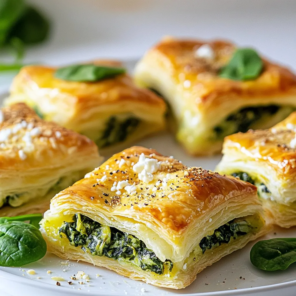 - 1 sheet of puff pastry, thawed - 2 cups fresh spinach, chopped - 1 cup ricotta cheese - 1/2 cup feta cheese, crumbled - 1/4 cup grated Parmesan cheese - 2 cloves garlic, minced - 1 tablespoon olive oil - 1 egg, beaten (for egg wash) - Salt and pepper to taste These main ingredients work together to create a rich, creamy filling. The spinach provides nutrients and flavor, while the cheeses add creaminess and a salty kick. Puff pastry makes everything light and flaky, which you will love. - A pinch of nutmeg - Additional spices and herbs You can add nutmeg for warmth. Other herbs and spices can add layers of flavor. Try adding garlic powder or crushed red pepper for a twist. - Skillet - Mixing bowl - Baking sheet - Parchment paper You need a skillet for cooking spinach and garlic. Use a mixing bowl to combine the filling. Parchment paper helps the pastries bake evenly on the baking sheet. {{ingredient_image_1}} - Preheat the oven: Set your oven to 400°F (200°C). This step ensures that your pastries cook evenly and become golden brown. - Prepare the filling: In a skillet, add 1 tablespoon of olive oil over medium heat. Sauté 2 minced garlic cloves for about 1 minute. When they smell good, toss in 2 cups of chopped fresh spinach. Cook until it wilts, which takes about 2-3 minutes. Season with salt, pepper, and a pinch of nutmeg if you like. In a bowl, mix the spinach with 1 cup of ricotta cheese, 1/2 cup of crumbled feta, and 1/4 cup of grated Parmesan. Stir well to blend everything together. - Rolling out the puff pastry: Take your thawed puff pastry sheet and place it on a lightly floured surface. Roll it out until it's about 1/4 inch thick. Cut the pastry into squares or rectangles that are about 4x4 inches. - Filling and sealing pastries: Put a generous tablespoon of your spinach mixture in the center of each pastry square. Fold the pastry over to make a triangle or rectangle. Press the edges together with your fingers or a fork to seal them. Brush the tops with a beaten egg for a nice golden finish. - Baking time and temperature: Place the stuffed pastries on a parchment-lined baking sheet. Bake them in the preheated oven for 20-25 minutes. They should be golden brown and crispy when done. - Ensuring a crispy finish: To get that perfect crispy texture, be sure not to crowd the pastries on the baking sheet. Leave space between each one to allow air to circulate. When they come out of the oven, let them cool slightly before serving. Enjoy your delicious spinach stuffed puff pastries! - How to prevent soggy pastry To keep your pastry crisp, avoid using wet filling. Make sure to drain excess moisture from the spinach after cooking. You can also sprinkle a bit of flour inside the pastry before adding the filling. This absorbs any moisture and keeps the base crisp. - Best practices for filling consistency Mix the cheeses well with the spinach to avoid clumps. Ensure the mixture is thick enough to hold its shape. If it seems too runny, add more ricotta or a bit of grated cheese to help it bind together. - Ideal accompaniments for spinach stuffed puff pastry Serve these pastries with a fresh salad for a light meal. A simple vinaigrette adds nice acidity. You can also pair them with a warm bowl of tomato soup for a comforting combo. - Garnishing ideas for presentation For a beautiful finish, place the pastries on a wooden board. Garnish with fresh spinach leaves and sprinkle extra Parmesan on top. A drizzle of olive oil adds a nice touch too. - Overfilling the pastries Less is more when it comes to the filling. If you overfill, the pastries can burst open while baking. Stick to a generous tablespoon of filling to ensure they seal properly. - Not sealing edges properly Make sure to seal the edges well with a fork or by pinching them together. If the edges are not sealed, steam can escape, and your pastries won’t puff up as nicely. Pro Tips Keep it Fresh: Use fresh spinach for the best flavor and texture. If you have access to baby spinach, it will wilt faster and provide a milder taste. Cheese Variations: Feel free to experiment with different cheeses! Adding mozzarella or goat cheese can give a unique twist to the filling. Sealing the Pastry: Ensure that the edges of the pastry are sealed well to prevent the filling from leaking out during baking. Use a little water to help seal if needed. Serving Suggestions: These pastries pair beautifully with a side salad or a yogurt dip to balance the richness of the cheeses. {{image_2}} You can easily change the flavor of your spinach stuffed puff pastry. Start by adding different cheeses. Cheddar and mozzarella can add a creamy and rich taste. Mixing these cheeses with ricotta creates a wonderful blend. You can also add fresh herbs like basil or dill. Just chop them finely and mix them into the filling. This adds freshness and flavor. If you need to make dietary changes, there are many options. For a vegan version, you can use plant-based cheese. Look for brands that melt well. You can still enjoy the creamy texture without dairy. For gluten-free options, use gluten-free puff pastry. Many stores carry this now. Just check the labels to ensure it fits your needs. Pair your spinach stuffed puff pastry with tasty sides. A light salad with mixed greens works well. You can add cherry tomatoes and a simple vinaigrette. For drinks, a chilled white wine goes great with this dish. If you prefer non-alcoholic, try sparkling water with lemon. Both enhance the flavors of the pastry and make your meal feel special. For the best taste, store your leftover spinach stuffed puff pastry in an airtight container. Place it in the fridge. Make sure it cools to room temperature before sealing it. This helps keep it fresh. Enjoy it within 3 days for the best flavor. To reheat your pastries, use the oven. Preheat it to 350°F (175°C). Place the pastries on a baking sheet. Bake for about 10-15 minutes. This method keeps the crust crispy. If you use a microwave, the pastry may get soggy, so avoid that if you can. You can freeze both uncooked and cooked pastries. For uncooked pastries, place them on a baking sheet. Freeze them until firm, then transfer to a freezer bag. This way, they won’t stick together. For cooked pastries, let them cool before freezing. They can last up to 2 months in the freezer. When ready to eat, bake them straight from the freezer. This keeps them tasty and fresh. To check if the pastries are done, look for a few signs. First, they should be golden brown on top. This color shows they are crispy and ready to eat. You can also tap the bottom; it should sound hollow. If you see steam escaping, that is a good sign too. Bake them for about 20-25 minutes at 400°F (200°C) to reach this perfect state. Yes, you can make the filling ahead of time! This saves you time on busy days. Cook the spinach and mix it with the cheeses as directed. Then, store it in an airtight container. Place it in the fridge for up to two days. When you are ready to use it, just stir it and fill your pastries. This way, you will still get a fresh taste without all the fuss. If you don’t have puff pastry, there are some good alternatives. You can use phyllo dough, which gives a nice crispness. Another option is to use biscuit dough; it will make a softer pastry. If you want a healthier choice, try whole wheat dough. Each will change the texture but still taste great with the filling. In this blog post, we covered how to make delicious spinach stuffed puff pastries. You learned about essential ingredients like puff pastry, spinach, and various cheeses. I shared step-by-step instructions to help you prepare, assemble, and bake the pastries perfectly. You also found useful tips to enhance your dish and avoid common mistakes. Lastly, we explored variations, storage options, and answered key FAQs. These pastries are tasty and fun to make, whether for a meal or a snack. Enjoy crafting your perfect treat!
