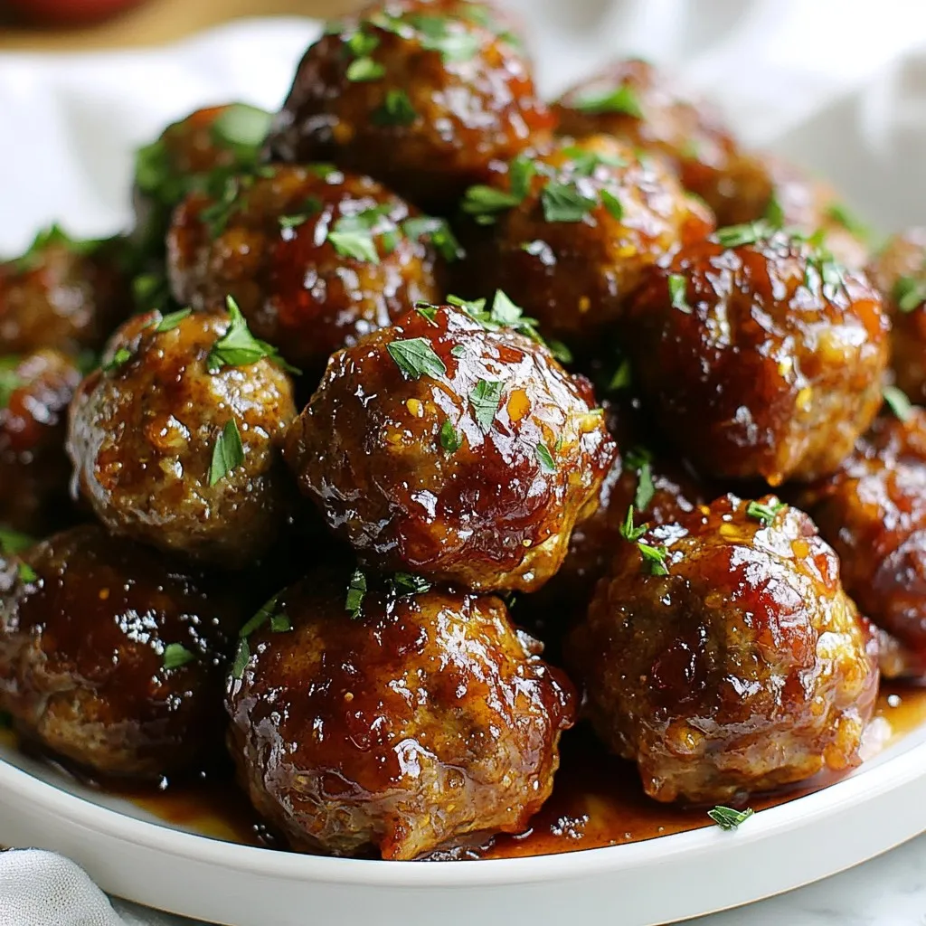 - 1 pound ground turkey or beef - 1/2 cup breadcrumbs - 1 cup cranberry sauce - 1/4 cup finely chopped onion - 1 clove garlic, minced - 1/4 cup fresh parsley, chopped - 1 large egg - 1 teaspoon salt - 1/2 teaspoon black pepper - 1 tablespoon soy sauce - 1 tablespoon Dijon mustard - 1 teaspoon red pepper flakes (optional for a spicy kick) To make these quick cranberry meatballs, you need simple but tasty ingredients. The ground turkey or beef serves as the base. I like to use turkey for a lighter option, but beef adds rich flavor. The breadcrumbs help bind everything together. The cranberry sauce gives the meatballs a sweet and tangy glaze. You can use store-bought, but homemade tastes great. Fresh onion and garlic bring a fragrant touch. I always choose finely chopped onion and minced garlic for smooth mixing. Fresh parsley adds a pop of color and flavor. The egg acts as a binder while salt and black pepper add necessary seasoning. I also love to add soy sauce and Dijon mustard for extra depth. If you want heat, sprinkle in some red pepper flakes. These ingredients come together to make a snack that is both quick and full of flavor. {{ingredient_image_1}} Start by preheating your oven to 400°F (200°C). This step is key for even cooking. While the oven heats, line a baking sheet with parchment paper. This makes cleanup easy and prevents sticking. In a large bowl, combine the ground turkey or beef, breadcrumbs, chopped onion, minced garlic, chopped parsley, egg, salt, and black pepper. Mix everything well. A good mix ensures that every bite is full of flavor. It also helps the meatballs hold together better when cooking. Now, shape the mixture into small meatballs. Aim for about 1 inch in diameter. This size cooks evenly and is easy to eat. Place the meatballs on the lined baking sheet. Bake them in the preheated oven for about 15 to 20 minutes. You’ll know they are done when they turn golden brown and reach an internal temperature of 165°F (74°C). This ensures they are safe to eat. To keep your meatballs juicy, use the right ingredient ratios. I recommend using one part breadcrumbs to four parts meat. This balance helps keep them moist. Always use a large egg to bind the mixture. It helps hold everything together. Avoid overmixing the meatball mixture. When you mix too much, the meatballs become tough. Mix just until the ingredients combine. Use your hands for the best results. This way, you feel the texture and know when it’s ready. If you want a sweeter flavor, add more cranberry sauce. You can also mix in a bit of honey. For a spicy twist, use red pepper flakes. Adjust the amount based on your heat level preference. You can swap ground turkey for ground beef or pork. Each meat brings a unique taste. Try using different breadcrumbs too, like panko or whole wheat, for added texture. Pair these meatballs with rice or mashed potatoes for a full meal. They also go well with a side salad or steamed veggies. For a fun twist, serve them in small slider buns. For presentation, place the meatballs on a large platter. Drizzle extra cranberry glaze on top for a glossy look. Garnish with fresh parsley for a pop of color. This makes your dish not only tasty but beautiful too! Pro Tips Use Fresh Herbs: Fresh parsley adds a bright flavor to the meatballs. Feel free to add other herbs like thyme or rosemary for added depth. Homemade Cranberry Sauce: For the best flavor, consider making your own cranberry sauce. It's quick and allows you to control the sweetness and ingredients. Check for Doneness: Ensure the meatballs are fully cooked by using a meat thermometer; they should reach an internal temperature of 165°F (74°C). Serve with Garnish: Top the glazed meatballs with additional chopped parsley or a sprinkle of sesame seeds for a nice visual touch and extra flavor. {{image_2}} You can swap the cranberry sauce for many fun options. Barbecue sauce adds a smoky kick. Teriyaki sauce brings sweet and savory notes. Mix it up! You can even create your own sauce. Add spices or herbs to find your perfect flavor. Want a meatless snack? You can make vegetarian or vegan meatballs easily! Use plant-based ground meat as a substitute. Products like lentils or chickpeas work great too. They add fiber and protein. Plus, they absorb flavors well. You can take these meatballs global! Add spices like cumin for a Mexican twist. Italian seasoning gives a classic taste. For an Asian flair, try ginger and sesame oil. Feel free to play with spices. Each region has its own unique flavors. This way, you can make the recipe your own! After cooking your meatballs, let them cool down. Place them in an airtight container. This keeps them fresh. Store the meatballs in the fridge. They last up to four days. If you want to keep them longer, consider freezing. To freeze meatballs, first cool them completely. Arrange them on a baking sheet. Make sure they are not touching. Freeze for about an hour. Once firm, move them to a freezer bag. Label the bag with the date. For cooked meatballs, they can last up to three months in the freezer. To thaw, move them to the fridge overnight. Reheat in the oven or microwave until warm. Meatballs are great for meal prep. You can make a big batch ahead of time. Use them in wraps, salads, or pasta dishes. Pair them with rice or veggies for a balanced meal. They are easy to mix and match with other foods. Creating different meals keeps things fun and fresh. Yes, you can use frozen meatballs. Just bake them as the package directs. After they cook, coat them with the cranberry glaze. This saves time and still gives great taste. To make gluten-free meatballs, swap breadcrumbs for gluten-free breadcrumbs or oats. Check the labels on your sauces too, as some might have gluten. This way, you enjoy a tasty meal without worry. Leftover cranberry sauce can be used in many ways. You can mix it into yogurt or spread it on toast. It also makes a great topping for pancakes or waffles. You can even stir it into salad dressings for a fruity twist. If you make larger meatballs, increase the cooking time. Bake them for 25-30 minutes instead of 15-20 minutes. Use a meat thermometer to check if they reach 165°F (74°C). This ensures they are cooked through and safe to eat. We covered the essentials for making tasty meatballs, from ingredients to storage tips. Remember to mix thoroughly for the best flavor and texture. Experiment with variations like different sauces and spices to find your favorite. Whether you want meatless options or meal prep ideas, these meatballs fit any need. Enjoy creating and sharing these delicious bites with friends and family for any occasion. Now, get cooking!