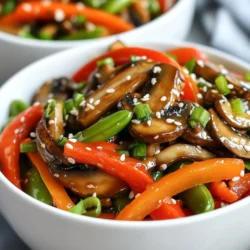 - 2 cups assorted mushrooms (shiitake, cremini, and button), sliced - 1 red bell pepper, sliced - 1 cup snap peas, trimmed - 1 carrot, julienned - 3 cloves garlic, minced - 1 tablespoon fresh ginger, grated - 3 tablespoons soy sauce - 1 tablespoon sesame oil - 1 tablespoon olive oil - 1 teaspoon rice vinegar - 1 tablespoon sesame seeds - Salt and pepper to taste - 2 green onions, chopped (for garnish) Mushrooms are the star of this dish. They add flavor and texture. I love using a mix of shiitake, cremini, and button mushrooms. Each type offers a unique taste. Red bell pepper gives a sweet crunch. Snap peas add a fresh bite, and carrots bring color. Garlic and ginger add warmth and spice. You&rsquo;ll need soy sauce for saltiness. Sesame oil gives a nutty flavor. Rice vinegar adds brightness. Sesame seeds are a nice finishing touch. - Calories per serving: About 150 - Macronutrients breakdown: - Carbs: 20g - Proteins: 5g - Fats: 7g - Health benefits of mushrooms: - Rich in vitamins and minerals - Low in calories - May boost the immune system Mushrooms pack a nutrient punch. They are low in calories but high in fiber. They may also help keep your heart healthy. This stir-fry is not just tasty; it&rsquo;s good for you too! {{ingredient_image_1}} - Clean and slice the vegetables. Start with the mushrooms, making sure to remove any dirt. Cut them into even slices so they cook well. Slice the red bell pepper into thin strips. Julienne the carrot into matchstick pieces. Trim the snap peas by removing their ends. - Prepare the wok or saut&eacute; pan. Choose a large wok or a deep saut&eacute; pan. This gives you enough space to stir without spilling. Heat it up on medium-high heat. This helps to get a nice sear on the veggies. - Heat olive oil and saut&eacute; garlic and ginger. Pour one tablespoon of olive oil into the hot pan. Add three minced garlic cloves and one tablespoon of grated ginger. Stir them for about thirty seconds until you smell their aroma. This adds great flavor to the dish. - Cook the assorted mushrooms first. Add two cups of sliced mushrooms to the pan. Stir them for four to five minutes. They will soften and release their moisture. This step is key for a tasty stir-fry. - Add red bell pepper and carrot, then snap peas. Toss in the sliced bell pepper and julienned carrot. Stir them for an extra two to three minutes. Then, add one cup of snap peas. Cook for another two minutes. You want them bright green and tender but still crisp. - Drizzle soy sauce and sesame oil. Pour in three tablespoons of soy sauce and one tablespoon of sesame oil. Also, add one teaspoon of rice vinegar. Toss everything together to coat the veggies well. Cook for one more minute to blend the flavors. - Season and garnish before serving. Sprinkle with salt and pepper to taste. Add a tablespoon of sesame seeds on top. Finally, remove from heat and garnish with chopped green onions. Serve warm, and enjoy your tasty mushroom stir-fry! To achieve the perfect stir-fry texture, start with high heat. It helps brown the veggies and mushrooms quickly. This keeps them crisp and flavorful. When cooking, make sure to spread the vegetables in a single layer. This way, they cook evenly. Stir them often, but not too much. Let them sit for a moment to get some nice sear marks. You can add extra spices for more flavor. Try a pinch of crushed red pepper for heat. A splash of lime juice brightens the dish. Fresh herbs, like cilantro or basil, add a burst of taste too. Fresh ingredients tend to have more flavor than dried ones. However, dried herbs can still work when fresh ones aren't available. Just remember, a little goes a long way. Pair your mushroom stir-fry with steamed rice or quinoa. Both are great at soaking up the sauce. For a fun twist, serve it in deep bowls. Top it with extra sesame seeds and green onions. This adds color and texture. You can also add a side of spring rolls for crunch. Enjoy your meal with friends or family for a delightful dining experience. Pro Tips Use Fresh Ingredients: Fresh, high-quality mushrooms and vegetables will enhance the flavor and texture of your stir-fry, making it more enjoyable. Don&rsquo;t Overcrowd the Pan: Stir-frying works best when the vegetables have room to breathe. Cook in batches if necessary to achieve a nice sear. Experiment with Sauces: Feel free to mix up the sauces! Try adding hoisin sauce or a splash of chili sauce for an extra kick of flavor. Serve Immediately: Stir-fry is best enjoyed fresh and hot. Serve right after cooking for the best texture and flavor. {{image_2}} If you want to make a vegan dish, you can replace soy sauce with tamari or coconut aminos. These options keep the flavor strong while being plant-based. You can also add tofu for protein. Firm tofu works best. Press it to remove excess water. Then, cube and fry it before adding to the stir-fry. For those needing gluten-free meals, tamari is a great substitute for regular soy sauce. Always check labels to ensure other ingredients are gluten-free as well. This way, everyone can enjoy the dish! Feel free to swap in seasonal veggies. Zucchini, broccoli, or bell peppers can change the taste. Carrots add a nice crunch, but you could try radishes or cauliflower instead. Use what you have on hand. Adding protein can make your stir-fry heartier. Chicken, beef, or shrimp works great. Just slice the meat thinly and cook it first before adding veggies. This gives you a full meal in one pan. You can give your stir-fry an Asian twist. Try adding hoisin sauce, chili paste, or rice wine for extra flavor. These spices can bring out new tastes in the dish. For a fusion twist, mix in cumin or smoked paprika. These spices offer a fun twist on the classic stir-fry. Experiment with different flavor profiles to keep it interesting. Store leftover mushroom stir-fry in an airtight container. This keeps it fresh and tasty. Place it in the fridge right after it cools. Use it within three days for the best flavor. If you want to keep it longer, freezing is a good option. To reheat mushroom stir-fry, use a skillet. Heat it over medium heat to keep the texture. Add a splash of water or broth to keep it moist. Stir often until heated through. You can also use a microwave. Place it in a microwave-safe dish. Cover it loosely and heat in short bursts, stirring in between. To freeze mushroom stir-fry, let it cool completely. Pack it in freezer-safe bags, removing as much air as possible. Label the bags with the date. It will last for up to three months. When ready to eat, thaw it overnight in the fridge. Reheat it in a skillet or microwave as mentioned above. This way, you preserve the flavor and texture. How long does it take to cook mushroom stir-fry? Cooking mushroom stir-fry takes about 20 minutes. You can prep in 10 minutes and cook in 10 minutes. This quick dish makes it perfect for busy weeknights. Can I make this dish ahead of time? Yes, you can make this dish ahead of time. Cook the stir-fry and store it in the fridge for up to three days. Just reheat it before serving. What type of mushrooms are the best for stir-fry? Assorted mushrooms work best for stir-fry. Shiitake, cremini, and button mushrooms add great flavor and texture to the dish. What is the best way to slice mushrooms? Slice mushrooms evenly for even cooking. Use a sharp knife and cut them about a quarter-inch thick. This helps them cook well without getting too soft. How to avoid soggy vegetables in stir-fry? To avoid soggy vegetables, use high heat and cook in small batches. This keeps the vegetables crisp and bright. Don&rsquo;t overcrowd the pan, as it can lower the heat. What is the role of sesame oil in stir-frying? Sesame oil adds a nutty flavor to the stir-fry. It enhances the overall taste and gives it a rich aroma. Use it sparingly, as it is strong. Are snap peas necessary, or can I substitute? Snap peas are not necessary. You can substitute them with green beans or broccoli. These options add crunch and flavor while keeping the dish fresh. This blog post covered a delicious mushroom stir-fry recipe. We looked at essential ingredients and their health benefits. You learned step-by-step cooking instructions for a perfect dish. I provided tips on achieving the best flavors and textures. We also explored variations to suit different diets. You can store leftovers easily and reheat them well. Stir-frying is fun, healthy, and full of flavor. Enjoy making your own versions and experimenting with ingredients!