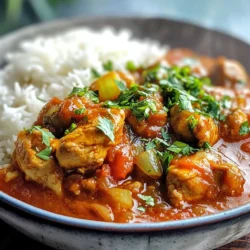 - 1 kg chicken, cut into pieces - 4 large tomatoes, blended - 2 red bell peppers, blended - 1 onion, finely chopped - 4 cloves garlic, minced - 1 tablespoon ginger, minced For this stew, chicken forms the heart of the dish. The tomatoes and bell peppers bring a rich, vibrant color and flavor. Aromatics like onion, garlic, and ginger create a strong base. Together, these ingredients make a delicious mix. - 1 tablespoon curry powder - 1 tablespoon thyme - 2-3 Scotch bonnet peppers (to taste), blended Spices are key to a great stew. Curry powder adds warmth, while thyme gives depth. Scotch bonnet peppers bring heat and flavor. Adjust the amount based on your spice preference. - 3 tablespoons palm oil (or vegetable oil) - 2 cups chicken broth - Fresh parsley or cilantro, for garnish Oil is crucial for cooking the base. I recommend palm oil for its unique taste. Chicken broth adds richness and flavor. Garnishing with parsley or cilantro brightens the dish and adds freshness. {{ingredient_image_1}} Start by heating palm oil in a large pot. Use medium heat until the oil is hot but not smoking. This takes about two to three minutes. The right temperature helps build flavor. Add the finely chopped onion to the hot oil. Sauté the onions until they turn translucent, around five minutes. This step adds a nice base flavor. Next, stir in minced garlic and ginger for two minutes. This will create a lovely aroma that fills your kitchen. Pour in the blended tomatoes and red bell peppers. Add the blended Scotch bonnet peppers too. Stir everything together well. Let the mixture cook for about 10-15 minutes. Stir occasionally to prevent sticking. This helps the sauce reduce and thicken. The sauce should become rich and vibrant. Keep cooking until it looks thicker. This process concentrates the flavors, making the stew more delicious. Now, add the chicken pieces into the pot. Season with salt, pepper, curry powder, and thyme. Mix well to coat each piece with the sauce. This ensures every bite is flavorful. Pour in the chicken broth, making sure the chicken is mostly submerged. Bring the stew to a gentle boil. Then, turn the heat to low and cover the pot. Let it simmer for 30-40 minutes, stirring occasionally. This allows the chicken to cook thoroughly and become tender. Taste the stew before serving. Adjust the seasoning if needed. If you prefer more heat, add extra Scotch bonnet pepper. How to Adjust Spiciness You can change the heat by adding more or less Scotch bonnet peppers. If you want it spicy, blend in more peppers. For a milder taste, use fewer. Always taste as you cook. This way, you can find the right balance that suits your taste. Importance of Reducing Sauce Reducing the sauce is key to getting rich flavors. When you cook the blended tomatoes and peppers, let them simmer until thick. This helps the spices mix well and gives depth to the stew. A thick sauce also clings better to the chicken. For Different Chicken Cuts Cooking time may vary with different cuts of chicken. If you use boneless pieces, they cook faster. Bone-in pieces take longer and add flavor. Always check if the chicken is tender before serving. Simmering Tips for Flavor Let your stew simmer gently. This helps all the flavors blend. A longer simmer can make the chicken juicy and tender. Stir occasionally to avoid sticking. Keep the lid on to trap steam and moisture. Serving with Rice or Plantains Serve your spicy Nigerian chicken stew with a side of jasmine rice or fried plantains. Both options soak up the sauce well. The sweet taste of plantains balances the spice. Garnishing for Aesthetic Appeal Add fresh chopped parsley or cilantro on top before serving. This adds color and freshness. A simple garnish enhances the look and taste. It makes your dish inviting and brightens the plate. Pro Tips Use Fresh Ingredients: Always opt for fresh chicken and vegetables to enhance the flavor of your stew. Adjust the Spice Level: The Scotch bonnet peppers can be quite spicy; start with one and gradually add more to reach your desired heat level. Let It Simmer: Allowing the stew to simmer longer develops deeper flavors, so don't rush this step! Perfect Pairings: This stew pairs beautifully with rice or fried plantains, making for a comforting meal. {{image_2}} You can switch the chicken for fish or goat. Fish works well with the stew's bold flavors. Choose firm fish, like snapper or tilapia. Simply follow the same steps. Cook fish for less time to avoid overcooking. For goat, use tender cuts. Goat gives a rich taste that many love. Cook it longer to make it tender. If you want a vegetarian option, try using mushrooms or chickpeas. They absorb flavors well and add a nice texture. You can also use tofu for a protein boost. You can make a mild version of this stew. Reduce the number of Scotch bonnet peppers. Start with just one or even half. This way, you keep the flavor without too much heat. To adjust spiciness, use sweet bell peppers. They add flavor without burning your tongue. You can also mix in a bit of coconut milk for creaminess. It cools down the heat and adds depth. In Nigeria, each region has its twist on chicken stew. In the North, you might find a peanut-based sauce. This adds a nutty flavor that is rich and satisfying. In the South, they often add more tomatoes and bell peppers. This makes the stew sweeter and more colorful. Other African cuisines also influence this dish. West African stews might include ground nuts or different spices. This adds unique flavors and textures you may enjoy. Refrigeration Tips After cooking, let the stew cool to room temperature. This helps keep its taste and texture. Store it in an airtight container. Place it in the fridge. It will stay fresh and tasty for about three to four days. Freezing Instructions For longer storage, freeze the stew. Use a freezer-safe container or bag. Leave some space for expansion. The stew will keep well for about three months. When ready to eat, let it thaw in the fridge overnight. Microwave vs. Stovetop You can reheat the stew in a microwave. Use a microwave-safe bowl and cover it. Heat in short bursts, stirring in between. For stovetop reheating, use a pot over low heat. Stir often to prevent sticking. Maintaining Flavor and Texture Add a splash of chicken broth while reheating. This keeps the stew moist. Taste it and adjust the seasoning if needed. This way, you preserve the bold flavors and rich texture. Duration in Refrigerator The stew lasts about three to four days in the fridge. Make sure to store it properly to keep it fresh. Signs of Spoilage Check for any off smells or changes in color. If it smells sour or looks fuzzy, it’s best to throw it out. Always trust your senses when checking food freshness. What spices are essential for authentic flavor? To get the right taste, use curry powder and thyme. These spices give depth. Don't forget the Scotch bonnet peppers for that signature heat. They add a spicy kick that defines this dish. How can I make it less spicy for kids? To make it milder, skip the Scotch bonnet peppers. You can use less hot peppers or bell peppers instead. This keeps the flavor without the heat, making it kid-friendly. Can I use frozen chicken? Yes, you can use frozen chicken. Just make sure to thaw it first. This helps it cook evenly. If you start with frozen chicken, it may take longer to cook. What sides pair well with Nigerian Chicken Stew? Nigerian Chicken Stew goes well with jasmine rice or fried plantains. You can also serve it with yam or couscous. These sides soak up the sauce and balance the meal. Can I make it ahead of time? Yes, you can prepare this stew ahead of time. It tastes even better the next day as the flavors meld. Just store it in the fridge and reheat when ready. How to incorporate more vegetables? To add more veggies, try carrots, bell peppers, or spinach. Chop them up and add them during cooking. This not only boosts nutrition but also adds color to your stew. You now have all the key ingredients and steps to make a delicious Nigerian chicken stew. Remember to adjust the spices to suit your taste. Try different proteins or regional variations to keep things exciting. Store leftovers properly to enjoy later. This stew can easily become a family favorite. With simple tips and creative twists, you can make it uniquely yours. Enjoy your cooking adventure and savor every bite.