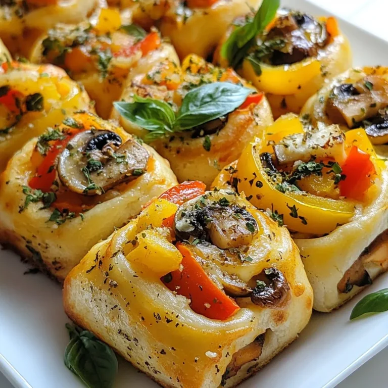 To make savory vegan pizza rolls, you need the following ingredients: - 1 package of vegan pizza dough - 1 cup marinara sauce - 1 cup shredded vegan mozzarella cheese - 1/2 cup bell peppers, diced (any color) - 1/2 cup mushrooms, diced - 1/4 cup black olives, sliced - 1 teaspoon dried oregano - 1 teaspoon garlic powder - 1 tablespoon olive oil - Salt and pepper to taste - Fresh basil leaves for garnish These ingredients create a tasty and fun snack. The vegan pizza dough acts as your base, while the marinara sauce adds a nice flavor. The shredded vegan mozzarella cheese melts perfectly and gives that classic pizza taste. You can choose any bell pepper color you like, and the mushrooms and olives add great texture. The dried oregano and garlic powder bring an extra kick. Don't forget a sprinkle of salt and pepper to enhance all the flavors. If you want to spice things up, consider adding these optional ingredients: - Spinach or kale for added greens - Artichoke hearts for a unique taste - Vegan sausage or pepperoni for extra protein - Red pepper flakes for some heat These options let you customize your pizza rolls. Adding spinach or kale gives a fresh touch. Artichoke hearts can add a fun twist. If you like a heartier roll, vegan sausage or pepperoni is perfect. Red pepper flakes can really wake up the flavors. This recipe yields about 12 rolls. Here’s a rough breakdown of the nutrition per roll: - Calories: 150 - Protein: 4g - Carbohydrates: 20g - Fat: 6g - Fiber: 2g These pizza rolls are a fun snack that can fit into various diets. They are low in calories but still filling. Each roll provides a good amount of flavor without too many calories. You can enjoy them guilt-free! {{ingredient_image_1}} Start by preheating your oven to 425°F (220°C). On a clean, floured surface, take your vegan pizza dough. Roll it out into a rectangle. Aim for about 1/4 inch thick. Next, spread marinara sauce all over the dough. Leave about one inch of space from the edges. Now, sprinkle the shredded vegan mozzarella cheese evenly over the sauce. Add the diced bell peppers, mushrooms, and black olives on top of the cheese. This mix adds color and flavor. Then, season with dried oregano, garlic powder, salt, and pepper. These spices bring out the best taste in your pizza rolls. Carefully roll the dough from the longer side. Make sure to keep it tight. This keeps the yummy filling from spilling out. Once you have a log shape, slice it into 1-inch thick pieces. Place these pieces cut-side up on a baking sheet lined with parchment paper. This helps to prevent sticking. Now it’s time to bake! Brush the tops of the pizza rolls with olive oil. This makes them golden brown and crispy. Place the baking sheet in the preheated oven. Bake for 15-20 minutes. You want them to be golden brown and puffed. Once done, take them out and let them cool for a few minutes. This helps prevent burns. Before serving, add fresh basil leaves on top. They make your pizza rolls look and taste great! Enjoy your savory vegan pizza rolls as a snack or appetizer. To get those lovely golden brown pizza rolls, start by brushing the tops with olive oil. This step adds a nice shine and crunch. Make sure your oven is hot enough at 425°F (220°C). This heat helps the rolls puff up and brown well. Keep an eye on them as they bake. You want them to be golden but not burnt. If you find them browning too fast, you can cover them lightly with foil. Avoid overfilling your pizza rolls. Too many toppings can make them spill out when you roll them. Also, don’t skip the resting time after baking. Letting them cool for a few minutes helps the cheese set. This makes each bite neater and tastier. Remember to roll the dough tightly. A loose roll can lead to uneven baking. Lastly, always use parchment paper on your baking sheet to prevent sticking. To boost flavor, try adding fresh herbs like basil or thyme. A sprinkle of crushed red pepper flakes can add heat. You can also mix in some spinach or artichokes for extra nutrition. If you love a cheesy taste, consider adding nutritional yeast. It gives a savory flavor without dairy. Experiment with different spices like smoked paprika or Italian seasoning for a twist. Each of these tips can make your pizza rolls even more delicious! Pro Tips Use Cold Dough: For best results, let the pizza dough chill in the refrigerator for a bit before rolling it out. Cold dough is easier to handle and will create a better texture. Customize Fillings: Feel free to add your favorite veggies or even some vegan pepperoni for extra flavor. The beauty of pizza rolls is their versatility! Don’t Overfill: Be cautious not to overload your rolls with toppings. Overfilling can cause them to burst while baking, so keep it balanced! Serve with Dipping Sauce: Enhance your pizza rolls by serving them with extra marinara or a vegan ranch dressing for dipping. It makes for a delicious appetizer! {{image_2}} You can get creative with the fillings for your pizza rolls. Try using different veggies like spinach, zucchini, or artichokes. You can also add some protein with chickpeas or tempeh. For a cheesy twist, mix in some vegan cream cheese. Each filling brings a new flavor, so have fun mixing and matching! If you need gluten-free pizza rolls, use gluten-free pizza dough. You can find it at most stores. For a low-carb option, use cauliflower crust instead of traditional dough. This keeps the taste delicious while fitting your dietary needs. Just make sure to squeeze out the water from the cauliflower for the best texture. Add some heat by including jalapeños or red pepper flakes. You could also try a barbecue sauce instead of marinara for a smoky taste. For a Mediterranean flair, use sun-dried tomatoes and feta-style vegan cheese. Experimenting with spices like smoked paprika or cumin can create exciting flavor profiles too! Each new twist makes these rolls even more fun to eat. To store leftover pizza rolls, place them in an airtight container. Let them cool first. You can keep them in the fridge for up to four days. Make sure to separate layers with parchment paper. This keeps them from sticking together. For the best taste, reheat your pizza rolls in the oven. Preheat your oven to 350°F (175°C). Place the rolls on a baking sheet. Heat for about 10 minutes or until warm. This keeps them crispy. You can also use an air fryer. Heat at 350°F (175°C) for about 5 minutes. If you want to freeze pizza rolls, first let them cool completely. Place them on a baking sheet in a single layer. Freeze for about 1 hour. After they freeze, transfer them to a freezer bag. Seal tightly and store for up to three months. To cook from frozen, add 5-10 minutes to your baking time. Yes, you can use regular pizza dough. Just check for dairy products. If you want to keep it vegan, choose dough made without milk or eggs. Many stores sell vegan-friendly options. Making your own dough with flour, water, and yeast is also easy. Marinara sauce is a classic choice. It adds a rich tomato flavor. You can also try pesto or barbecue sauce. For a spicy kick, hot sauce or buffalo sauce works great. Each sauce brings its own unique taste to the rolls. You can change the fillings based on your taste. For a gluten-free option, use gluten-free dough. If you want lower carbs, skip the dough and use vegetables. You can also add different vegetables, like spinach or zucchini. This way, you cater to various diets easily. Vegan pizza rolls pair well with a simple salad. A fresh green salad adds a nice crunch. You can also serve them with dips like marinara or ranch. For extra fun, try a side of roasted veggies. These sides make the meal more balanced and tasty. You learned about savory vegan pizza rolls, from key ingredients to storage tips. I shared ways to prepare the dough, bake until golden, and enhance flavors. You can even explore fun variations like gluten-free options and spicy fillings. Remember, making these pizza rolls can be simple and enjoyable. Try different fillings and sauces to make each batch unique. Enjoy your cooking and savor those delicious bites!