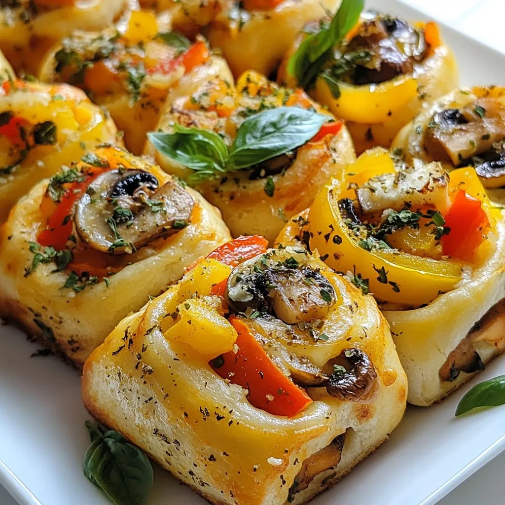 To make savory vegan pizza rolls, you need the following ingredients: - 1 package of vegan pizza dough - 1 cup marinara sauce - 1 cup shredded vegan mozzarella cheese - 1/2 cup bell peppers, diced (any color) - 1/2 cup mushrooms, diced - 1/4 cup black olives, sliced - 1 teaspoon dried oregano - 1 teaspoon garlic powder - 1 tablespoon olive oil - Salt and pepper to taste - Fresh basil leaves for garnish These ingredients create a tasty and fun snack. The vegan pizza dough acts as your base, while the marinara sauce adds a nice flavor. The shredded vegan mozzarella cheese melts perfectly and gives that classic pizza taste. You can choose any bell pepper color you like, and the mushrooms and olives add great texture. The dried oregano and garlic powder bring an extra kick. Don't forget a sprinkle of salt and pepper to enhance all the flavors. If you want to spice things up, consider adding these optional ingredients: - Spinach or kale for added greens - Artichoke hearts for a unique taste - Vegan sausage or pepperoni for extra protein - Red pepper flakes for some heat These options let you customize your pizza rolls. Adding spinach or kale gives a fresh touch. Artichoke hearts can add a fun twist. If you like a heartier roll, vegan sausage or pepperoni is perfect. Red pepper flakes can really wake up the flavors. This recipe yields about 12 rolls. Here’s a rough breakdown of the nutrition per roll: - Calories: 150 - Protein: 4g - Carbohydrates: 20g - Fat: 6g - Fiber: 2g These pizza rolls are a fun snack that can fit into various diets. They are low in calories but still filling. Each roll provides a good amount of flavor without too many calories. You can enjoy them guilt-free! {{ingredient_image_1}} Start by preheating your oven to 425°F (220°C). On a clean, floured surface, take your vegan pizza dough. Roll it out into a rectangle. Aim for about 1/4 inch thick. Next, spread marinara sauce all over the dough. Leave about one inch of space from the edges. Now, sprinkle the shredded vegan mozzarella cheese evenly over the sauce. Add the diced bell peppers, mushrooms, and black olives on top of the cheese. This mix adds color and flavor. Then, season with dried oregano, garlic powder, salt, and pepper. These spices bring out the best taste in your pizza rolls. Carefully roll the dough from the longer side. Make sure to keep it tight. This keeps the yummy filling from spilling out. Once you have a log shape, slice it into 1-inch thick pieces. Place these pieces cut-side up on a baking sheet lined with parchment paper. This helps to prevent sticking. Now it’s time to bake! Brush the tops of the pizza rolls with olive oil. This makes them golden brown and crispy. Place the baking sheet in the preheated oven. Bake for 15-20 minutes. You want them to be golden brown and puffed. Once done, take them out and let them cool for a few minutes. This helps prevent burns. Before serving, add fresh basil leaves on top. They make your pizza rolls look and taste great! Enjoy your savory vegan pizza rolls as a snack or appetizer. To get those lovely golden brown pizza rolls, start by brushing the tops with olive oil. This step adds a nice shine and crunch. Make sure your oven is hot enough at 425°F (220°C). This heat helps the rolls puff up and brown well. Keep an eye on them as they bake. You want them to be golden but not burnt. If you find them browning too fast, you can cover them lightly with foil. Avoid overfilling your pizza rolls. Too many toppings can make them spill out when you roll them. Also, don’t skip the resting time after baking. Letting them cool for a few minutes helps the cheese set. This makes each bite neater and tastier. Remember to roll the dough tightly. A loose roll can lead to uneven baking. Lastly, always use parchment paper on your baking sheet to prevent sticking. To boost flavor, try adding fresh herbs like basil or thyme. A sprinkle of crushed red pepper flakes can add heat. You can also mix in some spinach or artichokes for extra nutrition. If you love a cheesy taste, consider adding nutritional yeast. It gives a savory flavor without dairy. Experiment with different spices like smoked paprika or Italian seasoning for a twist. Each of these tips can make your pizza rolls even more delicious! Pro Tips Use Cold Dough: For best results, let the pizza dough chill in the refrigerator for a bit before rolling it out. Cold dough is easier to handle and will create a better texture. Customize Fillings: Feel free to add your favorite veggies or even some vegan pepperoni for extra flavor. The beauty of pizza rolls is their versatility! Don’t Overfill: Be cautious not to overload your rolls with toppings. Overfilling can cause them to burst while baking, so keep it balanced! Serve with Dipping Sauce: Enhance your pizza rolls by serving them with extra marinara or a vegan ranch dressing for dipping. It makes for a delicious appetizer! {{image_2}} You can get creative with the fillings for your pizza rolls. Try using different veggies like spinach, zucchini, or artichokes. You can also add some protein with chickpeas or tempeh. For a cheesy twist, mix in some vegan cream cheese. Each filling brings a new flavor, so have fun mixing and matching! If you need gluten-free pizza rolls, use gluten-free pizza dough. You can find it at most stores. For a low-carb option, use cauliflower crust instead of traditional dough. This keeps the taste delicious while fitting your dietary needs. Just make sure to squeeze out the water from the cauliflower for the best texture. Add some heat by including jalapeños or red pepper flakes. You could also try a barbecue sauce instead of marinara for a smoky taste. For a Mediterranean flair, use sun-dried tomatoes and feta-style vegan cheese. Experimenting with spices like smoked paprika or cumin can create exciting flavor profiles too! Each new twist makes these rolls even more fun to eat. To store leftover pizza rolls, place them in an airtight container. Let them cool first. You can keep them in the fridge for up to four days. Make sure to separate layers with parchment paper. This keeps them from sticking together. For the best taste, reheat your pizza rolls in the oven. Preheat your oven to 350°F (175°C). Place the rolls on a baking sheet. Heat for about 10 minutes or until warm. This keeps them crispy. You can also use an air fryer. Heat at 350°F (175°C) for about 5 minutes. If you want to freeze pizza rolls, first let them cool completely. Place them on a baking sheet in a single layer. Freeze for about 1 hour. After they freeze, transfer them to a freezer bag. Seal tightly and store for up to three months. To cook from frozen, add 5-10 minutes to your baking time. Yes, you can use regular pizza dough. Just check for dairy products. If you want to keep it vegan, choose dough made without milk or eggs. Many stores sell vegan-friendly options. Making your own dough with flour, water, and yeast is also easy. Marinara sauce is a classic choice. It adds a rich tomato flavor. You can also try pesto or barbecue sauce. For a spicy kick, hot sauce or buffalo sauce works great. Each sauce brings its own unique taste to the rolls. You can change the fillings based on your taste. For a gluten-free option, use gluten-free dough. If you want lower carbs, skip the dough and use vegetables. You can also add different vegetables, like spinach or zucchini. This way, you cater to various diets easily. Vegan pizza rolls pair well with a simple salad. A fresh green salad adds a nice crunch. You can also serve them with dips like marinara or ranch. For extra fun, try a side of roasted veggies. These sides make the meal more balanced and tasty. You learned about savory vegan pizza rolls, from key ingredients to storage tips. I shared ways to prepare the dough, bake until golden, and enhance flavors. You can even explore fun variations like gluten-free options and spicy fillings. Remember, making these pizza rolls can be simple and enjoyable. Try different fillings and sauces to make each batch unique. Enjoy your cooking and savor those delicious bites!