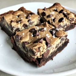 - 1/2 cup unsalted butter, melted - 1 cup granulated sugar - 2 large eggs - 1 teaspoon vanilla extract - 1/3 cup unsweetened cocoa powder - 1/2 cup all-purpose flour - 1/4 teaspoon salt - 1/4 teaspoon baking powder The brownie layer is rich and chocolatey. The melted butter and sugar create a smooth base. Adding eggs makes it fluffy. Cocoa powder gives it a deep chocolate flavor. Flour binds it all together. Salt enhances the taste, while baking powder helps it rise. - 1/2 cup unsalted butter, softened - 1/4 cup brown sugar, packed - 1/4 cup granulated sugar - 1 teaspoon vanilla extract - 1 cup all-purpose flour - 1/2 cup mini chocolate chips - 2 tablespoons milk (add more if needed for consistency) The cookie dough layer is sweet and creamy. Softened butter blends well with both sugars. The mini chocolate chips add delightful bursts of flavor. Vanilla extract brings warmth, while flour gives it structure. Milk helps achieve the right dough consistency. - Sea salt for a sweet-salty taste - Melted chocolate drizzle for extra indulgence Toppings can elevate your bars. A sprinkle of sea salt adds contrast. A drizzle of melted chocolate provides extra richness. You can be creative and add your favorite toppings! {{ingredient_image_1}} First, we start by preheating your oven to 350&deg;F (175&deg;C). This step helps the brownies bake evenly. While the oven heats, grease an 8x8-inch baking pan or line it with parchment paper. This makes it easy to remove the bars later. In a mixing bowl, combine 1/2 cup of melted unsalted butter with 1 cup of granulated sugar. Stir until well mixed. Next, add 2 large eggs one at a time. Mix well after each egg. Then, stir in 1 teaspoon of vanilla extract. In another bowl, sift together 1/3 cup of cocoa powder, 1/2 cup of all-purpose flour, 1/4 teaspoon of salt, and 1/4 teaspoon of baking powder. Gradually mix the dry ingredients into the wet mixture until just combined. Avoid overmixing. Pour the brownie batter into the pan and spread it evenly. Bake for 20-25 minutes. A toothpick should come out mostly clean when inserted in the center. While the brownies cool, we make the cookie dough. In a large bowl, cream together 1/2 cup of softened unsalted butter, 1/4 cup of brown sugar, and 1/4 cup of granulated sugar until light and fluffy. Mix in 1 teaspoon of vanilla extract. Gradually add 1 cup of all-purpose flour, mixing until just combined. The dough will be thick. Stir in 1/2 cup of mini chocolate chips. Add 2 tablespoons of milk to achieve the right consistency. The dough should be soft but not sticky. Once the brownie layer is cool, spread the cookie dough over the brownies. Use your hands or a spatula to flatten it down gently. Make sure to cover the brownies evenly for a nice look. Refrigerate the assembled bars for at least 30 minutes. This helps the layers set nicely. After chilling, cut the bars into squares or rectangles. Enjoy the mix of flavors and textures! To get the best brownie texture, use room-temperature ingredients. Mix your melted butter and sugar until smooth. Add eggs one by one, mixing well. Don't overmix the batter after adding dry ingredients. This keeps your brownies chewy and soft. Bake at 350&deg;F (175&deg;C) for 20-25 minutes. Use a toothpick to check; a few crumbs should stick. Let the brownies cool for 15-20 minutes in the pan before adding the cookie dough. For soft cookie dough, start with softened butter. Cream it with both sugars until fluffy. Add vanilla and mix well. Gradually add flour until just combined. The dough should feel thick but not sticky. If it feels too dry, add a splash of milk to adjust. Mix in mini chocolate chips for fun bites. This will help the cookie dough spread easily over the brownies. For a great look, serve your bars in clean parchment-lined trays. Sprinkle a touch of sea salt on top for a sweet-salty treat. Drizzle some melted chocolate for extra flair. Cut them into squares or rectangles for easy sharing. These tips will make your cookie dough brownie bars stand out at any gathering! Pro Tips Use Room Temperature Ingredients: Make sure your butter and eggs are at room temperature for better mixing and a smoother batter. Don&rsquo;t Overmix the Brownie Batter: Mixing too much can lead to tough brownies; mix just until the ingredients are combined. Chill for Better Texture: Chilling the cookie dough layer helps it firm up, making it easier to spread over the brownies. Experiment with Mix-ins: Feel free to add nuts or different types of chocolate chips to the cookie dough for added texture and flavor. {{image_2}} You can switch up the brownie layer for fun! Try adding different types of chocolate. You can use dark chocolate or even white chocolate. Nuts like walnuts or pecans add a nice crunch too. Swirl in some peanut butter for a rich flavor. You can also add a pinch of espresso powder to deepen the chocolate taste. Each change gives a new twist to this treat! For the cookie dough layer, get creative! You can use brown butter for a nutty taste. Try different types of chips like white chocolate or butterscotch. Add in some crushed Oreos for a cookies and cream vibe. If you love spices, a dash of cinnamon can warm up the flavor. These little changes can make each batch feel unique! You can easily make these bars fit your diet needs. For gluten-free bars, swap regular flour for almond or coconut flour. If you want vegan options, use flax eggs instead of real eggs. Replace butter with coconut oil or vegan butter. Use dairy-free chocolate chips for the cookie dough. These swaps help everyone enjoy this tasty treat! To keep your Cookie Dough Brownie Bars fresh, store them in an airtight container. This method helps maintain moisture and flavor. If you plan to eat them within a few days, just place them on the counter. For longer storage, refrigeration is best. Wrap each bar in plastic wrap before placing it in the container. This extra layer protects against drying out. Freezing these bars is easy! First, cut them into squares. Next, wrap each square in plastic wrap. Then, place them in a freezer-safe bag or container. Make sure to remove as much air as possible. These bars can last up to three months in the freezer. When you're ready to enjoy, just thaw them in the fridge overnight or at room temperature for a few hours. If you prefer warm Cookie Dough Brownie Bars, reheating is simple. Place a bar on a microwave-safe plate. Heat it in the microwave for about 10-15 seconds. Check to see if it's warm enough. If not, heat in 5-second bursts until ready. You can also warm them in an oven. Preheat to 350&deg;F (175&deg;C) and heat for about 5 minutes. Enjoy them warm and gooey! Yes, you can use dark chocolate! Melt about 4 ounces of dark chocolate. Replace the cocoa powder with it. This change will make your brownies richer and more chocolatey. Just remember to reduce the butter by 2 tablespoons since chocolate adds fat. These bars are best enjoyed fresh, but they can last up to one week. Store them in an airtight container at room temperature. If you want to keep them longer, refrigerate them. Just remember to let them sit at room temperature for a few minutes before serving. You can replace each egg with 1/4 cup of unsweetened applesauce. Another option is to use 1/4 cup of mashed banana. Both options keep the brownies moist and add some sweetness. You can also use flaxseed meal mixed with water. Mix one tablespoon of flaxseed meal with three tablespoons of water for each egg. Absolutely! Chopped nuts, like walnuts or pecans, can add crunch. You can also mix in extra chocolate chips or even some caramel swirls. Just make sure to keep the total volume of mix-ins balanced with the rest of the batter. Refrigerating is not necessary, but it helps the bars set. If you like a firmer texture, chill them for at least 30 minutes. This makes cutting easier too. If you prefer them soft and gooey, you can enjoy them right after making! In this blog post, we explored how to make delicious cookie dough brownie bars, from ingredients to storage. You learned about key ingredients for each layer and some fun topping ideas. The step-by-step guide makes it easy to create this treat. With tips for the perfect texture and serving ideas, you can impress anyone. Don't forget the variations to suit your taste or dietary needs. Enjoy your tasty bars, and share them with friends!