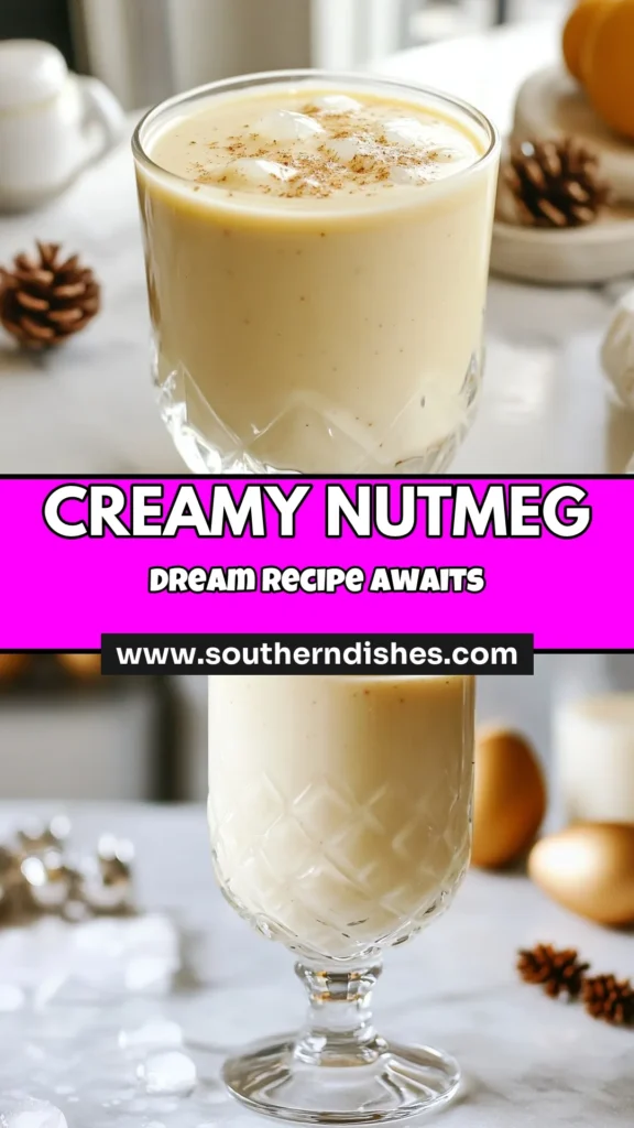 Sip into the holiday spirit with this creamy nutmeg recipe featuring homemade eggnog! This vanilla nutmeg drink blends rich whole milk, heavy cream, and almond-flavored eggnog for a festive creamy beverage that’s sure to impress. Perfect for any celebration, serve it chilled over ice and garnish with nutmeg. Try this delightful Eggnog Brandy Alexander and elevate your gatherings! Save this recipe for your festive menu. #Eggnog #NutmegDrink #HolidayRecipes #FestiveBeverage