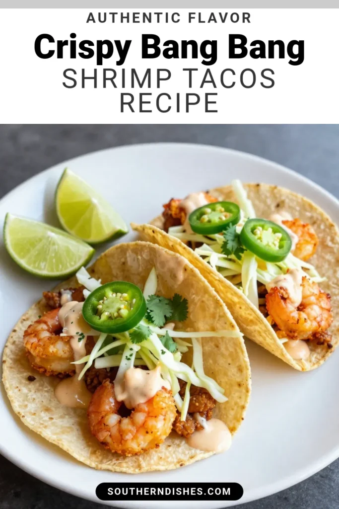 Indulge in these delicious Bang Bang Shrimp Tacos, a perfect blend of crispy shrimp and spicy bang bang sauce. This easy taco recipe features perfectly fried shrimp topped with shredded cabbage, fresh jalape&ntilde;os, and cilantro, all wrapped in warm corn tortillas. You'll love how simple it is to make a flavorful meal that impresses! Save this Crispy Shrimp Tacos Recipe for your next taco night! #TacoTuesday #SeafoodLovers #EasyRecipes #FoodieFun