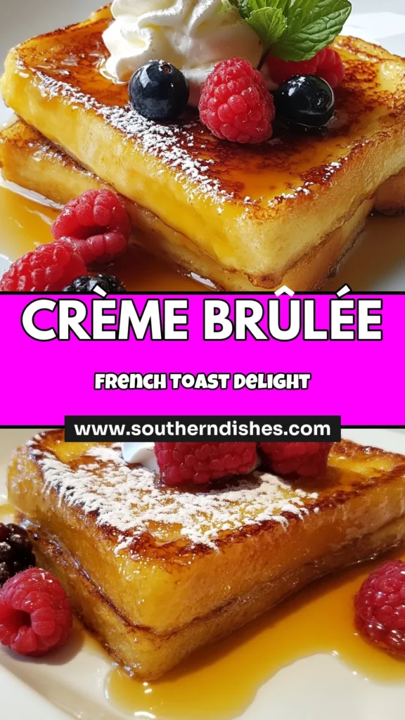 Indulge in this decadent Crème Brûlée French Toast that’s perfect for your next brunch! This brioche French toast recipe features baked French toast with custard and a delightful layer of caramelized sugar for that classic crème brûlée touch. Easy to make, this dish will impress your guests and elevate your brunch game. Try it with fresh berries and whipped cream for a perfect finish. Save this easy brunch recipe now! #FrenchToast #BrunchRecipes #CrèmeBrûlée #EasyRecipes