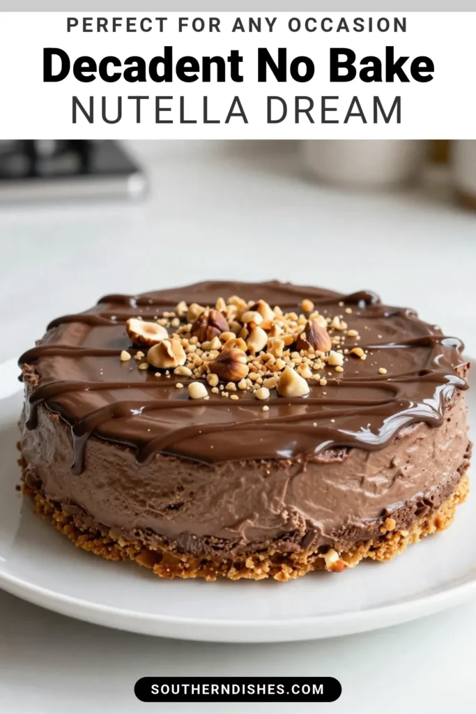 Indulge in this delicious No-Bake Nutella Cheesecake that's perfect for any occasion! This easy Nutella dessert recipe combines creamy Nutella with rich cream cheese for a heavenly treat. No need to turn on the oven as this Nutella cheesecake without baking is a breeze to make. Top it off with extra Nutella and crushed hazelnuts for a stunning finish. Save this chocolate hazelnut cheesecake recipe for your next dessert craving! #NoBakeCheesecake #NutellaDessert #DessertRecipe #CheesecakeLovers