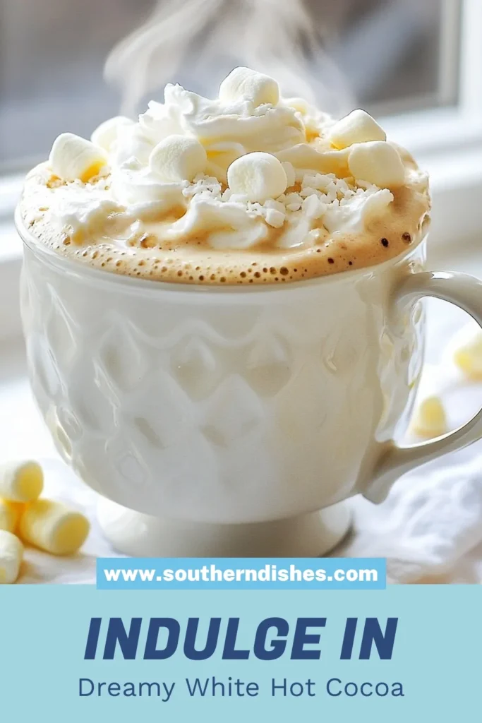 Indulge in this creamy white hot chocolate recipe that's perfect for cozy nights! This homemade white hot chocolate combines velvety hot cocoa flavors with rich white chocolate chips, making a gourmet hot chocolate recipe you'll love. Ready in just 15 minutes, it&rsquo;s the ultimate creamy white chocolate drink topped with whipped cream and garnishes. Save this delightful recipe for your next chilly evening and treat yourself! #WhiteHotChocolate #HomemadeHotChocolate #GourmetCocoa #CozyDrinks