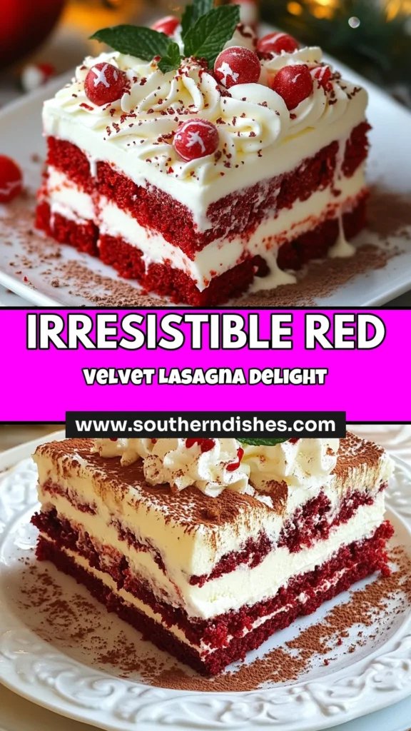 Indulge in the festive delight of Red Velvet Christmas Lasagna, the ultimate no-bake red velvet dessert. This creamy mascarpone cream layered dessert is perfect for your holiday gatherings. With rich red velvet cake, fluffy mascarpone layers, and a sprinkle of peppermint candy, it's a showstopper. Impress your guests this season with this easy Christmas dessert recipe that will leave everyone wanting more. Save the recipe now for a sweet holiday treat! #RedVelvetLasagna #ChristmasDessertRecipe #NoBakeRedVelvetDessert #PeppermintCandyDessert