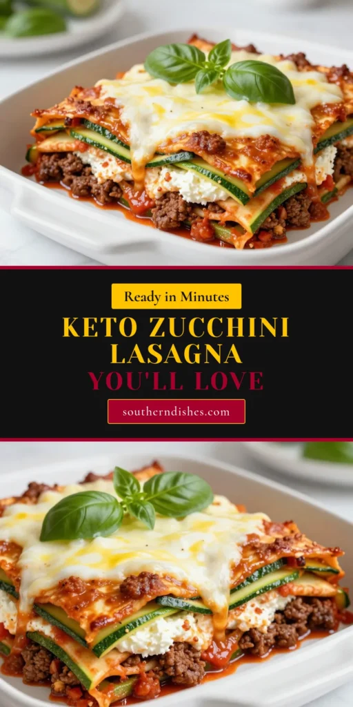 Discover the ultimate Keto Zucchini Lasagna that's not only a delicious low carb lasagna recipe but also a perfect sugar-free lasagna option for your keto-friendly dinner. This easy-to-follow Zucchini Lasagna Keto recipe features layers of savory beef, creamy ricotta, and melty mozzarella. Satisfy your cravings while staying on track with your diet! Save this recipe for a healthy twist on an Italian favorite! #KetoZucchiniLasagna #LowCarbLasagnaRecipe #SugarFreeLasagna #KetoFriendlyDinner