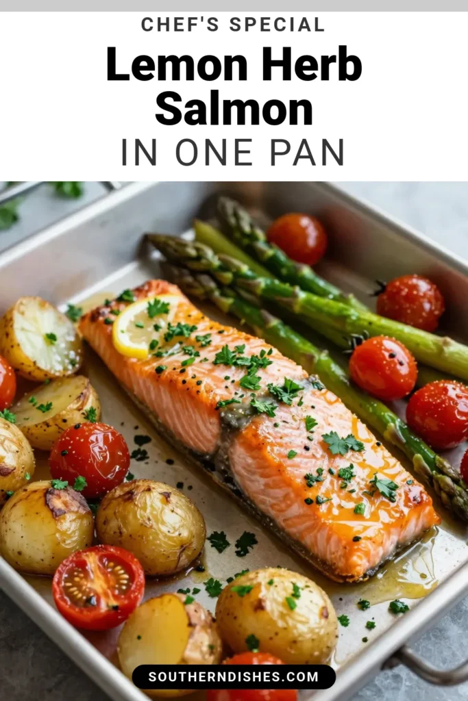 Discover the delightful flavors of Sheet Pan Lemon Herb Salmon! This easy one pan meal features tender roasted salmon and veggies, including asparagus and cherry tomatoes, that come together in just 40 minutes. Perfect for a healthy salmon dinner, this sheet pan recipe is a must-try for busy weeknights. Elevate your dinner routine and enjoy a deliciously satisfying dish! Save this recipe for your next cooking adventure! #lemonherbsalmon #sheetpanrecipes #healthydinner #onepanmeal