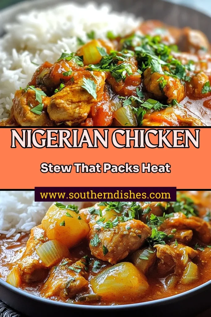 Discover the vibrant flavors of this Spicy Nigerian Chicken Stew! This easy Nigerian recipe combines tender chicken with a rich sauce made from blended tomatoes, Scotch bonnet peppers, and palm oil for a delicious kick. Perfect over rice or with plantains, this spicy chicken stew recipe is a must-try for spice lovers. Get ready to impress your friends and family. Save this recipe for your next meal! #NigerianChickenStew #SpicyChickenStewRecipe #EasyNigerianRecipes #ScotchBonnetChickenStew