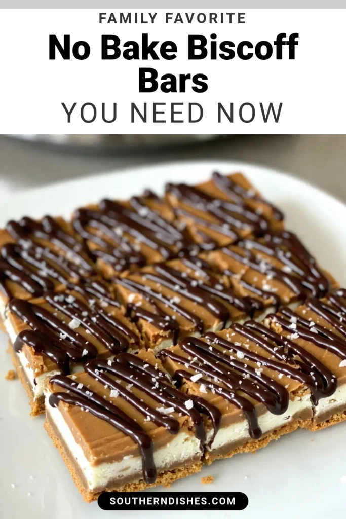 Indulge in these delicious no-bake Biscoff bars! This easy dessert recipe features a buttery Lotus Biscoff biscuit base, creamy Biscoff cream cheese filling, and a rich dark chocolate topping. Perfect for anyone craving a quick treat, these no-bake cookie bars are simple to make and impressively decadent. Try these Biscoff cream cheese treats for your next gathering, and don&rsquo;t forget to save this recipe! #NoBakeBiscoffBars #EasyDessertRecipes #LotusBiscoffDessert #NoBakeCookieBars
