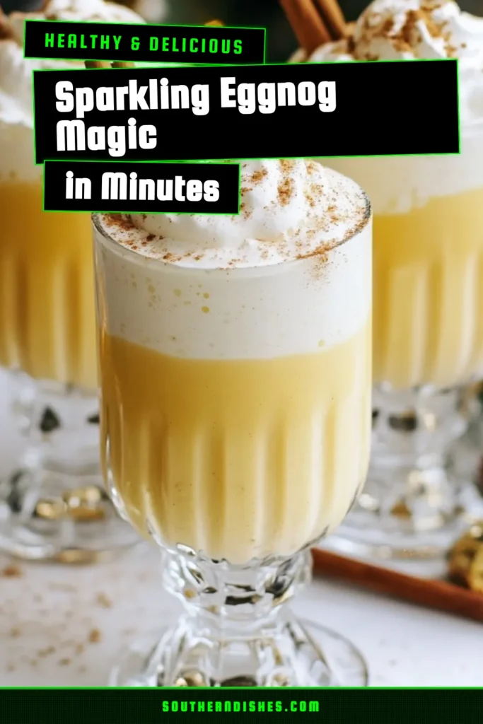 Celebrate the holidays with this festive eggnog recipe, perfect for any Christmas party beverage! The Eggnog Champagne Fizz is an irresistible eggnog fizz cocktail that combines rich eggnog with sparkling water for a bubbly delight. Impress your guests with this easy-to-make drink that adds a touch of sparkle to your holiday drinks recipes. Don’t forget the nutmeg garnish! Save this recipe for your holiday gatherings. #holidaydrinks #eggnogrecipe #Christmasbeverage #eggnogfizz