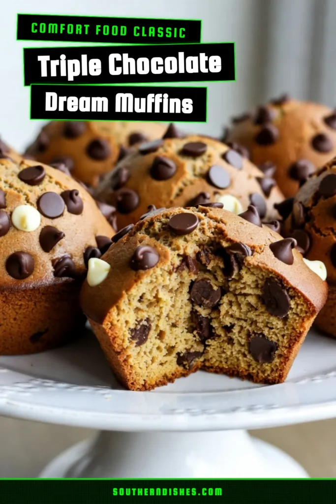 Indulge in the ultimate treat with these delightful triple chocolate chip muffins! This easy chocolate muffin recipe is packed with semi-sweet, white, and dark chocolate chips, making it the best chocolate muffins recipe you'll ever try. Perfect for breakfast or a sweet snack, these homemade chocolate muffins are quick to make and full of flavor. Don&rsquo;t miss out&mdash;save this recipe now for your next baking adventure! #ChocolateMuffins #Baking #DessertRecipes #MuffinRecipe