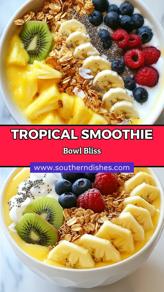 Dive into a Tropical Paradise with this vibrant tropical smoothie bowl! This pineapple smoothie recipe is not only delicious but also makes for a healthy smoothie bowl packed with nutrients. Made with creamy coconut milk and Greek yogurt, it's perfect for a refreshing breakfast or snack. Top with granola, fresh berries, and kiwi for an extra flavor boost. Try this easy recipe today and experience a taste of the tropics! #TropicalSmoothieBowl #PineappleSmoothieRecipe #HealthySmoothieBowl #CoconutMilkSmoothie