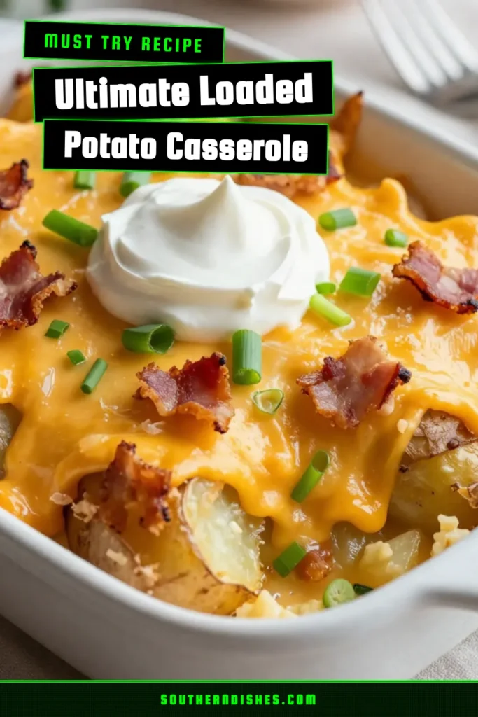 Indulge in this delicious loaded baked potato casserole, a cheesy potato casserole recipe perfect for any occasion! This creamy potato bake is loaded with cheddar, sour cream, and crumbled turkey bacon for a savory twist. This easy baked potato dish is sure to be a hit at your next gathering. Try it today for a comforting meal everyone will love! Don't forget to save this recipe! #LoadedBakedPotatoCasserole #CheesyPotatoCasserole #CreamyPotatoBake #TurkeyBaconCasserole