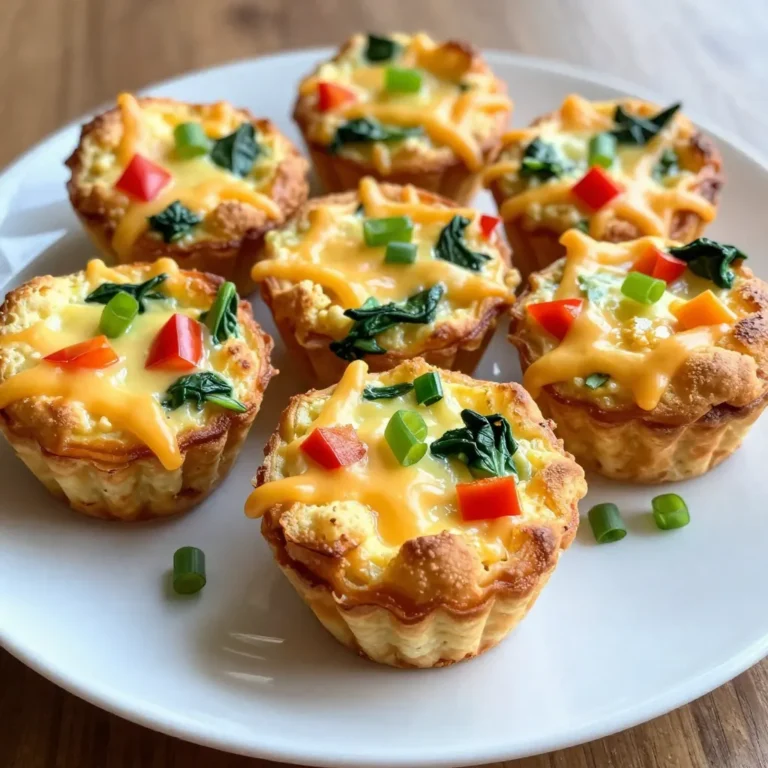 To make Cottage Cheese Egg Muffins, you need a few simple ingredients. Here’s the list: - Cottage Cheese - Eggs - Bell Pepper - Spinach - Green Onions - Garlic Powder - Paprika - Cheddar Cheese - Cooking Spray Each ingredient plays an important role. Cottage cheese adds creaminess and protein. Eggs hold everything together and provide a fluffy texture. The bell pepper brings a nice crunch and color. Spinach adds a pop of green and nutrients. Green onions give a fresh flavor kick. Garlic powder and paprika add warmth and spice. Cheddar cheese makes it extra cheesy and delicious. Finally, you’ll need cooking spray to prevent sticking. Feel free to adjust the ingredients based on what you have. You can swap vegetables or use different cheese. This recipe is all about making it your own! {{ingredient_image_1}} - Preheat oven to 375°F (190°C). - In a large bowl, whisk together the cottage cheese and eggs until they are smooth. - Add the diced bell pepper, chopped spinach, green onions, garlic powder, paprika, salt, and pepper to the bowl. - Mix until everything is well combined. - Gently fold in the shredded cheddar cheese. - Grease a muffin tin with cooking spray or oil. - Pour the mixture evenly into the muffin tin, filling each cup about 2/3 full. - Bake in the preheated oven for 20 to 25 minutes. The muffins should be set and lightly golden on top. - Once done, remove from the oven. Let them cool for a few minutes before taking them out of the tin. - Enjoy them warm or let them cool completely to store in the fridge for up to a week. To make the best cottage cheese egg muffins, avoid overmixing. Mixing too much can make them tough. You want a light and fluffy texture. Stir just until everything combines well. Use room temperature ingredients for a smoother mix. Cold eggs or cottage cheese can cause lumps. Let them sit out for about 15 minutes before you start. This small step helps your muffins bake evenly. These muffins taste great on their own, but you can enhance them. Pair them with fresh salsa or creamy avocado for extra flavor. The coolness of the avocado balances the warm muffins perfectly. You can also serve them with a side of fruit. Fresh berries or sliced apples add a nice crunch. This makes your meal colorful and fun. Enjoy these muffins as a snack or a light meal! Pro Tips Use Fresh Ingredients: For the best flavor and texture, opt for fresh vegetables and high-quality cottage cheese. This will elevate the taste of your muffins significantly. Experiment with Cheese: While cheddar is delicious, feel free to experiment with different cheeses like feta or mozzarella for unique flavor profiles. Customize Your Veggies: You can add or swap out vegetables based on your preference. Zucchini, mushrooms, or even sun-dried tomatoes work wonderfully in this recipe. Store Properly: To maintain freshness, store the muffins in an airtight container in the refrigerator. They can also be frozen for longer storage, making them perfect for meal prep! {{image_2}} You can change the veggies in your muffins for more flavor. I love using zucchini. It adds moisture and a mild taste. Simply shred or chop it before mixing. Mushrooms are another great choice. They bring umami and a nice texture. Just slice them thinly. You can also add tomatoes or kale. Diced tomatoes give a juicy burst. Kale adds a nice green crunch. Chop it finely so it blends well with the eggs. Switching up the cheese can make your muffins unique. Use different cheese varieties for new flavors. Feta or goat cheese adds a tangy kick. You could even try pepper jack for some heat. If you want a dairy-free option, vegan cheese works too. Look for a brand that melts well. This will help keep your muffins moist and tasty. Store your cottage cheese egg muffins in an airtight container. They stay fresh in the fridge for up to one week. Make sure they cool completely before you store them. This helps avoid moisture and keeps them tasty. If you want to keep them longer, you can freeze them. Place your muffins in a freezer-safe bag or container. They can last for up to three months in the freezer. When you are ready to eat, just thaw them in the fridge overnight. To reheat your muffins, the oven is best. Preheat it to 350°F (175°C). Place the muffins on a baking sheet and cover them with foil. Heat for about 10 to 15 minutes. This keeps them soft and warm. You can also use the microwave. Place a muffin on a microwave-safe plate. Heat it for about 30 seconds to 1 minute. This method is quick but may make them a bit soggy. Choose the method you like best for a warm snack! These muffins can last up to a week in the fridge. Store them in an airtight container. This keeps them fresh and tasty. You can also freeze them for longer storage. Just make sure to wrap them well to avoid freezer burn. Yes, you can use egg substitutes. For each egg, use 1/4 cup of unsweetened applesauce or mashed banana. You can also try flax eggs. Mix one tablespoon of ground flaxseed with three tablespoons of water. Let it sit for a few minutes before adding it to your mixture. Absolutely! These muffins are great for meal prep. You can make a big batch and store them. They are easy to grab for breakfast or snacks. Just reheat in the microwave for a quick meal. Yes, you can customize the seasonings to your taste. Feel free to add herbs like basil or oregano. You can also add a pinch of cayenne pepper for some heat. Get creative and make these muffins your own! These muffins are easy to make and great for any meal. You learned the simple steps: mix cottage cheese and eggs, add your favorite veggies, and bake. Remember to prepare your muffin tin and avoid overmixing for the best results. You can also switch up ingredients to fit your tastes. Store leftovers well to enjoy later. These muffins are perfect for meal prep, saving you time during the week. Get creative with this recipe, and make it your own!