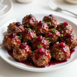 - 1 lb ground turkey or chicken - 1/2 cup breadcrumbs - 1/4 cup grated Parmesan cheese - 1/4 cup finely chopped onion - 1 garlic clove, minced - 1 egg - 1 teaspoon salt - 1/2 teaspoon black pepper To make these meatballs, start with ground turkey or chicken. I like using turkey for a lighter meal. The breadcrumbs help bind everything together. Grated Parmesan adds a nice flavor and richness. Finely chopped onion and minced garlic give the meatballs a fresh taste. The egg acts as a binder. Don&rsquo;t forget the salt and pepper for seasoning. - 1 cup cranberry sauce (preferably homemade, or store-bought without added sugar) - 1 tablespoon soy sauce - 2 teaspoons mustard (Dijon or yellow) - 1/2 teaspoon ground ginger For the sauce, you can choose homemade or store-bought cranberry sauce. I prefer homemade when I can, as it tastes fresher. If you use store-bought, check that it has no added sugar. The soy sauce and mustard add depth to the flavor. Ground ginger gives a warm spice that pairs well with the sweetness of the cranberries. {{ingredient_image_1}} 1. First, preheat your oven to 400&deg;F (200&deg;C). This ensures even cooking. 2. Line a baking sheet with parchment paper. This helps with easy cleanup. 3. In a large mixing bowl, add ground turkey or chicken, breadcrumbs, and Parmesan cheese. 4. Next, add finely chopped onion, minced garlic, egg, salt, and black pepper. 5. Mix everything until it is well combined. Use your hands if needed. 6. Roll the mixture into bite-sized meatballs, about 1 inch in diameter. 7. Place each meatball on the prepared baking sheet, leaving space between them. 1. In a saucepan, combine 1 cup of cranberry sauce, soy sauce, mustard, and ground ginger. 2. Heat this mixture over medium-low heat. Stir gently until it warms through. 3. Make sure all the ingredients blend well together. This glaze adds great flavor. 1. Bake the meatballs in the preheated oven for 20-25 minutes. They should be cooked through. 2. Check that they have a slight brown color on the outside. 3. After baking, let the meatballs cool for a few minutes. This helps with serving. 4. Serve the meatballs on a platter, drizzled with any leftover cranberry glaze. 5. Garnish with fresh parsley to make it look nice. Enjoy your festive dish! For perfect meatballs, size matters. Aim for about 1 inch in diameter. This size cooks evenly and makes them easy to eat. When mixing, do not overwork the meat. This keeps them tender. Bake at 400&deg;F for 20-25 minutes for juicy results. You can swap spices to fit your taste. Try adding some smoked paprika for a smoky kick. For more sweetness, a touch of brown sugar in the glaze works well. If you want extra glaze, save some cranberry sauce. Brush it on right before serving for a shiny finish. When serving, use a large platter to show off those meatballs. Drizzle extra glaze over them for a festive look. Fresh parsley adds color and a fresh taste. You can also serve with toothpicks for easy eating. Pro Tips Use fresh herbs: Incorporating fresh parsley or thyme into your meatball mixture can elevate the flavor profile and add a delightful freshness. Check for doneness: To ensure that your meatballs are fully cooked, use a meat thermometer to check that the internal temperature reaches 165&deg;F (75&deg;C). Make ahead: You can prepare the meatballs in advance and freeze them before baking. Just thaw and bake when you're ready to serve! Experiment with flavors: Feel free to mix in different spices or sauces to the glaze for a unique twist. A splash of orange juice or zest can add a festive touch! {{image_2}} You can change the meat in this recipe. Ground beef, pork, or lamb work well. Each brings its own taste. If you want a lighter option, stick with ground turkey or chicken. If you need gluten-free meatballs, look for gluten-free breadcrumbs. You can also use crushed rice cereal. This keeps the meatballs tasty and safe for everyone. To spice things up, add herbs like thyme or rosemary. Fresh herbs can bring a bright taste. You can also try mixing in sage for a warm flavor. Using flavored cranberry sauces is another fun idea. Look for ones with orange zest or jalape&ntilde;o. These add a twist to the classic taste. If you want low-sugar options, choose no-sugar-added cranberry sauce. This keeps the dish sweet without the extra sugar. For a vegetarian version, swap out the meat for lentils or plant-based meat. You can keep all the other ingredients the same. This way, you still get that rich flavor without using meat. To store leftovers, place the meatballs in an airtight container. Make sure to cover them with any extra glaze. This helps keep them moist. You can refrigerate them for up to three days. For reheating, use your microwave or oven. If using the oven, set it to 350&deg;F (175&deg;C) and heat for about 10-15 minutes. This warms them through without drying them out. You can freeze cooked meatballs to enjoy later. Let them cool completely before freezing. Place them in a freezer-safe bag, removing as much air as possible. They will stay good for about three months. For thawing, move them to the fridge for a few hours or overnight. Reheat them in the oven at 350&deg;F (175&deg;C) for about 20 minutes, or until hot. For best practices, always check the meatballs for freshness. If they smell off or have a strange color, do not eat them. Signs of spoilage include a slimy texture or mold. When stored properly, refrigerated meatballs last three days. Frozen meatballs can last up to three months, maintaining their flavor and texture. You can check if meatballs are done by measuring their internal temperature. Use a meat thermometer. The safe temperature for turkey or chicken meatballs is 165&deg;F (74&deg;C). Insert the thermometer into the center of a meatball. If it reads 165&deg;F, they are ready! If not, bake them a few more minutes. Yes, you can make these meatballs ahead of time! Prepare the meatballs and bake them. Allow them to cool completely. You can store them in an airtight container in the fridge for up to three days. For longer storage, freeze the cooked meatballs. They will keep in the freezer for up to three months. Just reheat them when needed. These meatballs pair well with many side dishes. Here are some great options: - Mashed potatoes for a creamy touch. - Rice or quinoa for a hearty base. - Roasted vegetables for color and nutrition. - A fresh salad to add crunch. - Bread rolls for dipping in the sauce. Feel free to mix and match these sides to create a festive meal! These Christmas cranberry meatballs are a fun way to enjoy the season. We covered the main ingredients, preparation steps, and tips for perfect meatballs. You can try different flavors with ingredient swaps and variations. Don't forget to store leftovers properly to enjoy them later. Whether you stick to classic or try something new, these meatballs will impress your guests. Explore the options and have fun in the kitchen!