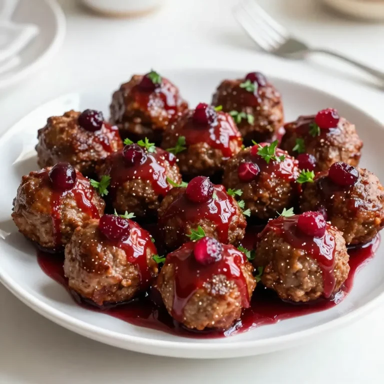 - 1 lb ground turkey or chicken - 1/2 cup breadcrumbs - 1/4 cup grated Parmesan cheese - 1/4 cup finely chopped onion - 1 garlic clove, minced - 1 egg - 1 teaspoon salt - 1/2 teaspoon black pepper To make these meatballs, start with ground turkey or chicken. I like using turkey for a lighter meal. The breadcrumbs help bind everything together. Grated Parmesan adds a nice flavor and richness. Finely chopped onion and minced garlic give the meatballs a fresh taste. The egg acts as a binder. Don’t forget the salt and pepper for seasoning. - 1 cup cranberry sauce (preferably homemade, or store-bought without added sugar) - 1 tablespoon soy sauce - 2 teaspoons mustard (Dijon or yellow) - 1/2 teaspoon ground ginger For the sauce, you can choose homemade or store-bought cranberry sauce. I prefer homemade when I can, as it tastes fresher. If you use store-bought, check that it has no added sugar. The soy sauce and mustard add depth to the flavor. Ground ginger gives a warm spice that pairs well with the sweetness of the cranberries. {{ingredient_image_1}} 1. First, preheat your oven to 400°F (200°C). This ensures even cooking. 2. Line a baking sheet with parchment paper. This helps with easy cleanup. 3. In a large mixing bowl, add ground turkey or chicken, breadcrumbs, and Parmesan cheese. 4. Next, add finely chopped onion, minced garlic, egg, salt, and black pepper. 5. Mix everything until it is well combined. Use your hands if needed. 6. Roll the mixture into bite-sized meatballs, about 1 inch in diameter. 7. Place each meatball on the prepared baking sheet, leaving space between them. 1. In a saucepan, combine 1 cup of cranberry sauce, soy sauce, mustard, and ground ginger. 2. Heat this mixture over medium-low heat. Stir gently until it warms through. 3. Make sure all the ingredients blend well together. This glaze adds great flavor. 1. Bake the meatballs in the preheated oven for 20-25 minutes. They should be cooked through. 2. Check that they have a slight brown color on the outside. 3. After baking, let the meatballs cool for a few minutes. This helps with serving. 4. Serve the meatballs on a platter, drizzled with any leftover cranberry glaze. 5. Garnish with fresh parsley to make it look nice. Enjoy your festive dish! For perfect meatballs, size matters. Aim for about 1 inch in diameter. This size cooks evenly and makes them easy to eat. When mixing, do not overwork the meat. This keeps them tender. Bake at 400°F for 20-25 minutes for juicy results. You can swap spices to fit your taste. Try adding some smoked paprika for a smoky kick. For more sweetness, a touch of brown sugar in the glaze works well. If you want extra glaze, save some cranberry sauce. Brush it on right before serving for a shiny finish. When serving, use a large platter to show off those meatballs. Drizzle extra glaze over them for a festive look. Fresh parsley adds color and a fresh taste. You can also serve with toothpicks for easy eating. Pro Tips Use fresh herbs: Incorporating fresh parsley or thyme into your meatball mixture can elevate the flavor profile and add a delightful freshness. Check for doneness: To ensure that your meatballs are fully cooked, use a meat thermometer to check that the internal temperature reaches 165°F (75°C). Make ahead: You can prepare the meatballs in advance and freeze them before baking. Just thaw and bake when you're ready to serve! Experiment with flavors: Feel free to mix in different spices or sauces to the glaze for a unique twist. A splash of orange juice or zest can add a festive touch! {{image_2}} You can change the meat in this recipe. Ground beef, pork, or lamb work well. Each brings its own taste. If you want a lighter option, stick with ground turkey or chicken. If you need gluten-free meatballs, look for gluten-free breadcrumbs. You can also use crushed rice cereal. This keeps the meatballs tasty and safe for everyone. To spice things up, add herbs like thyme or rosemary. Fresh herbs can bring a bright taste. You can also try mixing in sage for a warm flavor. Using flavored cranberry sauces is another fun idea. Look for ones with orange zest or jalapeño. These add a twist to the classic taste. If you want low-sugar options, choose no-sugar-added cranberry sauce. This keeps the dish sweet without the extra sugar. For a vegetarian version, swap out the meat for lentils or plant-based meat. You can keep all the other ingredients the same. This way, you still get that rich flavor without using meat. To store leftovers, place the meatballs in an airtight container. Make sure to cover them with any extra glaze. This helps keep them moist. You can refrigerate them for up to three days. For reheating, use your microwave or oven. If using the oven, set it to 350°F (175°C) and heat for about 10-15 minutes. This warms them through without drying them out. You can freeze cooked meatballs to enjoy later. Let them cool completely before freezing. Place them in a freezer-safe bag, removing as much air as possible. They will stay good for about three months. For thawing, move them to the fridge for a few hours or overnight. Reheat them in the oven at 350°F (175°C) for about 20 minutes, or until hot. For best practices, always check the meatballs for freshness. If they smell off or have a strange color, do not eat them. Signs of spoilage include a slimy texture or mold. When stored properly, refrigerated meatballs last three days. Frozen meatballs can last up to three months, maintaining their flavor and texture. You can check if meatballs are done by measuring their internal temperature. Use a meat thermometer. The safe temperature for turkey or chicken meatballs is 165°F (74°C). Insert the thermometer into the center of a meatball. If it reads 165°F, they are ready! If not, bake them a few more minutes. Yes, you can make these meatballs ahead of time! Prepare the meatballs and bake them. Allow them to cool completely. You can store them in an airtight container in the fridge for up to three days. For longer storage, freeze the cooked meatballs. They will keep in the freezer for up to three months. Just reheat them when needed. These meatballs pair well with many side dishes. Here are some great options: - Mashed potatoes for a creamy touch. - Rice or quinoa for a hearty base. - Roasted vegetables for color and nutrition. - A fresh salad to add crunch. - Bread rolls for dipping in the sauce. Feel free to mix and match these sides to create a festive meal! These Christmas cranberry meatballs are a fun way to enjoy the season. We covered the main ingredients, preparation steps, and tips for perfect meatballs. You can try different flavors with ingredient swaps and variations. Don't forget to store leftovers properly to enjoy them later. Whether you stick to classic or try something new, these meatballs will impress your guests. Explore the options and have fun in the kitchen!